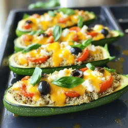 - 4 medium zucchinis - 1 cup quinoa - 2 cups vegetable broth - 1 cup cherry tomatoes, halved - 1/2 cup black olives, sliced - 1/2 cup feta cheese, crumbled - 1/4 cup fresh basil, chopped - 1 teaspoon dried oregano - Salt and pepper to taste - 1/2 cup mozzarella cheese, shredded When I make stuffed zucchini boats, I always start with fresh zucchinis. They are the star of the dish. I recommend choosing medium-sized zucchinis. They are easier to scoop and fill. Next, I use quinoa for a healthy base. It has a nice texture and is full of protein. For flavor, I add cherry tomatoes and black olives. The tomatoes add sweetness, while olives give a salty burst. Feta cheese adds a creamy and tangy touch. I love crumbling it into the filling. To enhance the taste, I use fresh basil and dried oregano. These herbs bring a bright, fresh flavor. I season with salt and pepper to make everything pop. Finally, I top each boat with shredded mozzarella cheese. It melts beautifully and adds a rich finish to the dish. You can find the full recipe above to see all the steps. - Preheat oven to 375°F (190°C). - Prepare a baking dish with parchment paper. - Slice each zucchini in half lengthwise and scoop out the flesh. - Boil vegetable broth in a medium saucepan. - Add the rinsed quinoa and let it simmer. - Set the cooked quinoa aside to cool. - Sauté the reserved zucchini flesh, cherry tomatoes, and olives in a skillet. - Mix the cooked quinoa with the sautéed vegetables, feta, and basil. - Fill each zucchini half with the quinoa mixture, pressing gently. - Sprinkle mozzarella cheese on top of the stuffed zucchinis. - Bake for 25-30 minutes until golden and bubbly. - Allow the zucchini boats to cool before serving. For the full recipe, check the detailed instructions above. Enjoy this easy and tasty dish! - Pick firm and fresh zucchinis. - Smaller zucchinis are often sweeter. Choosing the right zucchini is key to a great dish. Look for zucchinis that feel firm and heavy for their size. Avoid ones that feel soft or have blemishes. Smaller zucchinis tend to have a sweeter flavor and tender texture. I love using them for my stuffed zucchini boats because they cook evenly and hold their shape well. - Substitute quinoa with rice or couscous. - Add ground meat for a heartier meal. You can easily change up the filling. If you want a different grain, use rice or couscous instead of quinoa. Both options work great and add a nice texture. For a heartier meal, consider adding cooked ground meat like turkey or beef to the mix. This adds protein and makes the dish more filling, perfect for hungry families! - Experiment with spices like chili flakes. - Try different cheese combinations. To boost flavor, try adding spices like chili flakes for some heat. You can also mix in fresh herbs like parsley or dill for extra zest. Cheese is another area to play with. Swap feta with goat cheese or cheddar for a different taste. Each cheese brings its own character, so don't be afraid to experiment! If you want the full recipe, check out the complete details above. Enjoy cooking! {{image_4}} For a fun twist, you can easily make your zucchini boats vegetarian. Start by adding bell peppers or mushrooms to the filling. Both add great flavor and texture to your dish. If you're looking for a dairy-free option, try using vegan cheese alternatives. These can melt well and still give you that cheesy goodness. Want to travel the world with your taste buds? Try a Mediterranean style. Add sun-dried tomatoes for a rich, tangy flavor. If you prefer something more Southwestern, mix in black beans and corn. This adds a hearty touch and gives your zucchini boats a delicious kick. Make the most of what's fresh! Incorporate seasonal vegetables like spinach in spring or squash in fall. This not only boosts flavor but also keeps your meals exciting. Adapt your ingredients based on what’s in season. This way, you can enjoy different tastes throughout the year. For the full recipe, check out the Cheesy Mediterranean Stuffed Zucchini Boats. Store your leftover stuffed zucchini boats in an airtight container. This keeps them fresh. You should eat them within 3-4 days for the best taste. The flavors will stay great if stored properly. You can freeze uncooked zucchini boats for later meals. Just prepare them as per the Full Recipe, then place them in a freezer bag. When you want to eat them, thaw them overnight in the fridge before baking. This helps them cook evenly and taste delicious. For the best texture, reheat your stuffed zucchini boats in an oven. Set it to 350°F (175°C) and bake for about 15 minutes. You can also use a microwave for quick meals, but the oven gives a better result. Enjoy your tasty dishes warm! Follow the outlined recipe steps for best results. Start by preparing the zucchini. Preheat your oven to 375°F (190°C). Slice the zucchini in half and scoop out the flesh. Cook the quinoa in vegetable broth until tender. Sauté the zucchini flesh with tomatoes and olives. Mix everything together and fill the zucchini halves. Top with mozzarella cheese, then bake until golden. Yes, rice or farro work well as substitutes. Both grains provide a nice texture and taste. You can use leftover rice or even couscous if you have it on hand. Just adjust the cooking time based on what you choose. Cheese, fresh herbs, and breadcrumbs add flavor. You can use mozzarella, parmesan, or even goat cheese. Fresh herbs like basil or parsley brighten the dish. For a crunchy topping, sprinkle breadcrumbs mixed with olive oil before baking. Yes, they are low in calories and packed with nutrients. Zucchini is full of vitamins and fiber. The quinoa and veggies provide protein and antioxidants. Enjoying these boats can help you feel full and satisfied without extra calories. Stuffed zucchini boats are a tasty, healthy dish. We covered key ingredients like zucchini, quinoa, and flavorful toppings. You saw how to prepare, cook, and bake them step by step. Remember, you can mix and match ingredients to fit your taste or what you have on hand. Store extras right to enjoy later. Zucchini boats make a great meal choice. Try different flavors, and you'll find your favorite! Your kitchen will smell great, and you’ll love the results. Enjoy cooking!