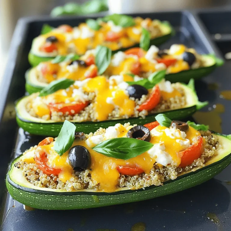 - 4 medium zucchinis - 1 cup quinoa - 2 cups vegetable broth - 1 cup cherry tomatoes, halved - 1/2 cup black olives, sliced - 1/2 cup feta cheese, crumbled - 1/4 cup fresh basil, chopped - 1 teaspoon dried oregano - Salt and pepper to taste - 1/2 cup mozzarella cheese, shredded When I make stuffed zucchini boats, I always start with fresh zucchinis. They are the star of the dish. I recommend choosing medium-sized zucchinis. They are easier to scoop and fill. Next, I use quinoa for a healthy base. It has a nice texture and is full of protein. For flavor, I add cherry tomatoes and black olives. The tomatoes add sweetness, while olives give a salty burst. Feta cheese adds a creamy and tangy touch. I love crumbling it into the filling. To enhance the taste, I use fresh basil and dried oregano. These herbs bring a bright, fresh flavor. I season with salt and pepper to make everything pop. Finally, I top each boat with shredded mozzarella cheese. It melts beautifully and adds a rich finish to the dish. You can find the full recipe above to see all the steps. - Preheat oven to 375°F (190°C). - Prepare a baking dish with parchment paper. - Slice each zucchini in half lengthwise and scoop out the flesh. - Boil vegetable broth in a medium saucepan. - Add the rinsed quinoa and let it simmer. - Set the cooked quinoa aside to cool. - Sauté the reserved zucchini flesh, cherry tomatoes, and olives in a skillet. - Mix the cooked quinoa with the sautéed vegetables, feta, and basil. - Fill each zucchini half with the quinoa mixture, pressing gently. - Sprinkle mozzarella cheese on top of the stuffed zucchinis. - Bake for 25-30 minutes until golden and bubbly. - Allow the zucchini boats to cool before serving. For the full recipe, check the detailed instructions above. Enjoy this easy and tasty dish! - Pick firm and fresh zucchinis. - Smaller zucchinis are often sweeter. Choosing the right zucchini is key to a great dish. Look for zucchinis that feel firm and heavy for their size. Avoid ones that feel soft or have blemishes. Smaller zucchinis tend to have a sweeter flavor and tender texture. I love using them for my stuffed zucchini boats because they cook evenly and hold their shape well. - Substitute quinoa with rice or couscous. - Add ground meat for a heartier meal. You can easily change up the filling. If you want a different grain, use rice or couscous instead of quinoa. Both options work great and add a nice texture. For a heartier meal, consider adding cooked ground meat like turkey or beef to the mix. This adds protein and makes the dish more filling, perfect for hungry families! - Experiment with spices like chili flakes. - Try different cheese combinations. To boost flavor, try adding spices like chili flakes for some heat. You can also mix in fresh herbs like parsley or dill for extra zest. Cheese is another area to play with. Swap feta with goat cheese or cheddar for a different taste. Each cheese brings its own character, so don't be afraid to experiment! If you want the full recipe, check out the complete details above. Enjoy cooking! {{image_4}} For a fun twist, you can easily make your zucchini boats vegetarian. Start by adding bell peppers or mushrooms to the filling. Both add great flavor and texture to your dish. If you're looking for a dairy-free option, try using vegan cheese alternatives. These can melt well and still give you that cheesy goodness. Want to travel the world with your taste buds? Try a Mediterranean style. Add sun-dried tomatoes for a rich, tangy flavor. If you prefer something more Southwestern, mix in black beans and corn. This adds a hearty touch and gives your zucchini boats a delicious kick. Make the most of what's fresh! Incorporate seasonal vegetables like spinach in spring or squash in fall. This not only boosts flavor but also keeps your meals exciting. Adapt your ingredients based on what’s in season. This way, you can enjoy different tastes throughout the year. For the full recipe, check out the Cheesy Mediterranean Stuffed Zucchini Boats. Store your leftover stuffed zucchini boats in an airtight container. This keeps them fresh. You should eat them within 3-4 days for the best taste. The flavors will stay great if stored properly. You can freeze uncooked zucchini boats for later meals. Just prepare them as per the Full Recipe, then place them in a freezer bag. When you want to eat them, thaw them overnight in the fridge before baking. This helps them cook evenly and taste delicious. For the best texture, reheat your stuffed zucchini boats in an oven. Set it to 350°F (175°C) and bake for about 15 minutes. You can also use a microwave for quick meals, but the oven gives a better result. Enjoy your tasty dishes warm! Follow the outlined recipe steps for best results. Start by preparing the zucchini. Preheat your oven to 375°F (190°C). Slice the zucchini in half and scoop out the flesh. Cook the quinoa in vegetable broth until tender. Sauté the zucchini flesh with tomatoes and olives. Mix everything together and fill the zucchini halves. Top with mozzarella cheese, then bake until golden. Yes, rice or farro work well as substitutes. Both grains provide a nice texture and taste. You can use leftover rice or even couscous if you have it on hand. Just adjust the cooking time based on what you choose. Cheese, fresh herbs, and breadcrumbs add flavor. You can use mozzarella, parmesan, or even goat cheese. Fresh herbs like basil or parsley brighten the dish. For a crunchy topping, sprinkle breadcrumbs mixed with olive oil before baking. Yes, they are low in calories and packed with nutrients. Zucchini is full of vitamins and fiber. The quinoa and veggies provide protein and antioxidants. Enjoying these boats can help you feel full and satisfied without extra calories. Stuffed zucchini boats are a tasty, healthy dish. We covered key ingredients like zucchini, quinoa, and flavorful toppings. You saw how to prepare, cook, and bake them step by step. Remember, you can mix and match ingredients to fit your taste or what you have on hand. Store extras right to enjoy later. Zucchini boats make a great meal choice. Try different flavors, and you'll find your favorite! Your kitchen will smell great, and you’ll love the results. Enjoy cooking!