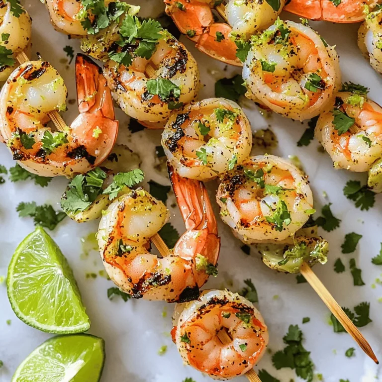 To make the marinade, start by mixing together the juice and zest of the limes in a bowl. Add two tablespoons of olive oil, two minced garlic cloves, one tablespoon of honey, one teaspoon of chili powder, and one teaspoon of smoked paprika. Don't forget to sprinkle in some salt and pepper to taste. Use a whisk to blend everything until it is smooth and well mixed. This marinade will give your shrimp a bright and zesty flavor. Tips for achieving the perfect consistency: - Make sure your ingredients are at room temperature for easier mixing. - If it feels too thick, add a little more olive oil or lime juice to loosen it up. Once your marinade is ready, add one pound of peeled and deveined shrimp to the bowl. Gently toss the shrimp until they are fully coated in the marinade. Cover the bowl tightly with plastic wrap or a lid. Place it in the fridge to marinate. Recommended marinating time: - Aim for at least 30 minutes, but two hours gives the best flavor. Importance of covering and refrigerating: - Covering the bowl keeps the shrimp fresh and prevents any cross-contamination. It also helps the flavors seep into the shrimp. While your shrimp are marinating, preheat your grill to medium-high heat. If you’re using wooden skewers, soak them in water for about 30 minutes. This step helps to keep them from burning on the grill. After marinating, carefully thread about four to five shrimp onto each skewer. Make sure to leave some space between each shrimp for even cooking. Cooking time and signs of doneness: - Grill the skewers for about 2-3 minutes on each side. You will know they are done when the shrimp turn a vibrant pink and have slight char marks. Be careful not to overcook them. Overcooked shrimp can become rubbery and tough. Once cooked, take the skewers off the grill and let them rest for one minute. This helps keep the shrimp juicy. Enjoy with fresh cilantro and lime wedges for an extra kick! For the full recipe, check out the detailed steps provided. To avoid overcooking shrimp, keep a close eye on them. Cook shrimp for just 2-3 minutes on each side. They should turn a bright pink color. If they curl tightly, they are likely overdone. Perfectly cooked shrimp feel firm but spring back when you press them. When using wooden skewers, soak them in water for 30 minutes. This step keeps them from burning on the grill. Thread 4 to 5 shrimp on each skewer. Make sure to space them evenly. This helps them cook uniformly and prevents sticking. For a beautiful dish, arrange the skewers on a large platter. Drizzle some leftover marinade over them for added flavor. Add lime wedges on the side. This way, guests can squeeze lime juice over the shrimp. Great side dishes include rice, fresh salads, or grilled veggies. These pair well with the zesty lime flavor. {{image_4}} You can play with flavors in your zesty lime grilled shrimp. If you like spice, try adding cayenne pepper or paprika. These spices give your shrimp a nice kick. You can also switch up the marinade. For a tropical twist, use coconut milk or a ginger-based marinade. Both add unique flavors and keep the shrimp juicy. Not everyone has a grill, and that's okay! You can bake or sauté the shrimp instead. To bake, preheat your oven to 400°F. Place the shrimp on a baking sheet and cook for 8-10 minutes. If you want shrimp that are crispy, use an air fryer. Set it to 400°F and cook for about 6-8 minutes. Check them often to avoid overcooking. When it comes to sides, you have many options. Fresh salads, rice, or grilled vegetables work well. They balance the flavors of the shrimp nicely. For drinks, consider pairing with a light white wine or a refreshing cocktail. A mojito or a citrus-based drink highlights the zesty lime flavor. Enjoy your meal with these tasty pairings! To keep your grilled shrimp fresh, use air-tight containers. This helps prevent moisture loss. Place the shrimp in the fridge within two hours of cooking. Grilled shrimp can stay safe in the fridge for up to three days. Ensure the shrimp are cooled before sealing the container. When reheating grilled shrimp, avoid the microwave if you want to keep flavor. Instead, try a skillet on low heat. Add a touch of olive oil to keep them moist. Stir gently until warm. You can also chop leftover shrimp for tacos or salads. They add great flavor and protein to any dish. To freeze grilled shrimp, let them cool completely. Then, place them in a single layer on a baking sheet. Freeze until solid, about one hour. After that, transfer the shrimp to a freezer bag. Squeeze out as much air as possible. You can use frozen shrimp in stir-fries or pasta dishes after thawing. Just remember to use them within three months for the best taste. Enjoy the full recipe for more delicious ideas! To season grilled shrimp, I like to use salt and pepper. These basics enhance the shrimp's natural taste. You can add spices like chili powder or smoked paprika for more flavor. These spices bring out the zesty lime taste in this dish. Just mix them into your marinade for a perfect balance. For the best flavor, marinate shrimp for at least 30 minutes. If you can, aim for up to 2 hours. This time allows the shrimp to soak up all those tasty lime and spice flavors. Remember, longer marinating times make a richer flavor but don’t go overboard. Too long can turn the shrimp mushy. Yes, you can use frozen shrimp! Just make sure to thaw them first. The best way is to leave them in the fridge overnight or run them under cold water. After thawing, pat them dry with paper towels. This helps the marinade stick better. Use them in your recipe just like fresh shrimp. Common mistakes include not preheating the grill and overcooking the shrimp. Always preheat your grill to medium-high heat. This gives you those nice grill marks. For cooking time, keep an eye on the shrimp. They only need about 2-3 minutes per side. Overcooked shrimp become rubbery, so watch closely. To get the best grill marks, make sure the grill is hot. Use oil on the grill grates or the shrimp to prevent sticking. Place the shrimp on the grill and don’t move them right away. Let them cook for a few minutes. This helps them sear nicely and creates those beautiful grill marks. Zesty Lime Grilled Shrimp is a delightful dish packed with flavor. We explored the ingredients, step-by-step instructions, and tips for perfect grilling. You can add unique twists, store leftovers, and reheat them easily. By mastering these techniques, your shrimp will impress everyone. Enjoy the tangy zing and the warm smoky taste in every bite. Now it's time to fire up the grill and savor this tasty dish!