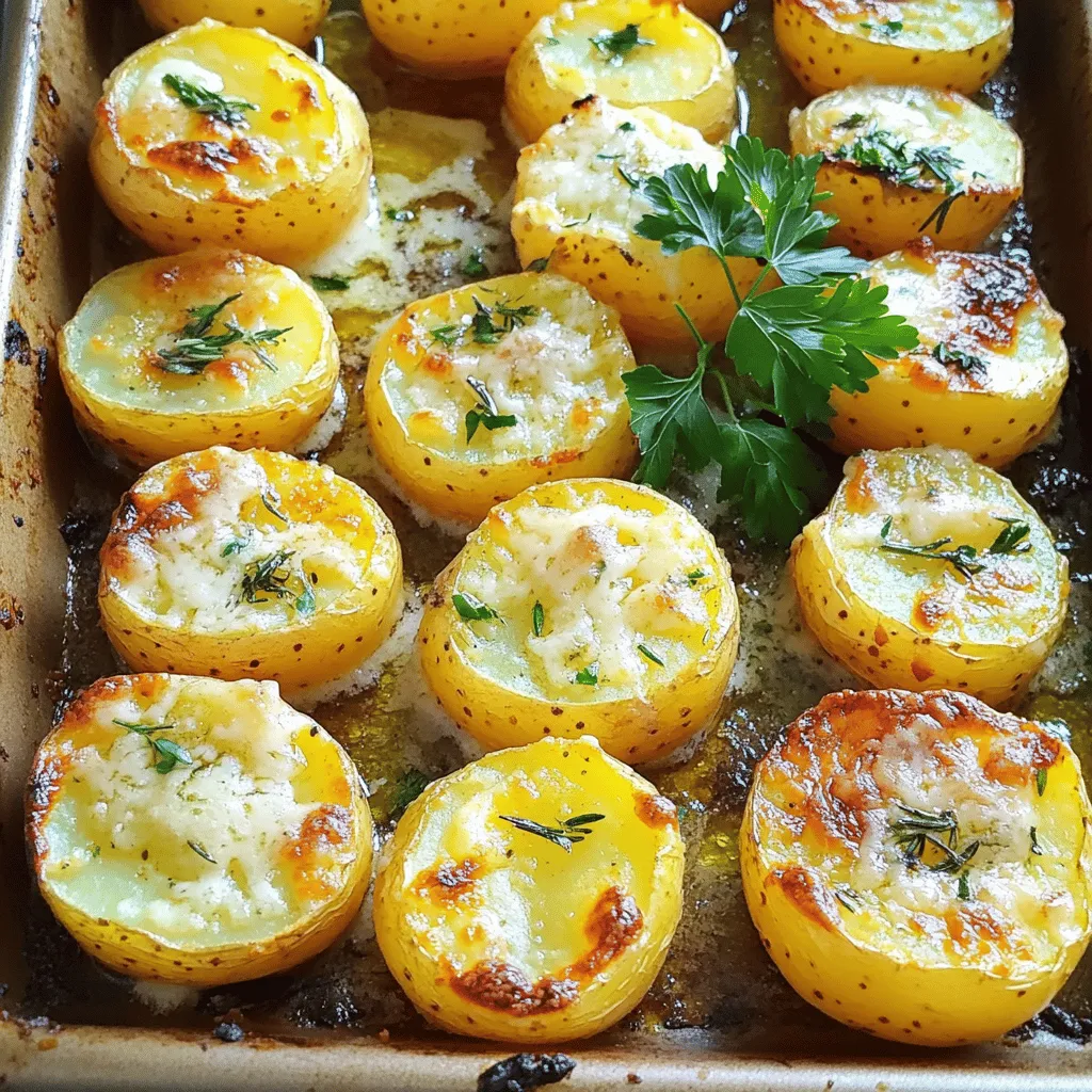 To make Garlic Parmesan Roasted Potatoes, you need the following ingredients: - 2 lbs baby potatoes, halved - 4 tablespoons extra virgin olive oil - 4 cloves of garlic, finely minced - 1 teaspoon dried rosemary - 1 teaspoon dried thyme - 1 cup freshly grated Parmesan cheese - Salt and freshly ground black pepper, to taste - Fresh parsley, finely chopped (for garnish) These simple ingredients come together to create a tasty side dish. The baby potatoes give a nice bite, while garlic adds bold flavor. Olive oil helps the seasonings stick and adds richness. The blend of rosemary and thyme gives a lovely herbal note. I always suggest using fresh garlic for the best taste. It enhances the overall flavor profile. The freshly grated Parmesan adds a nice cheesy crust that makes the dish irresistible. Feel free to adjust the seasoning to your liking. You can add more herbs or cheese based on your taste. For a more vibrant look, sprinkle extra parsley before serving. For the full recipe and more tips, check the recipe section above. - Preheat oven to 400°F (200°C). - In a large bowl, add 2 lbs of halved baby potatoes. - Drizzle 4 tablespoons of olive oil over the potatoes. - Toss gently until each potato is coated. - Add 4 cloves of minced garlic, 1 teaspoon dried rosemary, and 1 teaspoon dried thyme. - Season with salt and black pepper to taste. - Mix everything well to coat the potatoes. - Prepare a baking sheet with parchment paper or grease it lightly. - Spread the seasoned potatoes in a single layer on the sheet. - Place the baking sheet in the oven and roast for 25 minutes. - Check for a golden color on the potatoes. - Remove the baking sheet and sprinkle 1 cup of grated Parmesan cheese over the potatoes. - Make sure to cover them generously. - Return the baking sheet to the oven. - Roast for an additional 10-15 minutes until the cheese is golden and bubbly. - Remove the potatoes from the oven. - Let them cool for 2-3 minutes. - Garnish with fresh parsley for color and flavor. - Serve your Garlic Parmesan Roasted Potatoes warm and enjoy! For the complete recipe, check out the Full Recipe. How to achieve the perfect roast To get that crisp outside and soft inside, follow these steps: - Cut the potatoes into even halves. - Toss them well with olive oil and seasonings. - Spread them out on the baking sheet, leaving space between each potato. - Roast at 400°F (200°C) for about 25 minutes before adding cheese. Best type of potatoes for roasting I recommend using baby potatoes. They are small, tender, and have a great flavor. Red or Yukon Gold potatoes also work well. Their waxy texture helps them hold shape during roasting. Additional herbs and spices to consider You can boost flavor with different herbs. Try adding: - Fresh rosemary for a stronger flavor. - Paprika for a hint of smokiness. - A dash of cayenne for heat. Alternative cheese options If you're looking for a twist, use different cheeses. Here are some options: - Pecorino Romano adds a salty bite. - Gruyère brings a nutty flavor. - Vegan cheese can be used for a dairy-free option. Pairing with main dishes These roasted potatoes go great with many dishes. Serve them with: - Grilled chicken or fish for a complete meal. - A hearty steak for a cozy dinner. - Vegetarian dishes like stuffed peppers. Suggested dips or sauces For extra flavor, try these dips: - Garlic aioli for a creamy touch. - A tangy yogurt sauce with herbs. - Salsa verde for a fresh, zesty kick. You can find the full recipe for Garlic Parmesan Roasted Potatoes in the earlier sections. Enjoy! {{image_4}} You can change the flavor of your Garlic Parmesan Roasted Potatoes easily. Here are two tasty ideas: - Spicy Garlic Parmesan Roasted Potatoes: Add red pepper flakes to the garlic mix. This gives a nice kick. You can adjust the amount to suit your taste. Start with half a teaspoon and go from there. - Lemon Herb Garlic Parmesan Potatoes: Add lemon zest and juice for a fresh taste. Mix it in with the garlic and herbs. This brightens the dish and adds a zing. If you have dietary needs, you can still enjoy this dish: - Vegan alternative using nutritional yeast: Replace Parmesan cheese with nutritional yeast. This adds a cheesy flavor without dairy. Just sprinkle about half a cup over the potatoes. - Gluten-free adaptations: This recipe is already gluten-free. Just ensure your other ingredients are also gluten-free. Check labels for any hidden gluten. You can make this dish fit any season. Here’s how: - Using seasonal herbs or vegetables: In spring, use fresh chives or peas. In fall, add rosemary and thyme. You can even mix in sweet potatoes for a twist. This keeps the dish fresh and exciting all year. Explore these variations to make your Garlic Parmesan Roasted Potatoes even more fun! For the complete dish, check the Full Recipe. To keep leftover Garlic Parmesan Roasted Potatoes fresh, place them in an airtight container. Store them in the fridge. They last for about 3 to 4 days. When ready to eat, check for any off smells or dryness. If they seem fine, you can enjoy them again! For longer storage, you can freeze the potatoes. First, let them cool completely. Then, spread them on a baking sheet in a single layer. Freeze them for about 1 hour until firm. After that, transfer the potatoes to a freezer-safe bag. They can last up to 3 months in the freezer. When you're ready to enjoy them, thaw in the fridge overnight before reheating. To reheat Garlic Parmesan Roasted Potatoes, preheat your oven to 375°F (190°C). Spread the potatoes on a baking sheet. Bake them for about 15 to 20 minutes until they are hot and crispy again. You can also reheat them in a skillet over medium heat. Just add a splash of olive oil to help regain that crispy texture. Enjoy them warm! Can I use other types of potatoes? Yes, you can use other potatoes. Russet or Yukon Gold work well. They have good flavor and texture. Just cut them into bite-sized pieces for even cooking. How do I make these potatoes crispy? To get crispy potatoes, follow these tips: - Use enough olive oil to coat the potatoes well. - Spread them in a single layer on the baking sheet. - Avoid overcrowding, so they roast, not steam. - Finish with a high heat for a few minutes. What's the best way to reheat leftovers? Reheat leftovers in the oven at 350°F (175°C) for about 10-15 minutes. This keeps them crispy. You can also use an air fryer for a quick option. One serving of Garlic Parmesan Roasted Potatoes contains: - Calories: 320 - Total Fat: 18g - Saturated Fat: 6g - Cholesterol: 20mg - Sodium: 400mg - Total Carbohydrates: 36g - Dietary Fiber: 4g - Sugars: 1g - Protein: 8g How long should I roast if using larger potatoes? If you use larger potatoes, cut them into smaller pieces. Roast for 35-40 minutes instead of 25. Make sure they are golden and tender. Check with a fork for doneness. This blog post covered how to make Garlic Parmesan Roasted Potatoes. We discussed the ingredients, preparation steps, and roasting process. You also learned tips for flavor and serving. Variations exist for spices and dietary needs, giving you options for everyone. In conclusion, these roasted potatoes are easy and delicious. You can make them your own with simple changes. Whether for a main dish or a snack, they are sure to please. Enjoy cooking and sharing this tasty treat!