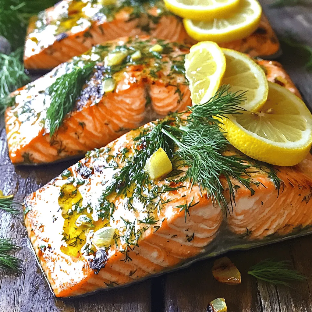 - 4 salmon fillets (each 6 ounces) - 2 tablespoons extra virgin olive oil - Zest and juice of 1 large lemon - 2 cloves garlic, finely minced - 1 tablespoon fresh dill, finely chopped - 1 tablespoon fresh parsley, finely chopped - 1 teaspoon sea salt - ½ teaspoon freshly ground black pepper The main ingredients are all about simple flavors. Salmon is rich and tasty, making it great for grilling. The herbs add freshness, while the lemon gives a bright kick. Olive oil keeps everything moist and adds depth. - Lemon slices - Fresh dill sprigs Garnishes are not just for looks. Lemon slices add a nice touch and enhance flavor. Fresh dill sprigs bring a pop of color and aroma. They make your dish look and taste better, so don’t skip them! For the full recipe, you can check out my detailed instructions. Enjoy making this flavorful dish! To make the marinade, gather a mixing bowl. In that bowl, add: - 2 tablespoons extra virgin olive oil - Zest and juice of 1 large lemon - 2 cloves garlic, finely minced - 1 tablespoon fresh dill, finely chopped - 1 tablespoon fresh parsley, finely chopped - 1 teaspoon sea salt - ½ teaspoon freshly ground black pepper Whisk these ingredients well. This mix smells great and packs a punch of flavor. Next, rinse the salmon fillets under cold water. Pat them dry using paper towels. This step helps the marinade stick better. Place the salmon in a shallow dish or a resealable plastic bag. Pour the marinade over the salmon. Make sure each fillet gets a good coat. Cover the dish or seal the bag. Let it marinate in the fridge for at least 30 minutes. This lets the flavors soak into the fish. While the salmon marinates, preheat your grill to medium-high heat. This means the grill should be hot but not too hot. To stop the salmon from sticking, use a paper towel dipped in vegetable oil to lightly oil the grill grates. Once the grill is ready, carefully place the salmon on it, skin-side down. Grill the fish for about 4 to 5 minutes. Do not move the fillets during this time. After that, use a spatula to flip the salmon. Grill for another 4 to 5 minutes. You will know the fish is done when it flakes easily with a fork. The internal temperature should reach 145°F (63°C). After grilling, take the salmon off the grill and let it rest for a few minutes. This keeps it juicy. For a lovely presentation, serve the grilled salmon on a bed of mixed greens. You can also pair it with grilled vegetables. Just before serving, add fresh lemon slices and sprigs of dill on top. This makes the dish look even more appealing. For extra flavor, drizzle a little lemon juice over the top before serving. For the full recipe, check out the details above. Enjoy your delicious Lemon Herb Grilled Salmon! To get those perfect grill marks, start by heating your grill to medium-high. This high temperature sears the salmon skin and gives it a nice char. When placing salmon on the grill, do not rush to flip it. Let it cook for about 4 to 5 minutes before turning. This helps create a crust that prevents sticking. After the first side is done, use a spatula to flip it gently. This will keep your salmon intact and looking great. Always remember to let your salmon rest after grilling. This resting time is key to keeping it juicy. Place the salmon on a plate and cover it lightly with foil for a few minutes. Also, avoid overcooking. Salmon cooks quickly, so watch it closely. The best sign it's ready is when it flakes easily with a fork and reaches 145°F. While the lemon herb marinade is fantastic, feel free to add more herbs. Fresh thyme or basil can really boost flavor. You can also swap the marinade for a teriyaki sauce for a sweet twist. If you want to try something new, use spices like paprika or chili powder. These can add a fun kick to your dish. Explore different flavors to find your favorite! For the full recipe, check out the Lemon Herb Grilled Salmon recipe. {{image_4}} You have options for cooking your lemon herb grilled salmon. Grilling gives it a smoky flavor and nice grill marks. Baking is another great choice. It cooks evenly and is simple. Just place the salmon in a baking dish and bake at 375°F for about 15-20 minutes. You can also pan-sear the salmon. Heat oil in a skillet over medium heat, place the salmon skin-side down, and cook for 4-5 minutes per side. Feel free to switch up the herbs in your marinade. Try using basil or thyme instead of dill and parsley. You can also add a touch of honey or maple syrup. This creates a sweet and savory blend that enhances the salmon's flavor. Another option is to mix in some chili flakes for a spicy kick. These small changes can make your dish unique every time. This recipe can fit many diets. It is naturally gluten-free. Just ensure your marinade ingredients are gluten-free. If you are on a low-carb diet, this dish is perfect. Salmon is rich in healthy fats and protein. Pair it with a side of grilled vegetables or a fresh salad for a complete meal that aligns with your diet. You can enjoy this delicious salmon without worry! For the full recipe, check out the Lemon Herb Grilled Salmon section. Store leftover lemon herb grilled salmon in an airtight container. This keeps the fish fresh. It’s best to eat the salmon within three days. To avoid spoilage, always cool it to room temperature before sealing. If you have extra marinade, it can add flavor when reheating. You can freeze salmon if you need to store it longer. Wrap each fillet in plastic wrap, then place them in a freezer bag. This prevents freezer burn. It’s best to use frozen salmon within three months for the best taste. For thawing, place it in the fridge overnight. If you’re in a hurry, you can use cold water in a sealed bag. When reheating, aim to keep the salmon moist. The best method is to use a skillet on low heat. Add a splash of water or broth to the pan. Cover it and heat slowly. Avoid using high heat as it can dry out the fish. You can also use the microwave, but do so with caution. Heat in short bursts and check often to keep the salmon tender. The best way to grill salmon is to start with a clean, hot grill. Preheat your grill to medium-high heat. This helps the fish cook evenly and gives it nice grill marks. - Use a little oil on the grill grates. This prevents sticking. - Place the salmon skin-side down on the grill. - Cook it undisturbed for 4 to 5 minutes. - Carefully flip the fillets and grill for another 4 to 5 minutes. - Look for the salmon to flake easily with a fork. It should reach 145°F (63°C) inside. Using these steps helps ensure a juicy, flavorful meal. For the best flavor, you should marinate the salmon for at least 30 minutes. This time lets the herbs and lemon sink into the fish. - If you have more time, you can marinate for up to 2 hours. - Avoid marinating longer than 2 hours. The acid in the lemon can make the fish mushy. Marinating is key to making your salmon burst with flavor. Yes, you can use frozen salmon for this recipe. Just remember to thaw it first. - The best way to thaw salmon is overnight in the fridge. - If you need it faster, you can place it in a sealed bag and run cold water over it. Using frozen salmon can be handy and still taste great when cooked right. Just make sure it is dry before you marinate it. In this post, we explored how to grill salmon perfectly. We covered the main ingredients, like fresh salmon and herbs, along with optional garnishes. You learned step-by-step instructions for marinating and grilling. I shared useful tips for great grill marks and how to keep salmon moist. We also discussed cooking variations and how to store leftover salmon. Cooking salmon can be simple and fun. With practice, you can make a tasty meal every time.