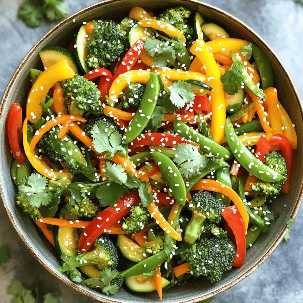 - Assorted bell peppers - Fresh broccoli florets - Sugar snap peas - Carrot (julienned) - Zucchini - Soy sauce (or tamari) - Sesame oil - Fresh ginger - Garlic - Cornstarch (optional) - Sesame seeds - Salt and pepper - Optional: Fresh herbs like cilantro Gather these ingredients before you start. Fresh vegetables bring great taste and color to your dish. Assorted bell peppers add sweetness, while broccoli gives a nice crunch. Sugar snap peas offer a pop of freshness. Julienned carrots provide color and sweetness, and zucchini adds texture. For flavors, use soy sauce or tamari. Sesame oil gives a nutty taste that enhances the dish. Fresh ginger and garlic add warmth and depth. If you want a thicker sauce, mix cornstarch with water. Finally, garnishes like sesame seeds and herbs will make your stir fry look fancy. Salt and pepper will balance all the flavors. Follow the [Full Recipe] for a complete guide to creating this vibrant meal! Start by washing all your vegetables thoroughly. Use cold water to remove any dirt. Slice the bell peppers into strips. Cut the broccoli into bite-sized florets. Trim the ends of the snap peas. Julienning the carrot means cutting it into thin matchsticks. Slice the zucchini into half-moons. Make sure all pieces are uniform in size. This ensures even cooking and a nice look. In a large skillet or wok, add sesame oil. Heat it over medium-high heat until the oil shimmers. This will give your stir-fry a lovely nutty flavor. If the oil gets too hot, it can smoke and taste bitter. You want it hot, but not smoking. Now, add minced garlic and ginger to the hot oil. Stir-fry them for about 30 seconds. You want them to become fragrant but not brown. Over-browning can give a bitter taste to the dish. Stir quickly to keep them from burning. Add the sliced bell peppers, broccoli florets, snap peas, julienned carrots, and sliced zucchini. Stir-fry for about 5-7 minutes. Keep stirring continuously. This helps the vegetables stay tender but crisp. Don’t overcrowd the pan; work in batches if needed. Drizzle soy sauce over the vegetables. Add salt and freshly cracked black pepper to taste. For a thicker sauce, use the cornstarch mixture. Mix the cornstarch with water before adding it. Stir constantly until everything blends well. If you used the cornstarch mix, cook it for an extra 1-2 minutes. Stir regularly until the sauce thickens and coats the vegetables nicely. This makes your dish look and taste great. Serve it right away for the best flavor. Enjoy your quick and easy vegetable stir fry! For a tasty stir-fry, use fresh, seasonal veggies. Seasonal vegetables have more flavor and nutrients. Think about using bell peppers, broccoli, and snap peas in spring. In summer, zucchini and carrots shine. Don't worry if you can't find a vegetable. You can swap it for another. For example, use spinach instead of broccoli. Just keep the cooking time in mind. The right pan makes a big difference. I recommend a wok or a large skillet. A wok heats quickly and cooks evenly. If you don't have a wok, any large non-stick pan works too. Make sure it has high sides to keep the veggies in. Grab a wooden spatula for easy stirring. You also need a sharp knife for quick chopping. Pair your stir-fry with fluffy rice or quinoa. Both options soak up the sauce well. For added color, sprinkle sesame seeds on top. Fresh herbs, like cilantro or green onions, make a great garnish too. You can even add a slice of lime for a zesty touch. This way, you create a beautiful and tasty meal. Enjoy the vibrant colors and flavors on your plate! {{image_4}} You can add protein to your vegetable stir fry for more nutrition. Tofu, chicken, or shrimp work great. If you choose tofu, use firm or extra-firm for the best results. For chicken, cut it into small pieces. Shrimp should be peeled and deveined. When adding protein, adjust cooking times. Cook chicken pieces for about 5-7 minutes until they are no longer pink. Shrimp cooks faster, taking just 3-4 minutes. Tofu needs a few minutes to brown. Always cook protein first, then add vegetables. Boost the taste of your stir fry with sauces. Hoisin sauce adds sweetness, while oyster sauce gives depth. You can mix in soy sauce or tamari for a gluten-free option. For spice lovers, try chili paste or sriracha. Start with a small amount, like a teaspoon, and taste. You can always add more if you like it hot. These enhancements make your dish exciting and full of flavor. You can make your stir fry fit various diets. For gluten-free options, use tamari instead of soy sauce. Check labels on sauces and ingredients to avoid gluten. If you want a vegan dish, skip the shrimp and use tofu as your protein. You can also add nuts for crunch. These adjustments let you enjoy a tasty stir fry that fits your needs. To keep your leftover vegetable stir fry fresh, use airtight containers. Glass or BPA-free plastic containers work best. Store your stir fry in the fridge. It stays good for about 3 to 4 days. When you reheat your stir fry, aim for even heat. The best way is to use a skillet on medium heat. Stir gently as you warm it. This keeps the veggies from getting mushy. If you prefer the microwave, use a microwave-safe dish. Heat in short bursts, stirring in between. Yes, you can freeze vegetable stir fry! To do this, let it cool completely first. Then, place it in freezer bags or airtight containers. Remove as much air as possible. When ready to eat, thaw it in the fridge overnight. Reheat it on the stove for the best texture. This method helps keep the veggies crisp and tasty. Cooked vegetable stir fry lasts about 3 to 5 days in the fridge. Store it in an airtight container. This keeps it fresh for your next meal. Always check for any changes in smell or color before eating leftovers. Yes, you can use frozen vegetables. They are convenient and save prep time. However, frozen veggies may lose some crunch. Adjust cooking time to about 3 to 5 minutes less. This helps maintain a nice texture. The best sauce is often soy sauce or tamari. You can also try teriyaki or hoisin for sweetness. Each sauce adds a unique flavor. Experiment to find your favorite mix! A vegetable stir fry is very healthy. It is packed with nutrients and low in calories. You get vitamins from the veggies and healthy fats from the oil. This dish is also easy to customize for diets. To make your stir fry less oily, use less sesame oil. You can also steam veggies first and then stir fry them. This helps cut down on oil while keeping flavors. Another tip is to use a non-stick pan. The best pan for stir frying is a wok. It spreads heat evenly and has high sides. This helps you toss the veggies without spilling. A large skillet also works if you don’t have a wok. In this blog post, I covered how to make a tasty vegetable stir fry. You learned about fresh veggies, seasonings, and the best cooking methods. I shared tips for choosing the right tools and ways to store leftovers. Stir fry offers a lot of room for creativity. You can swap vegetables, proteins, and sauces to fit your taste. This dish is easy, quick, and full of flavor. Now, you can enjoy a healthy and delicious meal any day!