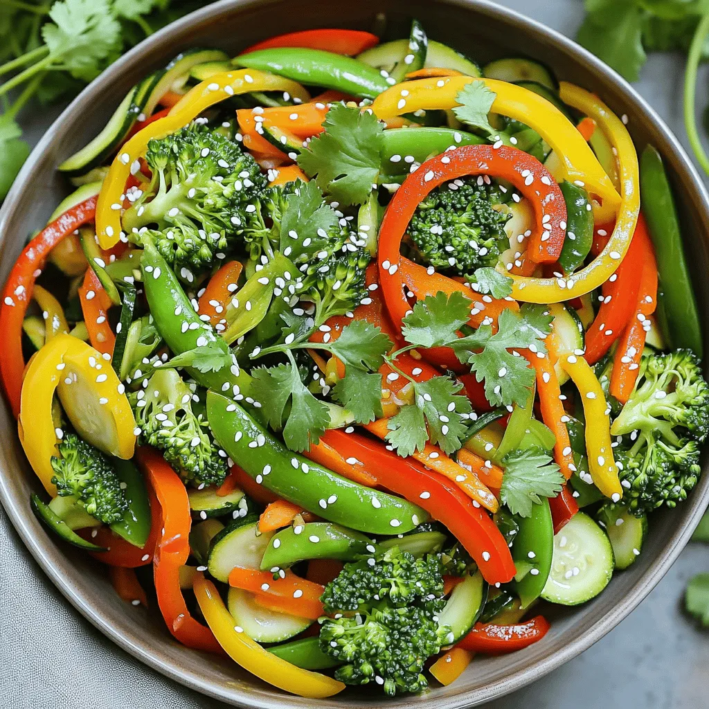 - Assorted bell peppers - Fresh broccoli florets - Sugar snap peas - Carrot (julienned) - Zucchini - Soy sauce (or tamari) - Sesame oil - Fresh ginger - Garlic - Cornstarch (optional) - Sesame seeds - Salt and pepper - Optional: Fresh herbs like cilantro Gather these ingredients before you start. Fresh vegetables bring great taste and color to your dish. Assorted bell peppers add sweetness, while broccoli gives a nice crunch. Sugar snap peas offer a pop of freshness. Julienned carrots provide color and sweetness, and zucchini adds texture. For flavors, use soy sauce or tamari. Sesame oil gives a nutty taste that enhances the dish. Fresh ginger and garlic add warmth and depth. If you want a thicker sauce, mix cornstarch with water. Finally, garnishes like sesame seeds and herbs will make your stir fry look fancy. Salt and pepper will balance all the flavors. Follow the [Full Recipe] for a complete guide to creating this vibrant meal! Start by washing all your vegetables thoroughly. Use cold water to remove any dirt. Slice the bell peppers into strips. Cut the broccoli into bite-sized florets. Trim the ends of the snap peas. Julienning the carrot means cutting it into thin matchsticks. Slice the zucchini into half-moons. Make sure all pieces are uniform in size. This ensures even cooking and a nice look. In a large skillet or wok, add sesame oil. Heat it over medium-high heat until the oil shimmers. This will give your stir-fry a lovely nutty flavor. If the oil gets too hot, it can smoke and taste bitter. You want it hot, but not smoking. Now, add minced garlic and ginger to the hot oil. Stir-fry them for about 30 seconds. You want them to become fragrant but not brown. Over-browning can give a bitter taste to the dish. Stir quickly to keep them from burning. Add the sliced bell peppers, broccoli florets, snap peas, julienned carrots, and sliced zucchini. Stir-fry for about 5-7 minutes. Keep stirring continuously. This helps the vegetables stay tender but crisp. Don’t overcrowd the pan; work in batches if needed. Drizzle soy sauce over the vegetables. Add salt and freshly cracked black pepper to taste. For a thicker sauce, use the cornstarch mixture. Mix the cornstarch with water before adding it. Stir constantly until everything blends well. If you used the cornstarch mix, cook it for an extra 1-2 minutes. Stir regularly until the sauce thickens and coats the vegetables nicely. This makes your dish look and taste great. Serve it right away for the best flavor. Enjoy your quick and easy vegetable stir fry! For a tasty stir-fry, use fresh, seasonal veggies. Seasonal vegetables have more flavor and nutrients. Think about using bell peppers, broccoli, and snap peas in spring. In summer, zucchini and carrots shine. Don't worry if you can't find a vegetable. You can swap it for another. For example, use spinach instead of broccoli. Just keep the cooking time in mind. The right pan makes a big difference. I recommend a wok or a large skillet. A wok heats quickly and cooks evenly. If you don't have a wok, any large non-stick pan works too. Make sure it has high sides to keep the veggies in. Grab a wooden spatula for easy stirring. You also need a sharp knife for quick chopping. Pair your stir-fry with fluffy rice or quinoa. Both options soak up the sauce well. For added color, sprinkle sesame seeds on top. Fresh herbs, like cilantro or green onions, make a great garnish too. You can even add a slice of lime for a zesty touch. This way, you create a beautiful and tasty meal. Enjoy the vibrant colors and flavors on your plate! {{image_4}} You can add protein to your vegetable stir fry for more nutrition. Tofu, chicken, or shrimp work great. If you choose tofu, use firm or extra-firm for the best results. For chicken, cut it into small pieces. Shrimp should be peeled and deveined. When adding protein, adjust cooking times. Cook chicken pieces for about 5-7 minutes until they are no longer pink. Shrimp cooks faster, taking just 3-4 minutes. Tofu needs a few minutes to brown. Always cook protein first, then add vegetables. Boost the taste of your stir fry with sauces. Hoisin sauce adds sweetness, while oyster sauce gives depth. You can mix in soy sauce or tamari for a gluten-free option. For spice lovers, try chili paste or sriracha. Start with a small amount, like a teaspoon, and taste. You can always add more if you like it hot. These enhancements make your dish exciting and full of flavor. You can make your stir fry fit various diets. For gluten-free options, use tamari instead of soy sauce. Check labels on sauces and ingredients to avoid gluten. If you want a vegan dish, skip the shrimp and use tofu as your protein. You can also add nuts for crunch. These adjustments let you enjoy a tasty stir fry that fits your needs. To keep your leftover vegetable stir fry fresh, use airtight containers. Glass or BPA-free plastic containers work best. Store your stir fry in the fridge. It stays good for about 3 to 4 days. When you reheat your stir fry, aim for even heat. The best way is to use a skillet on medium heat. Stir gently as you warm it. This keeps the veggies from getting mushy. If you prefer the microwave, use a microwave-safe dish. Heat in short bursts, stirring in between. Yes, you can freeze vegetable stir fry! To do this, let it cool completely first. Then, place it in freezer bags or airtight containers. Remove as much air as possible. When ready to eat, thaw it in the fridge overnight. Reheat it on the stove for the best texture. This method helps keep the veggies crisp and tasty. Cooked vegetable stir fry lasts about 3 to 5 days in the fridge. Store it in an airtight container. This keeps it fresh for your next meal. Always check for any changes in smell or color before eating leftovers. Yes, you can use frozen vegetables. They are convenient and save prep time. However, frozen veggies may lose some crunch. Adjust cooking time to about 3 to 5 minutes less. This helps maintain a nice texture. The best sauce is often soy sauce or tamari. You can also try teriyaki or hoisin for sweetness. Each sauce adds a unique flavor. Experiment to find your favorite mix! A vegetable stir fry is very healthy. It is packed with nutrients and low in calories. You get vitamins from the veggies and healthy fats from the oil. This dish is also easy to customize for diets. To make your stir fry less oily, use less sesame oil. You can also steam veggies first and then stir fry them. This helps cut down on oil while keeping flavors. Another tip is to use a non-stick pan. The best pan for stir frying is a wok. It spreads heat evenly and has high sides. This helps you toss the veggies without spilling. A large skillet also works if you don’t have a wok. In this blog post, I covered how to make a tasty vegetable stir fry. You learned about fresh veggies, seasonings, and the best cooking methods. I shared tips for choosing the right tools and ways to store leftovers. Stir fry offers a lot of room for creativity. You can swap vegetables, proteins, and sauces to fit your taste. This dish is easy, quick, and full of flavor. Now, you can enjoy a healthy and delicious meal any day!