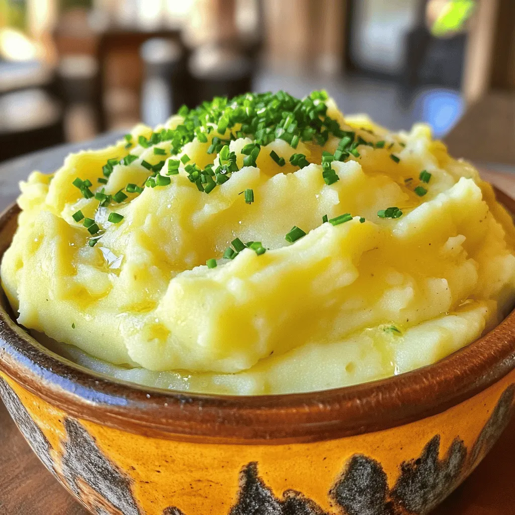 To make creamy garlic mashed potatoes, gather these key ingredients: - 2 pounds Yukon Gold potatoes, peeled and cut into 1-inch cubes - 4 cloves garlic, peeled and finely minced - ½ cup unsalted butter - ½ cup sour cream - ½ cup whole milk (or substitute with coconut milk for a dairy-free option) These ingredients create a rich and savory base for your mashed potatoes. Yukon Gold potatoes offer a buttery flavor and creamy texture. Fresh garlic adds the perfect punch. Butter and sour cream enhance the creaminess, while milk helps achieve a smooth finish. You can add even more flavor with these optional ingredients: - Fresh chives for garnish - Additional seasonings (garlic powder, onion powder) - Cheese (Parmesan or cheddar) Feel free to experiment with these extras. Fresh chives add a nice color and taste. Cheese can bring a delightful creaminess and depth to your dish. Customize it to your liking! For the full recipe, check out the details in the earlier sections. Start by preparing your Yukon Gold potatoes. Peel them and cut them into 1-inch cubes. This size helps them cook evenly. Place the cubed potatoes in a large pot. Cover them with at least an inch of water. Don’t forget to add a pinch of salt for flavor. Set the pot over medium-high heat. Bring the water to a rolling boil. Once it boils, reduce the heat to a simmer. Cook the potatoes for about 15 to 20 minutes. They are done when a fork easily pierces them. While the potatoes cook, melt the unsalted butter in a medium skillet. Use medium heat for this step. Once the butter is melted, add the minced garlic. Sauté the garlic for about 2 to 3 minutes. It should become fragrant and golden. Be careful not to let it burn; burnt garlic tastes bitter. When the potatoes are fully cooked, drain them in a colander. Return the drained potatoes to the pot to keep them warm. Pour the garlic-infused butter over the potatoes. Then add the sour cream and milk. Now it's time to mash! Use a potato masher or a hand mixer to mash the potatoes. Keep mashing until you reach your desired creaminess. For chunkier potatoes, mash less. Taste your mashed potatoes. Season with salt and freshly ground black pepper. Mix well after adding seasoning. Transfer your creamy garlic mashed potatoes to a serving dish. For a nice touch, garnish with fresh, chopped chives. This adds color and flavor. Enjoy your delicious dish! For the full recipe, check the recipe section above. To make the best creamy garlic mashed potatoes, adjust your milk and sour cream. Start with half a cup of each, then taste and change as needed. If you want it richer, add more sour cream. For a lighter version, increase the milk. Using a hand mixer gives you ultra-smooth potatoes. Mix on low speed to start, then increase the speed. Be careful not to over-mix, as it may make the potatoes gummy. Store leftover mashed potatoes in an airtight container. This keeps them fresh and prevents drying. They last about three days in the fridge. For longer storage, you can freeze them. Just make sure to use a freezer-safe container. To reheat without losing creaminess, add a splash of milk while warming. Heat them gently on the stove or microwave. Stir often to keep them smooth. Creamy garlic mashed potatoes pair well with many main dishes. They go great with roasted chicken, grilled steak, or baked fish. You can also serve them alongside hearty vegetable dishes for a tasty vegetarian meal. For gatherings, present the potatoes in a colorful bowl. Drizzle some melted butter on top or sprinkle more chives for a fresh look. This makes the dish even more inviting and delicious. Enjoy making these creamy garlic mashed potatoes! Check out the Full Recipe for all the details. {{image_4}} You can easily make these mashed potatoes dairy-free. Swap out the whole milk with coconut milk. It gives a subtle sweetness and creaminess. Use dairy-free butter instead of unsalted butter. Sour cream can be replaced with a dairy-free alternative like cashew cream. This way, everyone can enjoy the dish without missing out on flavor. To add more depth to your mashed potatoes, try fresh herbs. Rosemary and thyme bring a lovely aroma and taste. Simply chop a small amount and mix it in when mashing. Another great option is roasted garlic. Roasting garlic softens its flavor, making it sweet and rich. You can roast a head of garlic while your potatoes cook. Squeeze it into the mashed potatoes for a savory boost. These small changes can turn a good dish into a great one. For the full recipe, check out the complete guide on making creamy garlic mashed potatoes. To keep your creamy garlic mashed potatoes fresh, store them properly. Use an airtight container. Place the leftover mashed potatoes in the container and seal it tightly. Make sure to cool them to room temperature first. Refrigeration tips: - Store in the fridge for up to 3 days. - Reheat in the microwave or on the stove. Add a splash of milk to help bring back the creaminess. Freezing mashed potatoes for later use: - You can freeze mashed potatoes for up to 2 months. - Scoop them into freezer-safe bags. Flatten the bags to save space. - When ready to eat, thaw them in the fridge overnight. Reheat as mentioned above. Knowing how long your mashed potatoes last helps reduce waste. In the fridge, they last about 3 days. In the freezer, they last up to 2 months. Always check for any off smells or unusual textures before eating. For the full recipe, visit the main article. Yes, you can use other potatoes. Each type has a unique texture and flavor. For example, Russet potatoes are starchy and can create a light, fluffy mash. Red potatoes have a waxy texture and offer a creamier consistency. If you want a more earthy flavor, try using purple potatoes. Just keep in mind that different potatoes may change the final taste and texture of your creamy garlic mashed potatoes. To make your mashed potatoes fluffier, start by cooking them correctly. Boil them until fork-tender but not mushy. Drain them well to remove excess water. After that, use a potato masher instead of a mixer. This method introduces air and keeps them light. You can also add more milk or sour cream gradually. This will help achieve the desired fluffy texture without making them too wet. Creamy garlic mashed potatoes go well with many main courses. They are great with roast chicken or grilled steak. You can also serve them with baked salmon or sautéed vegetables. For a complete meal, pair them with a rich gravy or a savory mushroom sauce. These sides enhance the flavors and make every bite delightful. For more ideas, explore related recipes that complement this dish. Creamy garlic mashed potatoes are a comforting dish that anyone can enjoy. We covered essential ingredients like Yukon Gold potatoes and fresh garlic. You learned step-by-step cooking and mashing tips to get the perfect creamy texture. Plus, I shared ways to customize and store your leftovers. In the end, whether you opt for a dairy-free version or add herbs, these mashed potatoes can fit any meal. Enjoy making your own delicious version!