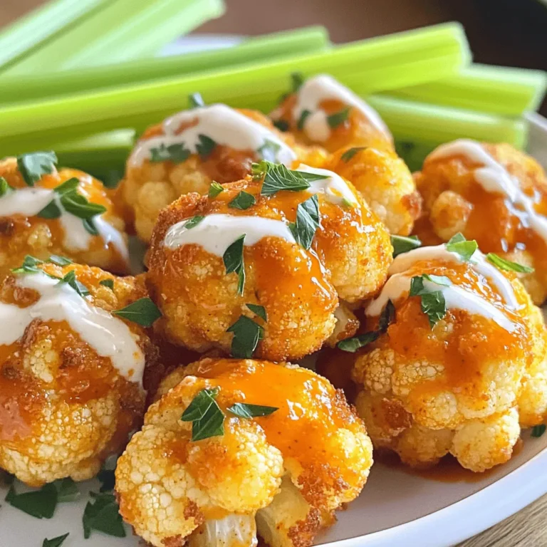 - Cauliflower florets - All-purpose flour - Buffalo sauce To make these Buffalo cauliflower bites, you need fresh cauliflower florets. You can buy a medium head and cut it into small pieces. The bite-size pieces cook evenly. All-purpose flour helps create a crispy outer layer. It binds well with the seasoning and coating. Buffalo sauce adds the signature spicy kick. You can choose your favorite brand or make your own. - Garlic powder - Onion powder - Smoked paprika - Cayenne pepper - Salt For flavor, use garlic powder, onion powder, and smoked paprika. These ingredients add depth and richness. If you like heat, add cayenne pepper. Adjust the amount based on your taste. Don't forget the salt; it enhances all the flavors. - Non-dairy milk alternatives - Avocado oil - Garnish options For a creamier batter, substitute water with non-dairy milk. Almond or oat milk works well. Drizzle avocado oil on the bites before baking. This helps them crisp up nicely. You can also add parsley as a garnish. It adds color and freshness to the dish. This simple list of ingredients will help you create the perfect Buffalo cauliflower bites for your next gathering. For the full recipe, check out the details above. Begin by preheating your oven to 450°F (230°C). This high heat helps make the cauliflower crispy. While the oven heats, grab a baking sheet and line it with parchment paper. This step is key to easy cleanup and prevents the bites from sticking. Next, let's make the batter. In a medium bowl, mix together the dry ingredients. Combine 1 cup of all-purpose flour, 1 teaspoon of garlic powder, 1 teaspoon of onion powder, 1/2 teaspoon of smoked paprika, 1/2 teaspoon of cayenne pepper, and 1/2 teaspoon of salt. Stir these well to blend the flavors. Now, gradually add 1 cup of water or non-dairy milk. Mix continuously until the batter is smooth and similar to pancake batter. If it seems too thick, add a little more liquid. Now it’s time to coat the cauliflower. Take each small floret and dip it into the batter. Make sure each piece is fully covered but let any extra batter drip off. Arrange the coated florets in a single layer on the baking sheet. Spacing them out helps them bake evenly. Drizzle 2 tablespoons of avocado oil over the florets. This will help them get extra crispy. Place the baking sheet in the oven and bake for 20-25 minutes. Flip the bites halfway through to ensure they cook evenly. Once they are golden brown and crispy, remove them from the oven. Immediately drizzle 1 cup of buffalo sauce over the hot cauliflower. Gently toss the florets to coat them. Return the baking sheet to the oven for another 10 minutes. This allows the sauce to stick to the bites. Once done, take them out and let them cool for a minute. Transfer the bites to a platter and garnish with chopped parsley. Serve them with crisp celery sticks and your choice of ranch or blue cheese dressing. Enjoy your crispy and flavorful Buffalo Cauliflower Bites! For the full recipe, check the details above. To get the best crispy bites, follow these tips: - Use a high oven temperature. Preheat to 450°F (230°C). - Coat the florets well in batter. Make sure each piece is fully covered. - Space them out on the baking sheet. This helps hot air circulate. - Flip them halfway through baking. This ensures even crispiness. These steps make your cauliflower bites nice and crunchy. To boost flavor, try these ideas: - Add more spices to the batter. Consider chili powder or cumin for warmth. - Mix in some nutritional yeast. It gives a cheesy taste without dairy. - Drizzle extra buffalo sauce on top before serving. It adds a kick. - Try different sauces. BBQ sauce or garlic aioli can change the game. Experimenting with flavors can make each batch unique. Presentation matters when serving your bites. Here are some fun ideas: - Arrange the bites on a large platter. Create a colorful circle with celery sticks around them. - Drizzle extra buffalo sauce over the bites. It looks great and adds flavor. - Serve with dipping sauces on the side. Ranch or blue cheese dressing pairs well. - Add some fresh herbs on top. Chopped parsley or cilantro can brighten the dish. These tips make your buffalo cauliflower bites look and taste amazing! Enjoy the full recipe for more details. {{image_4}} If you want more heat in your bites, try these ideas: - Add more cayenne pepper to the batter. - Mix in some hot sauce for an extra kick. - Use spicy buffalo sauce instead of regular. - Toss the baked florets in chili oil after cooking. These small tweaks will kick up the spice and make your taste buds dance. For those who need a gluten-free or vegan option, here are some ideas: - Substitute all-purpose flour with almond flour or chickpea flour. - For the batter, try using a mix of cornmeal and rice flour. - You can also use a vegan egg replacer with water. - Another option is to use a blend of oats and ground flaxseed. These alternatives still give you the crispy texture you crave. Buffalo sauce is great, but you can explore other flavors. Here are some tasty options: - Sweet chili sauce for a hint of sweetness. - BBQ sauce for a smoky twist. - Garlic parmesan sauce for a rich, creamy taste. - Try a spicy sriracha sauce for an Asian flair. Each sauce adds its unique touch and keeps things exciting! Check out the [Full Recipe] for more guidance. To store leftovers, let the bites cool completely. Place them in an airtight container. Keep them in the fridge for up to three days. When ready to eat, you can reheat them. For longer storage, freeze the bites. First, let them cool completely. Arrange them in a single layer on a baking sheet. Freeze for about an hour. Once frozen, transfer them to a freezer bag. They can last for up to three months in the freezer. To keep the bites crispy, avoid using a microwave. Instead, preheat your oven to 400°F (200°C). Place the bites on a baking sheet. Heat them for about 10-15 minutes. This method helps restore their crispy texture. You can also use an air fryer for a quick reheating option. Yes, you can use frozen cauliflower. Frozen cauliflower is convenient and saves time. It is usually pre-cut and ready to cook. However, it may have more moisture than fresh cauliflower. This extra moisture can affect the texture. If you use frozen, thaw and drain it well. Pat it dry to remove any excess water. Fresh cauliflower offers a firmer bite and better crispiness. Choose based on your needs and what you have on hand. You can easily make these bites gluten-free. Instead of all-purpose flour, use alternatives like almond flour or chickpea flour. Both options add flavor and texture. Almond flour gives a nutty taste, while chickpea flour adds a hearty feel. You can also try gluten-free all-purpose flour blends. These blends are designed to mimic regular flour. Adjust the amount of liquid if needed, as gluten-free flours can absorb more moisture. Dipping sauces enhance the flavors of your bites. Here are some great options: - Ranch dressing: Creamy and cool, it balances the heat of the buffalo sauce. - Blue cheese dressing: Bold and tangy, it pairs perfectly with spicy flavors. - Honey mustard: Sweet and tangy, it adds a nice twist. - Buffalo sauce: For those who love heat, drizzle extra buffalo sauce over your bites. The total prep time for Buffalo cauliflower bites is about 15 minutes. Cooking takes around 25 minutes. In total, you need about 50 minutes from start to finish. This makes it a quick and simple dish to enjoy. You now have a simple guide to making delicious Buffalo Cauliflower Bites. From the key ingredients to easy steps, I covered everything you need. Remember to use garlic powder, smoked paprika, and your favorite buffalo sauce for the best flavor. Don't forget the tips for crispy texture and serving options. Feel free to try spicy variations and different sauces. With proper storage, these bites can stay fresh and tasty. Enjoy making these bites, and don't hesitate to experiment and share your tasty creations!