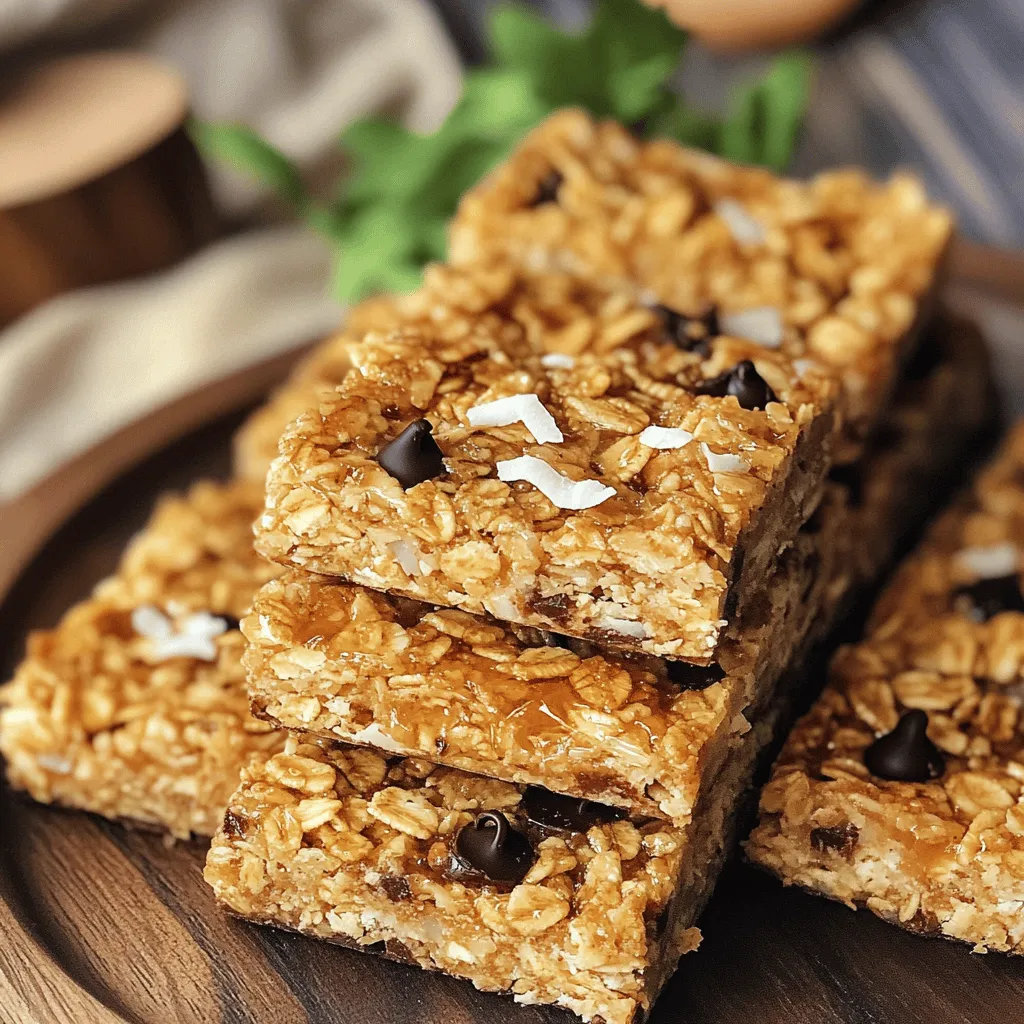 To make delicious granola bars, you need a few key ingredients. Here’s what you'll need: - 2 cups rolled oats - 1 cup unsweetened shredded coconut - 1/2 cup almond butter (or any nut butter of your choice) - 1/4 cup honey or maple syrup - 1/2 cup nuts (like almonds or walnuts), roughly chopped - 1/2 cup dark chocolate chips or chunks - 1/4 teaspoon sea salt - 1/2 teaspoon vanilla extract These ingredients create a tasty base for your bars. The oats provide fiber, while the nuts add healthy fats. The chocolate gives a sweet touch that everyone loves. You can customize your granola bars with optional ingredients. Here are some great add-ins to try: - 1/4 cup dried fruit (like cranberries, apricots, or raisins) - Seeds (such as pumpkin or sunflower seeds) - Spices (like cinnamon or nutmeg) - Protein powder for an extra boost Feel free to mix and match these extras. They can enhance flavor and nutrition, making your bars even better! Homemade granola bars are not just tasty; they are healthy too. Here’s a quick look at the benefits: - Calories: About 150 per bar - Protein: Around 4 grams - Fiber: About 3 grams - Healthy Fats: Thanks to nuts and nut butter These bars provide energy and keep you full. You can enjoy them as a snack or breakfast. They fit well into a balanced diet! For the full recipe, click [Full Recipe]. Making granola bars is easy. You will need to gather your ingredients first. The process involves mixing, baking, and cooling. Here’s how to do it. 1. Preheat the Oven: First, set your oven to 350°F (175°C). Line an 8x8 inch baking pan with parchment paper. Let some paper hang over the edges. 2. Mix Dry Ingredients: In a large bowl, combine the rolled oats, shredded coconut, chopped nuts, dark chocolate chips, and sea salt. Stir everything well with a spoon. 3. Combine Wet Ingredients: In a small pot, add the almond butter and honey (or maple syrup). Heat it gently while stirring until it melts. Then, take it off the heat and mix in the vanilla extract. 4. Combine Mixtures: Pour the warm almond butter mix over the dry ingredients. Use a spatula to fold them together gently. If you want, add dried fruits here and mix. 5. Press into Pan: Spoon the mixture into the lined baking pan. Use your hands or a spatula to press it down firmly. Make sure it is compact for better bars. 6. Bake: Place the pan in the oven. Bake for about 20-25 minutes. The edges should be a golden brown. Watch closely so they don’t burn. 7. Cool and Slice: Take the pan from the oven and let it cool for 10 minutes. Use the parchment paper to lift the granola out. Place it on a wire rack to cool completely before cutting it into bars. 8. Store: Keep the granola bars in an airtight container. They last a week at room temperature or longer in the fridge. These steps will help you create delicious granola bars. For the full recipe, refer back to the ingredients and instructions. Enjoy your homemade treat! To get that perfect crunch, use old-fashioned rolled oats. They hold their shape well. Next, make sure to pack your mixture tightly in the pan. This helps the bars stay together. Bake until the edges turn golden brown, but watch them closely. A few minutes too long can lead to a dry bar. Lastly, let the bars cool completely before slicing. This step is key for a clean cut. One common mistake is not measuring ingredients correctly. Use a kitchen scale for accuracy. Another mistake is skipping the pressing step. If the mixture isn’t packed tightly, your bars may crumble. Avoid using too much liquid, as it can make the bars soggy. Lastly, don’t skip the cooling time. Cutting them too soon leads to a messy result. These bars make a great snack anytime! Pair them with yogurt and fresh fruit for a hearty breakfast. You can also crumble them on top of oatmeal for added crunch. For a midday treat, enjoy them with a cup of tea or coffee. Wrap each bar in parchment for easy grab-and-go snacks. You can even serve them at parties, sliced into bite-sized pieces. Everyone loves a homemade treat! {{image_4}} To make your granola bars vegan, simply swap honey for maple syrup. This change makes the bars plant-based. Use almond butter or any nut butter that is dairy-free. You can also add ingredients like chia seeds or flaxseed for extra nutrition. Both options work well and keep the bars delicious. If you need gluten-free granola bars, choose certified gluten-free oats. These oats ensure no cross-contamination occurs. You can also replace regular chocolate chips with gluten-free options. This small change keeps your bars safe for gluten-sensitive friends and family. Feel free to get creative with flavors! Add dried fruits like cranberries or apricots for sweetness. You can mix different nuts, such as almonds, walnuts, or pecans, for added crunch. Try spices like cinnamon or nutmeg for warmth. Each combination brings a unique taste, making every batch a new adventure. For the complete recipe, check out the Full Recipe section. I love to keep my homemade granola bars fresh and tasty. To do this, I store them in an airtight container. This keeps moisture out and helps them stay crunchy. If you want them to last longer, use wax paper between layers. This prevents sticking. When stored at room temperature, granola bars last about one week. Keep them in a cool, dry place. If you refrigerate them, they can last up to two weeks. Just remember, refrigeration may make them a bit chewy. For longer storage, freezing is a great option. Wrap each granola bar in plastic wrap. Then, place them in a freezer-safe bag. They can last for up to three months in the freezer. When you’re ready to eat, just thaw them at room temperature. Enjoy your crunchy coconut-chocolate granola bars whenever you like! For the full recipe, check out the Crunchy Coconut-Chocolate Granola Bars section. You can easily make nut-free granola bars. Just skip the nuts and use seeds instead. Sunflower seeds or pumpkin seeds work great. You can also add more dried fruit for flavor and texture. The rest of the recipe stays the same. This way, your bars remain crunchy and tasty. Yes, you can use other sweeteners instead of honey. Maple syrup is a great choice. Agave nectar or brown rice syrup also works well. Each sweetener has a different taste, so feel free to experiment. Just keep the same amount as the honey in the recipe. Homemade granola bars are healthy and full of good stuff. They have fiber from oats, which helps digestion. You control the sugar, so they can be low in added sugars. You can also add seeds or dried fruit for added vitamins and minerals. Eating these bars gives you energy for your day. Customizing granola bars is easy! For gluten-free bars, use gluten-free oats. If you need them vegan, swap honey for maple syrup. You can also add or remove ingredients based on allergies or tastes. Just stick to the same basic structure of oats, binder, and sweetener. You can always check the Full Recipe for different options. This article covered all you need to know about making granola bars. We talked about main and optional ingredients, plus their nutrition. You learned step-by-step instructions for crunchy coconut-chocolate bars. I shared tips for perfect bars and common mistakes to avoid. We explored variations for different diets and great storage practices. Homemade granola bars are not only tasty but also easy to customize. With these insights, you can make bars that fit your needs and taste. Happy cooking!