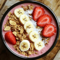 - 1 cup frozen strawberries - 1 ripe banana - 1/2 cup Greek yogurt (plain or vanilla) - 1/2 cup almond milk (or any milk of your choice) - 1 tablespoon honey or maple syrup (optional) - 1 tablespoon chia seeds - Toppings: granola, fresh banana slices, halved strawberries, shredded coconut, nuts/seeds I love starting my day with a Strawberry Banana Smoothie Bowl. It is not only tasty but also packed with nutrients. Here’s what you need to make it. First, grab 1 cup of frozen strawberries. Frozen fruit makes it cold and thick. Next, take 1 ripe banana. Its natural sweetness shines through. For creaminess, use 1/2 cup of Greek yogurt. You can choose plain or vanilla. Then, pour in 1/2 cup of almond milk or your favorite milk. This gives the smoothie a nice flow. If you love a little sweetness, add 1 tablespoon of honey or maple syrup. This step is optional. Now, for a boost, consider adding 1 tablespoon of chia seeds. These tiny seeds pack a punch of nutrition! For toppings, you can go wild. I suggest granola for crunch. Sliced fresh banana adds more fruit flavor. Halved strawberries brighten it up. Shredded coconut gives a nice texture. Don't forget nuts or seeds for extra protein! These ingredients work together to create a delicious and healthy breakfast. You can mix and match based on what you have. For the full recipe, check out the Strawberry Banana Bliss Smoothie Bowl . - First, blend together the frozen strawberries, banana, Greek yogurt, and almond milk. - If you want it sweeter, add honey or maple syrup. - Blend on high until smooth and creamy. - If the mixture is too thick, add more almond milk to thin it out. - After blending, gently stir in the chia seeds. - Chia seeds add fiber and omega-3s, boosting nutrition. - Pour the smoothie into a bowl. - Create a beautiful base for your toppings. - Start with granola, then add sliced banana and halved strawberries. - Top with shredded coconut and a sprinkle of nuts or seeds. - Serve right away for the best taste and texture. For the complete recipe, check out the Full Recipe section. To get the right thickness for your smoothie bowl, use frozen fruit. The frozen strawberries make it creamy. If your smoothie is too thick, add a splash of almond milk. Blend again until smooth. For a thicker bowl, reduce the almond milk. You can also use less yogurt. Toppings add flavor and nutrition. I love granola for a crunchy bite. Fresh banana slices taste great and add sweetness. Halved strawberries look beautiful and are juicy. Shredded coconut gives a tropical twist. Nuts like almonds or walnuts add protein and crunch. Mix and match for fun combinations! Make your smoothie bowl visually stunning. Use a wide, shallow bowl for a nice display. Spoon the smoothie in the center, leaving space for toppings. Arrange the granola and fruits in a rainbow pattern. A sprinkle of coconut and nuts on top looks inviting. Serve with a colorful spoon to brighten your day! {{image_4}} You can change the fruits for different tastes. Try using mango instead of strawberries for a tropical vibe. Peaches add a sweet, juicy touch. Blueberries give a fun color and great flavor. Always pick ripe fruits for the best taste. Mixing fruits keeps your breakfast exciting and fresh. If you want non-dairy options, there are many good choices. Coconut yogurt has a creamy texture and adds a hint of coconut flavor. Almond milk or oat milk works well instead of regular milk. Both options keep your smoothie bowl light and yummy. Choose the one that fits your taste and diet. Want to make your smoothie bowl even better? Add superfoods like spinach for more vitamins. You won't taste it, but it adds great nutrition. Protein powder is another easy way to boost your meal. It helps keep you full longer. Chia seeds are already in the recipe, but you can add more for extra fiber and omega-3s. To store leftovers in the fridge, first let the bowl cool. Transfer any extra smoothie into an airtight container. This keeps it fresh for up to 24 hours. When you're ready to eat, stir it well. You may need to add a splash of almond milk if it thickens. You can freeze the smoothie mixture for later use. Pour the smoothie into ice cube trays or freezer bags. This way, you can grab just what you need later. The mixture will stay good for about a month. Just remember to label your containers with the date. To thaw your smoothie, take it out of the freezer. Place it in the fridge for a few hours or overnight. This keeps the texture nice. If you're in a hurry, you can use the microwave. Just use short bursts on low power, stirring in between. This helps avoid hot spots. A Strawberry Banana Smoothie Bowl has about 250-300 calories per serving. Here’s a breakdown of the key nutrients: - Frozen strawberries (1 cup): 50 calories - Ripe banana (1 medium): 105 calories - Greek yogurt (1/2 cup): 100 calories - Almond milk (1/2 cup): 15 calories - Honey or maple syrup (1 tablespoon): 60 calories (optional) This gives you a healthy breakfast packed with vitamins and minerals. Yes, you can prep this smoothie bowl ahead of time! Here are some tips: - Blend and store: Make the smoothie base and keep it in an airtight container. - Refrigerate: It stays fresh for up to 24 hours in the fridge. - Add toppings later: Wait to add the toppings until you're ready to serve. This keeps them crunchy and fresh. If you want an alternative to Greek yogurt, try these options: - Regular yogurt: Use plain or flavored varieties. - Dairy-free yogurt: Coconut or almond yogurt works well. - Silken tofu: This adds creaminess without dairy. These options will keep your smoothie bowl tasty and healthy. To achieve a thicker texture for your smoothie base, follow these techniques: - Use frozen fruit: Frozen strawberries or bananas blend into a creamier base. - Add less liquid: Start with a smaller amount of almond milk and add slowly. - Include chia seeds: They absorb liquid and help thicken the mixture. These tips will give your smoothie bowl a nice, thick feel. You now have a simple, delicious recipe for a Strawberry Banana Smoothie Bowl. We covered the main ingredients and optional add-ins, showing how to blend them for a creamy treat. You learned tips to perfect its texture and ideas to boost nutrition. Don't forget, you can switch fruits or dairy for more variety. Please store leftovers correctly, and remember to enjoy your smoothie bowl fresh. Smoothie bowls are not just tasty; they can also be healthy. Now, give it a try and have fun making your own creations!