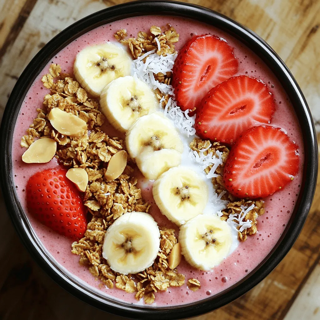 - 1 cup frozen strawberries - 1 ripe banana - 1/2 cup Greek yogurt (plain or vanilla) - 1/2 cup almond milk (or any milk of your choice) - 1 tablespoon honey or maple syrup (optional) - 1 tablespoon chia seeds - Toppings: granola, fresh banana slices, halved strawberries, shredded coconut, nuts/seeds I love starting my day with a Strawberry Banana Smoothie Bowl. It is not only tasty but also packed with nutrients. Here’s what you need to make it. First, grab 1 cup of frozen strawberries. Frozen fruit makes it cold and thick. Next, take 1 ripe banana. Its natural sweetness shines through. For creaminess, use 1/2 cup of Greek yogurt. You can choose plain or vanilla. Then, pour in 1/2 cup of almond milk or your favorite milk. This gives the smoothie a nice flow. If you love a little sweetness, add 1 tablespoon of honey or maple syrup. This step is optional. Now, for a boost, consider adding 1 tablespoon of chia seeds. These tiny seeds pack a punch of nutrition! For toppings, you can go wild. I suggest granola for crunch. Sliced fresh banana adds more fruit flavor. Halved strawberries brighten it up. Shredded coconut gives a nice texture. Don't forget nuts or seeds for extra protein! These ingredients work together to create a delicious and healthy breakfast. You can mix and match based on what you have. For the full recipe, check out the Strawberry Banana Bliss Smoothie Bowl . - First, blend together the frozen strawberries, banana, Greek yogurt, and almond milk. - If you want it sweeter, add honey or maple syrup. - Blend on high until smooth and creamy. - If the mixture is too thick, add more almond milk to thin it out. - After blending, gently stir in the chia seeds. - Chia seeds add fiber and omega-3s, boosting nutrition. - Pour the smoothie into a bowl. - Create a beautiful base for your toppings. - Start with granola, then add sliced banana and halved strawberries. - Top with shredded coconut and a sprinkle of nuts or seeds. - Serve right away for the best taste and texture. For the complete recipe, check out the Full Recipe section. To get the right thickness for your smoothie bowl, use frozen fruit. The frozen strawberries make it creamy. If your smoothie is too thick, add a splash of almond milk. Blend again until smooth. For a thicker bowl, reduce the almond milk. You can also use less yogurt. Toppings add flavor and nutrition. I love granola for a crunchy bite. Fresh banana slices taste great and add sweetness. Halved strawberries look beautiful and are juicy. Shredded coconut gives a tropical twist. Nuts like almonds or walnuts add protein and crunch. Mix and match for fun combinations! Make your smoothie bowl visually stunning. Use a wide, shallow bowl for a nice display. Spoon the smoothie in the center, leaving space for toppings. Arrange the granola and fruits in a rainbow pattern. A sprinkle of coconut and nuts on top looks inviting. Serve with a colorful spoon to brighten your day! {{image_4}} You can change the fruits for different tastes. Try using mango instead of strawberries for a tropical vibe. Peaches add a sweet, juicy touch. Blueberries give a fun color and great flavor. Always pick ripe fruits for the best taste. Mixing fruits keeps your breakfast exciting and fresh. If you want non-dairy options, there are many good choices. Coconut yogurt has a creamy texture and adds a hint of coconut flavor. Almond milk or oat milk works well instead of regular milk. Both options keep your smoothie bowl light and yummy. Choose the one that fits your taste and diet. Want to make your smoothie bowl even better? Add superfoods like spinach for more vitamins. You won't taste it, but it adds great nutrition. Protein powder is another easy way to boost your meal. It helps keep you full longer. Chia seeds are already in the recipe, but you can add more for extra fiber and omega-3s. To store leftovers in the fridge, first let the bowl cool. Transfer any extra smoothie into an airtight container. This keeps it fresh for up to 24 hours. When you're ready to eat, stir it well. You may need to add a splash of almond milk if it thickens. You can freeze the smoothie mixture for later use. Pour the smoothie into ice cube trays or freezer bags. This way, you can grab just what you need later. The mixture will stay good for about a month. Just remember to label your containers with the date. To thaw your smoothie, take it out of the freezer. Place it in the fridge for a few hours or overnight. This keeps the texture nice. If you're in a hurry, you can use the microwave. Just use short bursts on low power, stirring in between. This helps avoid hot spots. A Strawberry Banana Smoothie Bowl has about 250-300 calories per serving. Here’s a breakdown of the key nutrients: - Frozen strawberries (1 cup): 50 calories - Ripe banana (1 medium): 105 calories - Greek yogurt (1/2 cup): 100 calories - Almond milk (1/2 cup): 15 calories - Honey or maple syrup (1 tablespoon): 60 calories (optional) This gives you a healthy breakfast packed with vitamins and minerals. Yes, you can prep this smoothie bowl ahead of time! Here are some tips: - Blend and store: Make the smoothie base and keep it in an airtight container. - Refrigerate: It stays fresh for up to 24 hours in the fridge. - Add toppings later: Wait to add the toppings until you're ready to serve. This keeps them crunchy and fresh. If you want an alternative to Greek yogurt, try these options: - Regular yogurt: Use plain or flavored varieties. - Dairy-free yogurt: Coconut or almond yogurt works well. - Silken tofu: This adds creaminess without dairy. These options will keep your smoothie bowl tasty and healthy. To achieve a thicker texture for your smoothie base, follow these techniques: - Use frozen fruit: Frozen strawberries or bananas blend into a creamier base. - Add less liquid: Start with a smaller amount of almond milk and add slowly. - Include chia seeds: They absorb liquid and help thicken the mixture. These tips will give your smoothie bowl a nice, thick feel. You now have a simple, delicious recipe for a Strawberry Banana Smoothie Bowl. We covered the main ingredients and optional add-ins, showing how to blend them for a creamy treat. You learned tips to perfect its texture and ideas to boost nutrition. Don't forget, you can switch fruits or dairy for more variety. Please store leftovers correctly, and remember to enjoy your smoothie bowl fresh. Smoothie bowls are not just tasty; they can also be healthy. Now, give it a try and have fun making your own creations!