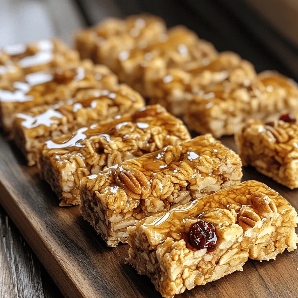 - 2 cups rolled oats - 1 cup pecans, roughly chopped - 1/2 cup almond butter - 1/3 cup pure maple syrup - 1/2 cup honey (or agave syrup as a vegan option) - 1/4 teaspoon salt - 1/2 teaspoon vanilla extract - 1/2 cup dried cranberries (or raisins) - 1/2 teaspoon cinnamon I love using simple ingredients to make my granola bars. Each item plays an important role. The rolled oats are the base. They add fiber and keep you full. Pecans give a nice crunch and healthy fats. Almond butter binds everything together. It also adds a nutty flavor that I adore. Maple syrup brings natural sweetness. Honey can replace it for a different taste. The salt enhances all the flavors. Vanilla extract adds a warm aroma. Dried cranberries (or raisins) offer a sweet, chewy bite. Lastly, cinnamon adds a warm spice that rounds out the taste. - Calories per serving: About 180 calories - Macronutrient breakdown: - Carbohydrates: 25g - Protein: 5g - Fat: 7g These bars are a great snack. They are perfect for breakfast or an afternoon pick-me-up. You get energy from the carbs and protein from the nuts and almond butter. The healthy fats keep you satisfied. Each bite is not just tasty but also nutritious. For the full recipe, check out the details above. Start by preheating your oven to 350°F (175°C). This helps the bars bake evenly. Next, prepare an 8x8-inch baking dish. Line it with parchment paper, leaving some paper hanging over the sides. This makes it easy to lift the bars out later. In a large mixing bowl, mix the dry ingredients. Combine 2 cups rolled oats, 1 cup chopped pecans, 1/4 teaspoon salt, and 1/2 teaspoon cinnamon. Stir well to blend everything. In a small saucepan over low heat, add 1/2 cup almond butter, 1/3 cup pure maple syrup, 1/2 cup honey (or agave syrup), and 1/2 teaspoon vanilla extract. Stir until it's smooth. Avoid boiling the mixture. Once your almond butter mixture is warm, pour it over the dry ingredients. Mix until everything is coated well. Gently fold in 1/2 cup dried cranberries. Transfer this mix to your prepared baking dish. Use a spatula to press it down firmly into an even layer. Place the dish in the oven. Bake for 20 to 25 minutes, until the edges turn golden brown. After baking, let it cool completely in the pan. Lift it out using the parchment paper and cut it into squares. Store your delicious granola bars in an airtight container at room temperature for up to one week. For more details, check the Full Recipe. Getting the right texture and flavor in your maple pecan granola bars is key. First, measure your ingredients accurately. This will ensure a balanced mix. Too many oats can make the bars dry. Too few can make them too sticky. Use a kitchen scale if you have one. This helps with precise measurements. Next, let’s talk about sweetness. Maple syrup adds a great taste, but balance is important. Too much syrup can make the bars overly sweet. You want just enough to enhance the flavor without overpowering it. Aim for a nice blend that keeps the bars tasty and healthy. When it comes to serving, presentation matters. You can drizzle the bars with extra maple syrup for a sweet touch. This adds both flavor and visual appeal. You might also sprinkle some chopped pecans on top for crunch. Cutting the bars into uniform pieces helps with serving. Use a sharp knife and cut straight down. This makes the bars easy to grab for snacks or lunch boxes. You can also wrap them individually for a fun and easy grab-and-go option. One mistake to avoid is overbaking your granola bars. If you bake them too long, they become hard and dry. Keep an eye on them in the oven, and look for a golden brown edge. Another common error is not pressing the mixture down firmly enough. If it’s too loose, the bars won’t hold together. Use a spatula or your hands to press down hard. This helps the bars stick together during baking. Following these tips can make your maple pecan granola bars a hit! For the full recipe, check out the details above. {{image_4}} To make these granola bars gluten-free, choose certified gluten-free oats. Regular oats may contain gluten from cross-contamination. By using gluten-free oats, you can enjoy these tasty bars without worry. For a vegan twist, substitute almond butter with any nut or seed butter you like. Sunflower seed butter works well and adds a unique flavor. Swap honey with agave syrup or maple syrup for sweetness. This keeps the bars plant-based and still delicious. You can customize these granola bars with different fruits. Try adding dried apricots or dark chocolate chips for extra flavor. For a spicy kick, sprinkle in nutmeg or ginger. These additions make each bite exciting and unique. For the full recipe, check out the Maple Pecan Granola Bars. To keep your maple pecan granola bars fresh, store them in an airtight container. I like to use a glass jar or a plastic bin with a secure lid. Make sure the bars are cool before sealing them. This helps prevent moisture buildup. Store them at room temperature, away from direct sunlight. They stay fresh for up to one week. Want to save some for later? Freezing granola bars is a great option! Cut the bars into squares first. Then, wrap each piece in plastic wrap. Place the wrapped bars in a freezer-safe bag or container. This will protect them from freezer burn. For the best taste, eat them within three months. To enjoy frozen bars, thaw them in the fridge overnight. You can also leave them out at room temperature for about an hour. This way, they’ll taste fresh and delicious, just like when you made them. These granola bars last about one week at room temperature. Store them in an airtight container to keep them fresh. If you want to extend their life, you can refrigerate them. In the fridge, they can last up to two weeks. This helps maintain their texture and flavor. Yes, you can use peanut butter instead of almond butter. Peanut butter adds a rich, nutty taste. However, it has a stronger flavor than almond butter. This may change the overall taste of the bars. The texture will also be creamier with peanut butter. Yes, these granola bars are healthy and nutritious. They are packed with whole grains from oats. Pecans provide healthy fats and protein. Almond butter adds more protein and fiber. Honey and maple syrup offer natural sweetness. Plus, dried cranberries boost your vitamin intake. Each bar is a balanced snack that keeps you full and satisfied. You can find the full recipe to make these bars at home. This blog post covered the essential ingredients for making delicious maple pecan granola bars. I shared step-by-step instructions and valuable tips to help you avoid common mistakes. You can customize these bars to fit gluten-free or vegan diets. Plus, I explained how to store and freeze them for later use. In conclusion, these granola bars are healthy, tasty, and easy to make. Enjoy experimenting with flavors and variations. You’ll love how simple they are to prepare.