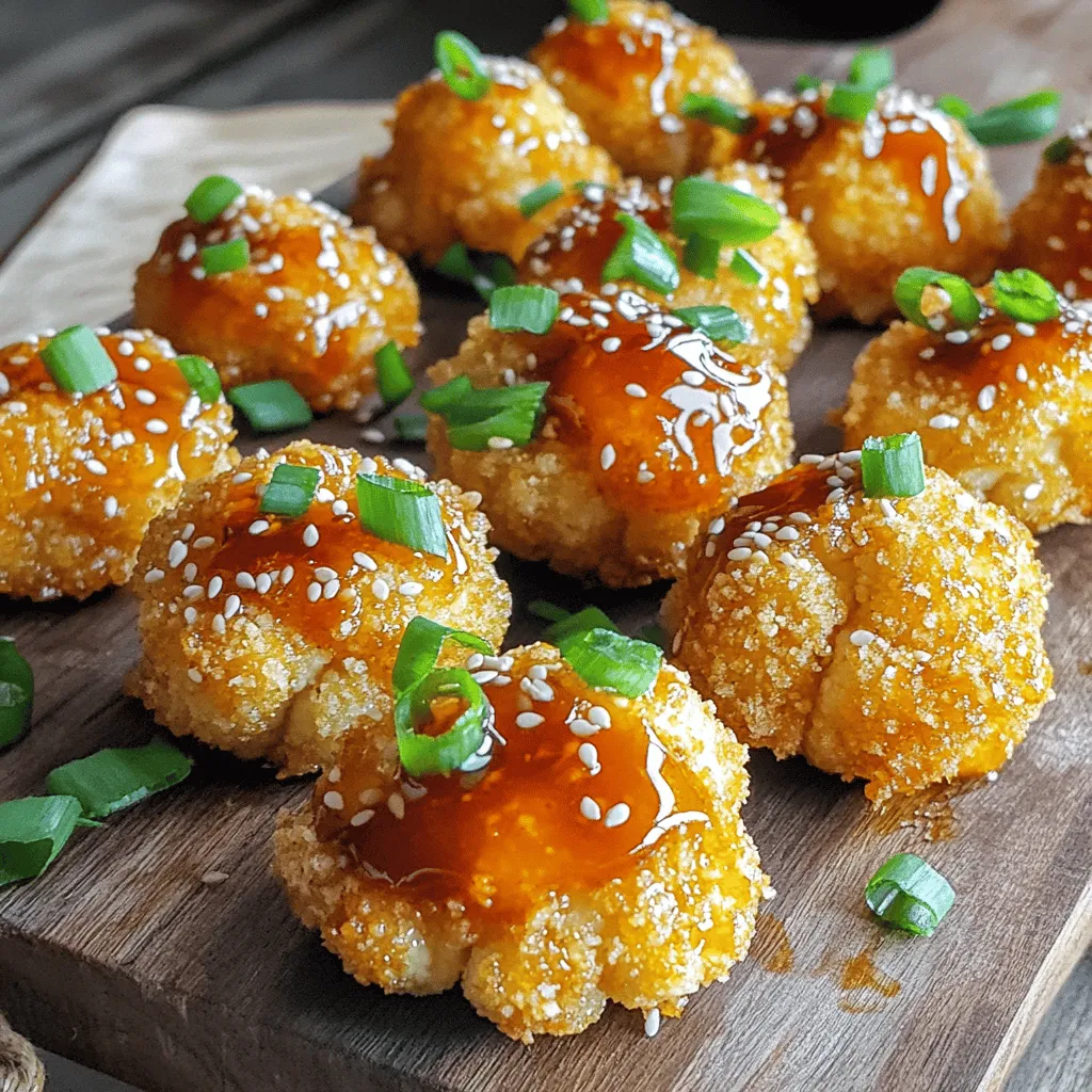 - 1 medium head of cauliflower, cut into bite-sized florets - 1 cup all-purpose flour - 1 cup almond milk (or any milk of choice) - 1 cup breadcrumbs (panko recommended for extra crunch) - 1 tablespoon olive oil - 1 teaspoon garlic powder - 1 teaspoon onion powder - ½ teaspoon salt - ½ teaspoon black pepper - ¼ cup Sriracha sauce - ¼ cup honey (or maple syrup for a vegan alternative) - 1 tablespoon soy sauce (or tamari for a gluten-free option) - Chopped green onions and sesame seeds for garnish You can change this recipe to fit your tastes. Here are some ideas: - Add more Sriracha for extra heat. - Use different spices like paprika or cayenne. - Try different coatings like crushed nuts for added crunch. - Swap honey for agave syrup if you prefer it vegan. Not all ingredients need to be the same. Here’s what you can swap: - Almond milk can be replaced with any milk you like. - Use whole wheat flour instead of all-purpose for more fiber. - You can skip the soy sauce if you want a gluten-free treat. - For a nut-free option, use oat milk instead of almond milk. This recipe is flexible. You can make it just the way you like! Check out the Full Recipe for detailed steps. First, you need to preheat your oven to 425°F (220°C). This step is important for getting that perfect crunch. Line a baking sheet with parchment paper. This will help with easy cleanup and prevent sticking. Next, grab a large mixing bowl and add your cauliflower florets. Drizzle olive oil over them. Then, sprinkle garlic powder, onion powder, salt, and black pepper. Toss gently until all the florets are evenly coated. This adds great flavor to your bites. In another bowl, whisk together the flour and almond milk. Aim for a smooth mix without lumps. This batter will coat your cauliflower well and give it a nice texture. Take each cauliflower floret and dip it into the batter. Let the extra batter drip off. After that, roll the floret in breadcrumbs. Make sure it’s fully coated. Place the pieces in a single layer on your lined baking sheet. Now, place the baking sheet in the oven. Bake the cauliflower bites for around 20 minutes. Flip them halfway through. You want them to be golden and crispy. While the cauliflower is baking, it’s time to make the sauce. In a small saucepan, mix Sriracha, honey, and soy sauce. Heat this on low and stir until it’s combined. Once warmed, take it off the heat. After baking, move the crispy cauliflower florets to a large bowl. Pour the warm Sriracha honey sauce over them. Toss gently until each piece is covered in sauce. This step is key for flavor. Return the coated bites to the lined baking sheet. Bake them for another 5 minutes. This helps set the sauce and enhances the flavors. Once done, carefully take the baking sheet out of the oven. Before serving, add chopped green onions and sesame seeds on top. This adds color and crunch. Enjoy these tasty bites as a snack or appetizer! For the full recipe, check out the complete guide. To get your Sriracha honey cauliflower bites extra crispy, follow these tips: - Use Panko Breadcrumbs: They give a crunchier texture than regular breadcrumbs. - Coat Evenly: Make sure every floret is well-coated in the batter and crumbs. - Don't Crowd the Pan: Space out the florets on the baking sheet. This helps them crisp up nicely. - Flip Halfway: Turning the cauliflower halfway through baking gives you even browning. - Final Bake: The last five minutes in the oven sets the sauce and adds crunch. Many home cooks run into some common issues. Here are a few to watch for: - Skipping the Batter: The batter is key for getting the breadcrumbs to stick. - Not Preheating: Always preheat your oven. This step is crucial for crispiness. - Overbaking or Undercooking: Keep an eye on the time. You want a golden brown color. - Using Too Much Sauce: Coat lightly to avoid sogginess. You can always add more later. These bites are versatile and pair well with many dishes. Here are some ideas: - Serve as an Appetizer: They are perfect for parties or game days. - Pair with Dips: Try ranch, blue cheese, or a yogurt dip for extra flavor. - Add to Salads: Toss them in a salad for a fun crunch. - Make a Wrap: Use them in a wrap with veggies and sauce for a tasty meal. - Garnish Creatively: Use cilantro or avocado to enhance the look and taste. For the complete recipe, check out the Full Recipe section. {{image_4}} You can easily make Sriracha honey cauliflower bites vegan. Just swap honey for maple syrup. The maple syrup adds a nice sweetness without losing flavor. It works well with the Sriracha sauce, giving you that spicy-sweet kick. The rest of the recipe stays the same. To make this recipe gluten-free, choose a gluten-free flour for the batter. You can also use gluten-free breadcrumbs instead of regular ones. Ensure your Sriracha and soy sauce are gluten-free too. These changes will keep the flavor intact while catering to dietary needs. If you love heat, add more Sriracha to the sauce. For a milder flavor, reduce the amount used. You can also mix in some chili flakes or a dash of cayenne for extra spice. Adjusting the spice level lets you customize the bites to suit your taste. To store your Sriracha honey cauliflower bites, let them cool completely. Place the bites in an airtight container. Keep them in the fridge for up to three days. This method keeps them fresh and tasty. For the best taste, reheat the bites in the oven. Preheat the oven to 350°F (175°C). Spread the bites on a baking sheet. Heat for about 10-15 minutes, or until warm. This keeps them crispy, unlike the microwave which can make them soggy. You can freeze these bites for later use. After baking, let them cool completely. Arrange them in a single layer on a baking sheet and freeze until solid. Then, transfer them to a freezer bag. They can last up to three months in the freezer. When ready to eat, bake from frozen at 425°F (220°C) for about 20-25 minutes. Yes, you can use frozen cauliflower. Just thaw it first and pat it dry. This step helps avoid excess moisture. Frozen cauliflower may cook faster, so check for doneness sooner. If you need a substitute, try using hot sauce or chili paste. You can also mix cayenne pepper with honey for a sweet heat. Adjust the amount to match your spice preference. Leftovers can last up to three days in the fridge. Store them in an airtight container. Reheat them in the oven for the best texture. Absolutely! These bites are great for meal prep. You can make a batch and store them. They work well as snacks or sides for lunch or dinner. Check out the Full Recipe for more details. This post covered how to make tasty cauliflower bites. We explored ingredients, from basics to custom options. I shared step-by-step instructions for perfect bites and the sauce. You learned tips for crispiness and common mistakes to avoid. Variations help you adapt recipes easily. Plus, I shared how to store and reheat leftovers. Take these ideas and make your own bites. Enjoy experimenting with flavors and textures! Happy cooking!