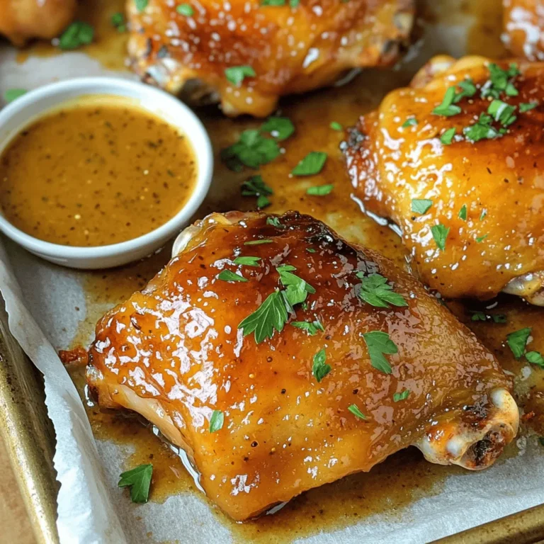 - 6 bone-in, skin-on chicken thighs - 1/4 cup honey - 1/4 cup Dijon mustard - 2 tablespoons olive oil - 3 cloves garlic, minced - 1 teaspoon paprika - 1 teaspoon dried thyme - Salt and pepper, to taste - Fresh parsley, for garnish Honey mustard chicken thighs provide a balance of protein and flavor. Each serving contains about 300 calories. They offer around 25 grams of protein, 18 grams of fat, and 5 grams of carbohydrates. This dish is a great choice for a filling meal that tastes amazing while still being nutritious. Enjoy this recipe guilt-free! For the full recipe, check the complete instructions above. Start by mixing the marinade. In a medium bowl, combine the following ingredients: - 1/4 cup honey - 1/4 cup Dijon mustard - 2 tablespoons olive oil - 3 cloves garlic, minced - 1 teaspoon paprika - 1 teaspoon dried thyme - Salt and pepper to taste Whisk everything together until smooth. This mix will give your chicken a sweet and tangy flavor. Next, it’s time to marinate the chicken thighs. Place them in a large resealable bag or a shallow dish. Pour the marinade over the chicken. Make sure each thigh is well coated. Seal the bag or cover the dish. Let it sit in the fridge for at least 1 hour. If you can, marinate overnight for the best taste. This allows the flavors to soak in deeply. Now, preheat your oven to 400°F (200°C). This high heat helps crisp the skin. After marinating, take the chicken out and let excess marinade drip off. Place the thighs skin-side up on a baking sheet lined with parchment paper. Space them apart for even cooking. Bake for 35-40 minutes. You’ll know the chicken is done when the skin is golden and crispy. Check the internal temperature with a meat thermometer. It should read 165°F (75°C). For extra flavor, use the leftover marinade. Heat it in a saucepan until it thickens. Once the chicken is ready, let it rest for 5 minutes. Drizzle the thickened sauce over it before serving. Enjoy your flavorful honey mustard chicken thighs! For the full recipe, check the earlier section. To get that sticky, caramelized glaze, follow a few steps. Start with a good marinade. Use a mix of honey and Dijon mustard. This blend creates a sweet and tangy flavor. After marinating, save some marinade. Simmer it in a saucepan while the chicken cooks. This step thickens the sauce. When you serve the chicken, drizzle this glaze on top. It makes your dish shine and taste fantastic. When picking chicken thighs, look for a few key things. Choose thighs that have skin and bone. The skin adds flavor and keeps the meat moist. Make sure the meat looks pink and moist. Avoid any with a dull color or dry spots. Fresh thighs will give you the best taste. If you can, buy organic or free-range. These options are often tastier and healthier. You can cook honey mustard chicken thighs in different ways. For stovetop cooking, heat a skillet over medium heat. Sear the thighs skin-side down first. This will crisp the skin nicely. Cook for about 6-7 minutes, then flip and cook for another 6-7 minutes. For grilling, preheat your grill to medium-high. Grill the thighs skin-side down for about 5-6 minutes. Flip and cook until the internal temperature reaches 165°F. Each method gives you a tasty meal. {{image_4}} To spice up your honey mustard chicken, consider adding heat. Try these options: - Cayenne pepper: Start with a pinch and adjust to taste. - Chili powder: This adds flavor and warmth. - Sriracha: Mix in a tablespoon for a tangy kick. - Hot sauce: Just a few drops can make a big difference. These spices complement the sweet and tangy flavor of the honey mustard. They make the dish more exciting and enjoyable. If you want to change the glaze, there are many options. You can try: - Maple syrup: This adds a rich sweetness. - Teriyaki sauce: A great choice for an Asian twist. - BBQ sauce: This gives a smoky, tangy flavor. - Balsamic vinegar: It adds a nice depth with a hint of sweetness. These glazes can easily replace the honey mustard. Each one brings a unique taste to your chicken. Honey mustard chicken pairs well with many sides. Here are some ideas: - Steamed broccoli: A healthy, vibrant option. - Mashed potatoes: Creamy and comforting. - Rice pilaf: Adds a nice texture and flavor. - Garden salad: Fresh greens balance the rich chicken. These sides enhance your meal and create a lovely dining experience. Each option complements the flavors of the chicken, making every bite delightful. Don't forget to check out the Full Recipe for more details! To keep your honey mustard chicken thighs fresh, store them in an airtight container. Let the chicken cool to room temperature first. This helps avoid condensation inside the container. You can refrigerate the chicken for up to four days. If you want to keep the glaze, store it separately. This keeps the sauce from making the chicken soggy. You can freeze honey mustard chicken thighs for later. First, let the chicken cool completely. Wrap each thigh in plastic wrap and then place them in a freezer bag. Remove as much air as possible. You can freeze them for up to three months. To make it easier, label the bag with the date and contents. To reheat your chicken, use the oven for the best results. Preheat your oven to 350°F (175°C). Place the chicken on a baking sheet and cover with foil. This helps keep the chicken moist. Heat for 15 to 20 minutes or until warm. If you want to add extra glaze, brush it on before reheating. This adds a fresh flavor and keeps the dish tasty. For the full recipe, check out the section above. Yes, you can use boneless chicken thighs. They cook faster than bone-in thighs. You should reduce the baking time to about 20-25 minutes. Always check the internal temperature. It should reach 165°F (75°C) for safety. Boneless thighs will still soak up the marinade well. Marinate the chicken thighs for at least 1 hour. If you have more time, try to marinate overnight. This longer time helps the flavors soak in better. A good marinade time makes the chicken juicy and tasty. Be sure to keep it in the fridge while marinating. If you don’t have Dijon mustard, you can use yellow mustard. Honey mustard also works well. Another option is ground mustard mixed with a bit of water. These choices will not change the overall taste much. They still give a nice flavor to the dish. For the full recipe, check out the [Full Recipe]. This blog post guides you on making delicious honey mustard chicken thighs. We covered the main ingredients, easy steps, and helpful tips for perfect results. You'll learn about storage options and tasty variations to suit your taste. With this recipe, you can impress your family and friends. Enjoy the juicy, flavorful meal you create. This dish is simple yet satisfying, making it a great choice for any night. Try it out and make it your own!