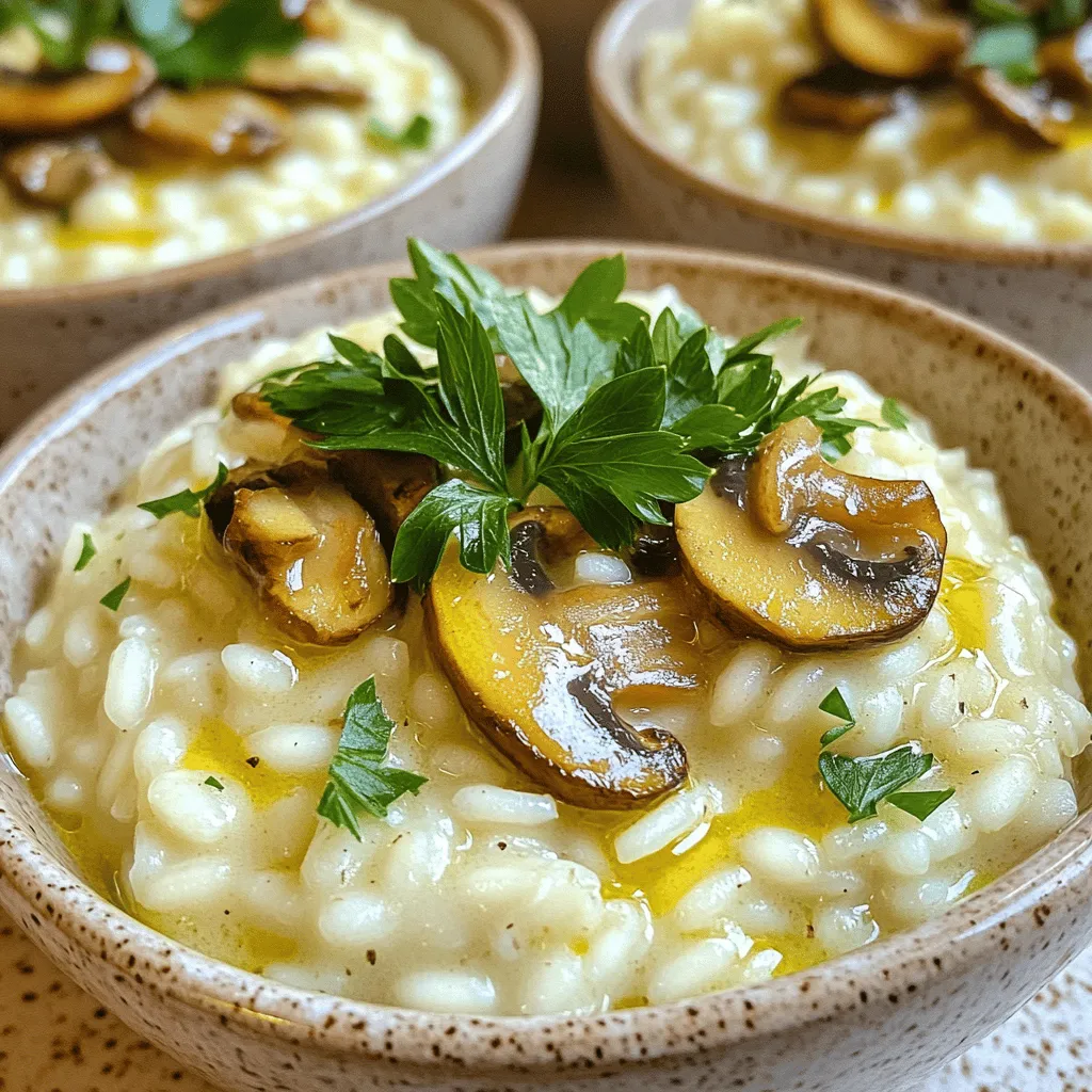 - 1 cup Arborio rice - 4 cups vegetable broth (preferably homemade or low-sodium) - 1 cup mushrooms (cremini or button), sliced - 1 small onion, finely chopped - 3 cloves garlic, minced - 1/2 cup grated Parmesan cheese (or a vegan alternative, such as nutritional yeast) - 1/2 cup heavy cream (or coconut cream for a vegan option) - 2 tablespoons olive oil - 1 teaspoon dried thyme - Salt and pepper to taste - Fresh parsley, chopped (for garnish) For a vegan version, you can swap heavy cream for coconut cream. Instead of Parmesan, use nutritional yeast. This gives a cheesy flavor while keeping it plant-based. For broth, choose low-sodium vegetable broth. This keeps the dish flavorful without too much salt. When picking mushrooms, look for firm ones with no dark spots. They should smell fresh, not stale. For rice, choose Arborio, known for its creamy texture. Look for grains that are white and shiny. The quality of your rice is key for a perfect risotto. To start, I set my Instant Pot to sauté mode. I add olive oil and let it heat up. Once hot, I toss in the finely chopped onion. I sauté for about 2-3 minutes. The goal is to make the onion translucent. Then, I add minced garlic and sliced mushrooms. I keep stirring for around 5 minutes. This helps the mushrooms release their moisture and get a little golden. Next, I add the Arborio rice to the pot. I stir well to coat each grain with oil. Toasting the rice is key. It brings out a nutty flavor, which makes the risotto better. I let it toast for 1-2 minutes. I stir frequently to prevent any sticking. This step is simple but so important for great taste. Now comes the fun part. I pour in the vegetable broth and sprinkle dried thyme. I season with salt and pepper, stirring to combine everything. I want to make sure the rice is submerged. Then, I close the lid tightly and set it to manual high pressure for 6 minutes. I make sure the vent is sealed, keeping the steam inside. After cooking, I let the Instant Pot naturally release pressure for 5 minutes. This step helps to keep the risotto creamy. Then, I carefully switch the vent to quick release to let out any remaining steam. Once the pressure is gone, I open the lid and add heavy cream and grated Parmesan cheese. I stir until everything melts into a creamy delight. For full details on making this dish, check the Full Recipe. To get that perfect creamy texture, start with the right ratios. Use 1 cup of Arborio rice to 4 cups of broth. This provides enough liquid for the rice to soak up. If you want a thicker risotto, add less broth. When storing leftover risotto, keep it in an airtight container. You can adjust the creaminess later by adding a splash of broth or cream when reheating. If your risotto turns out undercooked, simply add a bit more broth. Cook it on the sauté setting for a few minutes, stirring until it's tender. For overcooked risotto, you can try adding a bit of broth or cream to loosen it up. Mixing in some fresh herbs can also help bring back its charm and flavor. To boost flavor, consider adding extra herbs like basil or rosemary. You can also sprinkle in a pinch of nutmeg for warmth. Using homemade broth will enhance the taste greatly. Store-bought broth works too, but choose low-sodium options for better control over salt levels. Check out the Full Recipe for more ideas on how to make your dish shine! {{image_4}} Mixing different mushroom types can enhance flavor. Try using shiitake, portobello, or oyster mushrooms. Each type brings a unique taste and texture. You can also explore seasonal wild mushrooms. For example, chanterelles or morels are great in spring. Their earthy flavors can elevate your dish. You can add protein options for a heartier meal. Consider chicken, shrimp, or even plant-based proteins like tofu. Each option adds a different twist to the risotto. You might also want to incorporate vegetables. Peas, spinach, or asparagus work well. They add color and nutrients to your dish. To make a vegan option, substitute heavy cream with coconut cream. Use nutritional yeast instead of Parmesan cheese for that cheesy flavor. For gluten-free versions, ensure your broth is certified gluten-free. Many rice brands are gluten-free, but always check the label. This way, everyone can enjoy your creamy mushroom risotto, no matter their diet. To keep your leftover risotto fresh, refrigerate it right away. Place it in a container with a tight lid. This helps keep it moist and tasty. I recommend using glass or BPA-free plastic containers. These materials do not retain odors and are easy to clean. When you reheat risotto, you want to keep it creamy. For the best results, use the stovetop. Add a splash of broth or water to the pan. Stir gently over low heat until warm. If you use a microwave, place the risotto in a microwave-safe dish. Cover it with a damp paper towel. Heat in short bursts, stirring in between. This helps to keep the texture smooth. You can freeze risotto if you have extra. Use freezer-safe bags or containers. Make sure to leave some space for expansion. This helps prevent the bag from bursting. When you are ready to eat it, defrost it in the fridge overnight. To reheat, use the stovetop method mentioned earlier. Add a little broth or water to revive its creamy texture. For a full recipe, check out the previous sections. Making Instant Pot creamy mushroom risotto takes about 25 minutes. This includes 10 minutes of prep time and 15 minutes for cooking. The cooking time is fast, thanks to the Instant Pot's pressure cooking. In just 6 minutes under high pressure, you get a creamy, rich risotto. Yes, you can make risotto without an Instant Pot. Traditional risotto cooks on the stove. You start by sautéing the onion and garlic. Then, add the rice and broth slowly. Stir often and let it absorb the liquid. This method takes longer, usually around 30-40 minutes, but it yields a nice, creamy texture. Yes, risotto is gluten-free. The main ingredient, Arborio rice, does not contain gluten. However, always check the broth you use. Some store-bought broth may have gluten. For a safe option, use homemade or low-sodium vegetable broth. You can serve risotto with many side dishes. Try a fresh salad or roasted vegetables for a light pairing. Grilled chicken or shrimp also works well. For a vegetarian option, serve with sautéed greens or a rich mushroom dish. Yes, you can use other rice types, but results may vary. Arborio rice is best due to its high starch. This gives risotto its creamy texture. You can also use Carnaroli or Vialone Nano rice. For a quicker option, consider using sushi rice, but it won’t be as creamy. Risotto is done when the rice is creamy and tender. It should have a slight bite, known as 