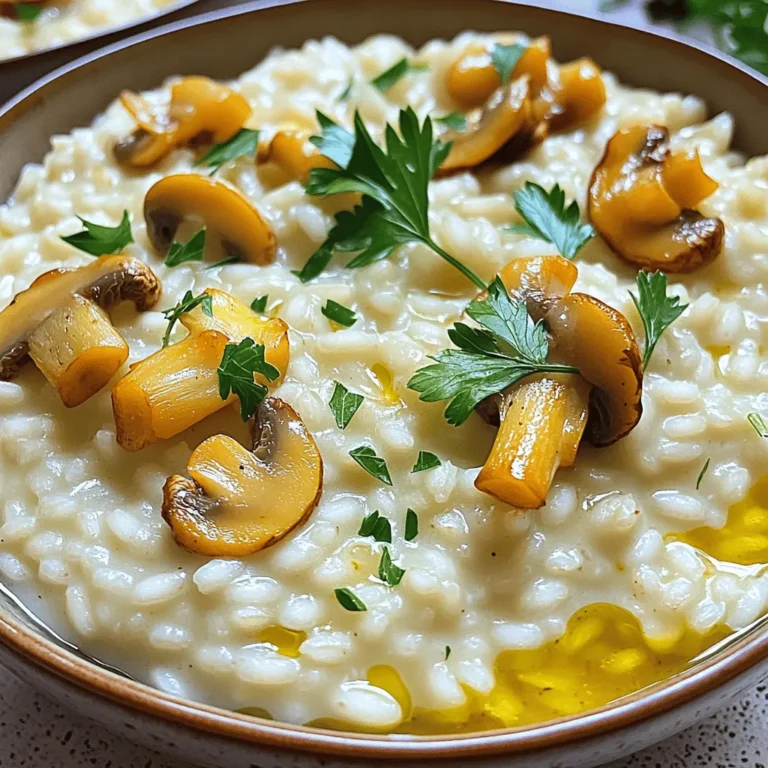 - 1 cup Arborio rice - 4 cups vegetable broth (preferably homemade or low-sodium) - 1 cup mushrooms (cremini or button), sliced - 1 small onion, finely chopped - 3 cloves garlic, minced - 1/2 cup grated Parmesan cheese (or a vegan alternative, such as nutritional yeast) - 1/2 cup heavy cream (or coconut cream for a vegan option) - 2 tablespoons olive oil - 1 teaspoon dried thyme - Salt and pepper to taste - Fresh parsley, chopped (for garnish) For a vegan version, you can swap heavy cream for coconut cream. Instead of Parmesan, use nutritional yeast. This gives a cheesy flavor while keeping it plant-based. For broth, choose low-sodium vegetable broth. This keeps the dish flavorful without too much salt. When picking mushrooms, look for firm ones with no dark spots. They should smell fresh, not stale. For rice, choose Arborio, known for its creamy texture. Look for grains that are white and shiny. The quality of your rice is key for a perfect risotto. To start, I set my Instant Pot to sauté mode. I add olive oil and let it heat up. Once hot, I toss in the finely chopped onion. I sauté for about 2-3 minutes. The goal is to make the onion translucent. Then, I add minced garlic and sliced mushrooms. I keep stirring for around 5 minutes. This helps the mushrooms release their moisture and get a little golden. Next, I add the Arborio rice to the pot. I stir well to coat each grain with oil. Toasting the rice is key. It brings out a nutty flavor, which makes the risotto better. I let it toast for 1-2 minutes. I stir frequently to prevent any sticking. This step is simple but so important for great taste. Now comes the fun part. I pour in the vegetable broth and sprinkle dried thyme. I season with salt and pepper, stirring to combine everything. I want to make sure the rice is submerged. Then, I close the lid tightly and set it to manual high pressure for 6 minutes. I make sure the vent is sealed, keeping the steam inside. After cooking, I let the Instant Pot naturally release pressure for 5 minutes. This step helps to keep the risotto creamy. Then, I carefully switch the vent to quick release to let out any remaining steam. Once the pressure is gone, I open the lid and add heavy cream and grated Parmesan cheese. I stir until everything melts into a creamy delight. For full details on making this dish, check the Full Recipe. To get that perfect creamy texture, start with the right ratios. Use 1 cup of Arborio rice to 4 cups of broth. This provides enough liquid for the rice to soak up. If you want a thicker risotto, add less broth. When storing leftover risotto, keep it in an airtight container. You can adjust the creaminess later by adding a splash of broth or cream when reheating. If your risotto turns out undercooked, simply add a bit more broth. Cook it on the sauté setting for a few minutes, stirring until it's tender. For overcooked risotto, you can try adding a bit of broth or cream to loosen it up. Mixing in some fresh herbs can also help bring back its charm and flavor. To boost flavor, consider adding extra herbs like basil or rosemary. You can also sprinkle in a pinch of nutmeg for warmth. Using homemade broth will enhance the taste greatly. Store-bought broth works too, but choose low-sodium options for better control over salt levels. Check out the Full Recipe for more ideas on how to make your dish shine! {{image_4}} Mixing different mushroom types can enhance flavor. Try using shiitake, portobello, or oyster mushrooms. Each type brings a unique taste and texture. You can also explore seasonal wild mushrooms. For example, chanterelles or morels are great in spring. Their earthy flavors can elevate your dish. You can add protein options for a heartier meal. Consider chicken, shrimp, or even plant-based proteins like tofu. Each option adds a different twist to the risotto. You might also want to incorporate vegetables. Peas, spinach, or asparagus work well. They add color and nutrients to your dish. To make a vegan option, substitute heavy cream with coconut cream. Use nutritional yeast instead of Parmesan cheese for that cheesy flavor. For gluten-free versions, ensure your broth is certified gluten-free. Many rice brands are gluten-free, but always check the label. This way, everyone can enjoy your creamy mushroom risotto, no matter their diet. To keep your leftover risotto fresh, refrigerate it right away. Place it in a container with a tight lid. This helps keep it moist and tasty. I recommend using glass or BPA-free plastic containers. These materials do not retain odors and are easy to clean. When you reheat risotto, you want to keep it creamy. For the best results, use the stovetop. Add a splash of broth or water to the pan. Stir gently over low heat until warm. If you use a microwave, place the risotto in a microwave-safe dish. Cover it with a damp paper towel. Heat in short bursts, stirring in between. This helps to keep the texture smooth. You can freeze risotto if you have extra. Use freezer-safe bags or containers. Make sure to leave some space for expansion. This helps prevent the bag from bursting. When you are ready to eat it, defrost it in the fridge overnight. To reheat, use the stovetop method mentioned earlier. Add a little broth or water to revive its creamy texture. For a full recipe, check out the previous sections. Making Instant Pot creamy mushroom risotto takes about 25 minutes. This includes 10 minutes of prep time and 15 minutes for cooking. The cooking time is fast, thanks to the Instant Pot's pressure cooking. In just 6 minutes under high pressure, you get a creamy, rich risotto. Yes, you can make risotto without an Instant Pot. Traditional risotto cooks on the stove. You start by sautéing the onion and garlic. Then, add the rice and broth slowly. Stir often and let it absorb the liquid. This method takes longer, usually around 30-40 minutes, but it yields a nice, creamy texture. Yes, risotto is gluten-free. The main ingredient, Arborio rice, does not contain gluten. However, always check the broth you use. Some store-bought broth may have gluten. For a safe option, use homemade or low-sodium vegetable broth. You can serve risotto with many side dishes. Try a fresh salad or roasted vegetables for a light pairing. Grilled chicken or shrimp also works well. For a vegetarian option, serve with sautéed greens or a rich mushroom dish. Yes, you can use other rice types, but results may vary. Arborio rice is best due to its high starch. This gives risotto its creamy texture. You can also use Carnaroli or Vialone Nano rice. For a quicker option, consider using sushi rice, but it won’t be as creamy. Risotto is done when the rice is creamy and tender. It should have a slight bite, known as "al dente." Taste a few grains to check. The texture should be smooth, not dry or too soupy. If it needs more cooking, add a little broth and stir. For the full recipe, check out the detailed instructions and ingredients list. This blog post walked through making creamy mushroom risotto, from selecting fresh ingredients to cooking techniques. You learned about ingredient options, possible substitutions, and expert tips for flavor and texture. Risotto is simple but rewarding with the right methods. Whether you choose to make it vegan or stick with tradition, mastering risotto can elevate your cooking skills. Enjoy experimenting with variations and making it your own!