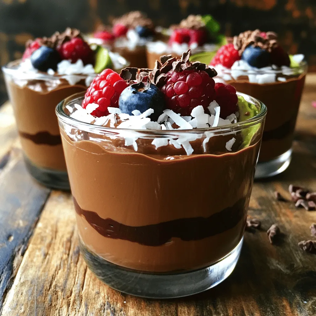 To make chocolate avocado mousse, you need a few key ingredients: - 2 ripe avocados, peeled and pitted - 1/2 cup unsweetened cocoa powder - 1/4 cup maple syrup (or honey) - 1/4 cup almond milk (or any non-dairy milk) - 1 teaspoon vanilla extract - A pinch of sea salt These ingredients blend together to create a creamy and rich mousse. The avocados provide a smooth texture and healthy fats. Cocoa powder adds deep chocolate flavor, while maple syrup sweetens it up. Almond milk keeps it light and dairy-free. You can get creative with toppings and variations. Here are some fun ideas: - Shredded coconut - Cacao nibs - Fresh berries - A drizzle of maple syrup These toppings add texture and flavor. You can also mix in a bit of mint or espresso for a unique twist. Try different fruits to find your favorite combo. If you have dietary needs, substitutions work well. Here are some options: - Use honey instead of maple syrup for a sweeter taste. - Swap almond milk for oat milk or coconut milk if needed. - For a nut-free option, use soy milk or rice milk. These swaps ensure everyone can enjoy this tasty treat without missing out. You can find the full recipe above to guide you through the process. To start, gather your ripe avocados. You want them soft but not overripe. Slice each avocado in half and take out the pit. Use a spoon to scoop the green flesh into your food processor. This is where the magic begins! Next, add the unsweetened cocoa powder to the processor. Then, pour in the maple syrup or honey, depending on your choice. Add the almond milk for creaminess, followed by the vanilla extract and a pinch of sea salt. Each ingredient plays a role in making this mousse rich and tasty. Now, it’s time to blend! Pulse the mixture on high speed until it turns smooth and creamy. Don’t rush; take breaks to scrape down the sides. This helps mix everything well. If you want a sweeter mousse, taste it after blending. You can add more maple syrup or honey and blend again. Once you achieve that perfect, luscious texture, spoon your mousse into serving bowls. For the full recipe, refer to the instructions provided earlier. Enjoy your creamy creation! To make your chocolate avocado mousse creamy, choose ripe avocados. They should feel soft when you press them gently. When blending, start on a low speed. Gradually increase to high speed. This helps create a smooth finish. If your mousse feels too thick, add a little almond milk. Blend again until it reaches your desired consistency. For a richer taste, consider adding a dash of espresso powder. This will deepen the chocolate flavor. You can also try a pinch of cinnamon for warmth. If you want extra sweetness, blend in a bit more maple syrup or honey. Always taste as you go. This way, you can adjust to your liking. Presentation makes a big difference. Use clear glass cups to show off the mousse's rich color. Layer it for a fancy look. Top with fresh berries or shredded coconut for a pop of color. A drizzle of maple syrup adds sweetness and shine. Finish with a mint leaf for a fresh touch. Your guests will love the look and taste! {{image_4}} You can easily make this mousse vegan. The main ingredients are already plant-based. Use maple syrup for sweetening. Almond milk adds creaminess and works well. If you want a richer taste, try coconut milk. This will give your mousse a smooth texture and deep flavor. You can also add a bit of nut butter for extra creaminess. Want to jazz up your mousse? You can add different flavors. Mint gives a fresh taste. Just add a few drops of mint extract. If you love coffee, espresso is a great choice. Mix in one or two teaspoons of espresso powder. You can even blend in some orange zest for a citrus twist. Each of these flavors makes the mousse unique and fun! Good news! This chocolate avocado mousse is gluten-free. All the ingredients are safe for those with gluten issues. Just check your cocoa powder and sweeteners to ensure they are gluten-free. This mousse is a great dessert for everyone. It’s rich, creamy, and you won’t miss the gluten at all. Feel free to explore these variations or check the Full Recipe for more ideas! To keep your chocolate avocado mousse fresh, store it in an airtight container. This helps retain its creamy texture and rich flavor. Make sure to cover the mousse with plastic wrap if you don’t have a container. Press the wrap directly onto the mousse to minimize air exposure. This will prevent browning from oxidation and keep it delightful. You can freeze chocolate avocado mousse, but it may change texture. To freeze, scoop the mousse into a freezer-safe container. Leave space at the top for expansion. Cover it tightly with a lid or plastic wrap. When you're ready to enjoy it, thaw it in the fridge overnight. You may need to blend it again for a smooth consistency. When stored in the fridge, chocolate avocado mousse lasts about 3 to 5 days. If you freeze it, it can last for up to 2 months. Always check for any off smells or changes in texture before eating. Enjoy this sweet treat while it's fresh for the best taste! For the complete recipe, refer to the Full Recipe section. Yes, Chocolate Avocado Mousse is quite healthy. It uses ripe avocados, which provide healthy fats. These fats are good for your heart and can help keep you full. The cocoa powder adds antioxidants, which are great for your body. Maple syrup gives a touch of sweetness without refined sugars. Overall, this dessert offers a rich taste without the guilt. Absolutely! You can make this mousse a day in advance. Just store it in the fridge. Cover the bowls tightly to keep it fresh. The flavors will blend nicely as it sits. When you’re ready to serve, just add your favorite toppings for a fresh touch. You can easily change the sweetness to fit your taste. After blending, taste the mousse. If it's not sweet enough, add more maple syrup or honey. Blend again to mix it well. Remember, you can always add a little, taste, and adjust until it’s just right. If you don't have maple syrup, honey works great too. You can also use agave nectar or coconut sugar. Just remember to adjust the amount based on what you use. Each sweetener has a different level of sweetness. You might need more or less, so taste as you go. For the full recipe, check out the [Full Recipe]. This blog post covered how to make chocolate avocado mousse. We discussed key ingredients, their substitutions, and tasty toppings. I shared detailed steps for preparation, blending, and serving, along with tips for the best texture and flavor. You learned about variations and storage for your mousse. This dessert is both fun to make and healthy. With your new skills, you can impress friends and family. Enjoy experimenting and making this treat your own!