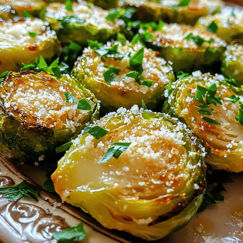To make Garlic Parmesan Roasted Brussels Sprouts, you need a few simple ingredients. Here’s what you will need: - 1 lb Brussels sprouts, trimmed and halved - 3 tablespoons extra virgin olive oil - 4 cloves of garlic, finely minced - 1/2 cup freshly grated Parmesan cheese - 1 teaspoon garlic powder - 1 teaspoon onion powder - 1/2 teaspoon red pepper flakes (optional, for a hint of spice) - Salt and freshly ground black pepper, to taste - 2 tablespoons fresh parsley, chopped (for garnish) These ingredients come together to create a dish that is both tasty and visually appealing. The Brussels sprouts become tender and crispy, while the garlic and Parmesan add rich, savory flavors. Don’t forget, using fresh ingredients makes a big difference in the taste of your meal. For the full recipe, click on the link provided. To start, preheat your oven to 400°F (200°C). This ensures the Brussels sprouts roast evenly. Next, line a baking sheet with parchment paper. This step makes cleanup easy. Now, prepare the Brussels sprouts by trimming the ends and halving them. This allows for better cooking and flavor absorption. In a large mixing bowl, combine the halved Brussels sprouts with 3 tablespoons of extra virgin olive oil. Add 4 cloves of finely minced garlic, 1 teaspoon of garlic powder, and 1 teaspoon of onion powder. For some heat, you can include 1/2 teaspoon of red pepper flakes. Don’t forget to add salt and black pepper to taste. Toss everything together until the sprouts are well coated. Arrange the Brussels sprouts in a single layer on the parchment-lined baking sheet. Make sure they have space between them. This helps them roast instead of steam. Roast the Brussels sprouts for 20 minutes. This will help them get tender and start browning. After 20 minutes, carefully take the baking sheet out of the oven. Evenly sprinkle 1/2 cup of freshly grated Parmesan cheese over the Brussels sprouts. This will give them a rich, cheesy flavor. Return the baking sheet to the oven and roast for another 10 to 15 minutes. You want the sprouts to be tender, golden brown, and the cheese melted. Keep an eye on them to prevent burning. You know they are done when they look beautifully roasted. Let them cool for a few minutes before serving. Enjoy this simple treat that packs a lot of flavor. For the full recipe, refer back to the beginning. When you shop for Brussels sprouts, look for small, firm ones. Choose ones that are bright green and have tightly packed leaves. Avoid any that are yellow or have brown spots. Fresh Brussels sprouts should feel heavy for their size. If they feel light, they might be old. To get that perfect crispy texture, start with high heat. Roasting at 400°F (200°C) works well. Spread the Brussels sprouts in a single layer on the pan. This helps them cook evenly. If you want extra crispiness, try flipping them halfway through the cooking time. Adjust roasting times slightly if your sprouts are larger or smaller. For a beautiful serving, use a nice platter. Spread the Brussels sprouts out to show off their golden color. Drizzle a bit of olive oil on top. Add extra Parmesan cheese and a sprinkle of fresh parsley for a pop of color. This not only looks great but also adds more flavor. [Full Recipe] {{image_4}} If you want to swap out Parmesan cheese, there are great options. Nutritional yeast gives a cheesy flavor and is vegan. You can also use vegan cheese shreds for a similar texture. For seasonings, feel free to get creative. Instead of garlic powder, try smoked paprika for a unique twist. You can also add lemon zest for a bright flavor. These Brussels sprouts pair well with many main dishes. They are great alongside grilled chicken or fish. You can also serve them with a juicy steak for a hearty meal. If you want to add them to salads, they work well in grain bowls. Toss them with quinoa, spinach, and a light vinaigrette. They add crunch and flavor to any salad. For vegan or dairy-free options, use nutritional yeast instead of cheese. This keeps the dish tasty without any dairy. If you need gluten-free options, you are in luck! This dish naturally fits that need. Just make sure your seasonings are gluten-free. Remember, whether you are following the Full Recipe or experimenting, have fun! Cooking is all about making it your own. To keep your Garlic Parmesan Roasted Brussels Sprouts fresh, place them in an airtight container. Make sure they cool down first. This helps maintain their flavor and texture. Store them in the fridge for up to three days. If you have a lot of leftovers, use a glass or plastic container with a tight lid. Reheating can be done in a few ways. For the best results, use the oven. Preheat your oven to 350°F (175°C). Spread the Brussels sprouts on a baking sheet and heat for about 10 minutes. This method keeps them crispy. You can also use a microwave, but they may become soft. Heat them for 1-2 minutes, checking often to avoid overcooking. You can freeze cooked Brussels sprouts, but they may lose some texture. First, let them cool completely. Then, place them in a freezer-safe bag or container. Be sure to remove as much air as possible. They will keep well for up to three months. When you're ready to eat, thaw them overnight in the fridge. Reheat as mentioned earlier for the best flavor. Brussels sprouts roast in about 30 to 35 minutes. First, roast them for 20 minutes. After that, add the cheese and roast for another 10 to 15 minutes. Factors like size and freshness affect cooking times. Larger sprouts need more time, while smaller ones cook faster. Yes, you can prepare Brussels sprouts ahead of time. Trim and halve them, then toss with olive oil and seasonings. Store them in the fridge for up to a day. When you're ready, just roast them as directed. This saves time and makes cooking easier. These roasted sprouts pair well with many dishes. Try serving them with grilled chicken or steak. They also go well with fish or a hearty pasta dish. You can add them to salads for a crunchy twist. No, you do not need to peel Brussels sprouts. Just trim the ends and remove any yellow leaves. Keeping the outer layer helps retain flavor and nutrients. Fresh Brussels sprouts have a better taste and texture. To reheat Brussels sprouts, use the oven. Preheat it to 350°F (175°C). Spread the sprouts on a baking sheet and heat for 10 to 15 minutes. This method helps keep them crispy. You can also use a microwave but may lose some crunch. For the complete Garlic Parmesan Roasted Brussels Sprouts recipe, click [here](#). Garlic Parmesan Roasted Brussels Sprouts are simple and tasty. We covered key ingredients, preparation steps, and roasting methods that help you achieve perfect Brussels. Remember, choosing fresh sprouts and using the right techniques will enhance crispiness. You can also try variations and serve them in creative ways. Store leftovers properly, so they stay delicious. With these tips, you can enjoy Brussels sprouts that impress. Happy cooking!