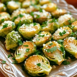 To make Garlic Parmesan Roasted Brussels Sprouts, you need a few simple ingredients. Here’s what you will need: - 1 lb Brussels sprouts, trimmed and halved - 3 tablespoons extra virgin olive oil - 4 cloves of garlic, finely minced - 1/2 cup freshly grated Parmesan cheese - 1 teaspoon garlic powder - 1 teaspoon onion powder - 1/2 teaspoon red pepper flakes (optional, for a hint of spice) - Salt and freshly ground black pepper, to taste - 2 tablespoons fresh parsley, chopped (for garnish) These ingredients come together to create a dish that is both tasty and visually appealing. The Brussels sprouts become tender and crispy, while the garlic and Parmesan add rich, savory flavors. Don’t forget, using fresh ingredients makes a big difference in the taste of your meal. For the full recipe, click on the link provided. To start, preheat your oven to 400°F (200°C). This ensures the Brussels sprouts roast evenly. Next, line a baking sheet with parchment paper. This step makes cleanup easy. Now, prepare the Brussels sprouts by trimming the ends and halving them. This allows for better cooking and flavor absorption. In a large mixing bowl, combine the halved Brussels sprouts with 3 tablespoons of extra virgin olive oil. Add 4 cloves of finely minced garlic, 1 teaspoon of garlic powder, and 1 teaspoon of onion powder. For some heat, you can include 1/2 teaspoon of red pepper flakes. Don’t forget to add salt and black pepper to taste. Toss everything together until the sprouts are well coated. Arrange the Brussels sprouts in a single layer on the parchment-lined baking sheet. Make sure they have space between them. This helps them roast instead of steam. Roast the Brussels sprouts for 20 minutes. This will help them get tender and start browning. After 20 minutes, carefully take the baking sheet out of the oven. Evenly sprinkle 1/2 cup of freshly grated Parmesan cheese over the Brussels sprouts. This will give them a rich, cheesy flavor. Return the baking sheet to the oven and roast for another 10 to 15 minutes. You want the sprouts to be tender, golden brown, and the cheese melted. Keep an eye on them to prevent burning. You know they are done when they look beautifully roasted. Let them cool for a few minutes before serving. Enjoy this simple treat that packs a lot of flavor. For the full recipe, refer back to the beginning. When you shop for Brussels sprouts, look for small, firm ones. Choose ones that are bright green and have tightly packed leaves. Avoid any that are yellow or have brown spots. Fresh Brussels sprouts should feel heavy for their size. If they feel light, they might be old. To get that perfect crispy texture, start with high heat. Roasting at 400°F (200°C) works well. Spread the Brussels sprouts in a single layer on the pan. This helps them cook evenly. If you want extra crispiness, try flipping them halfway through the cooking time. Adjust roasting times slightly if your sprouts are larger or smaller. For a beautiful serving, use a nice platter. Spread the Brussels sprouts out to show off their golden color. Drizzle a bit of olive oil on top. Add extra Parmesan cheese and a sprinkle of fresh parsley for a pop of color. This not only looks great but also adds more flavor. [Full Recipe] {{image_4}} If you want to swap out Parmesan cheese, there are great options. Nutritional yeast gives a cheesy flavor and is vegan. You can also use vegan cheese shreds for a similar texture. For seasonings, feel free to get creative. Instead of garlic powder, try smoked paprika for a unique twist. You can also add lemon zest for a bright flavor. These Brussels sprouts pair well with many main dishes. They are great alongside grilled chicken or fish. You can also serve them with a juicy steak for a hearty meal. If you want to add them to salads, they work well in grain bowls. Toss them with quinoa, spinach, and a light vinaigrette. They add crunch and flavor to any salad. For vegan or dairy-free options, use nutritional yeast instead of cheese. This keeps the dish tasty without any dairy. If you need gluten-free options, you are in luck! This dish naturally fits that need. Just make sure your seasonings are gluten-free. Remember, whether you are following the Full Recipe or experimenting, have fun! Cooking is all about making it your own. To keep your Garlic Parmesan Roasted Brussels Sprouts fresh, place them in an airtight container. Make sure they cool down first. This helps maintain their flavor and texture. Store them in the fridge for up to three days. If you have a lot of leftovers, use a glass or plastic container with a tight lid. Reheating can be done in a few ways. For the best results, use the oven. Preheat your oven to 350°F (175°C). Spread the Brussels sprouts on a baking sheet and heat for about 10 minutes. This method keeps them crispy. You can also use a microwave, but they may become soft. Heat them for 1-2 minutes, checking often to avoid overcooking. You can freeze cooked Brussels sprouts, but they may lose some texture. First, let them cool completely. Then, place them in a freezer-safe bag or container. Be sure to remove as much air as possible. They will keep well for up to three months. When you're ready to eat, thaw them overnight in the fridge. Reheat as mentioned earlier for the best flavor. Brussels sprouts roast in about 30 to 35 minutes. First, roast them for 20 minutes. After that, add the cheese and roast for another 10 to 15 minutes. Factors like size and freshness affect cooking times. Larger sprouts need more time, while smaller ones cook faster. Yes, you can prepare Brussels sprouts ahead of time. Trim and halve them, then toss with olive oil and seasonings. Store them in the fridge for up to a day. When you're ready, just roast them as directed. This saves time and makes cooking easier. These roasted sprouts pair well with many dishes. Try serving them with grilled chicken or steak. They also go well with fish or a hearty pasta dish. You can add them to salads for a crunchy twist. No, you do not need to peel Brussels sprouts. Just trim the ends and remove any yellow leaves. Keeping the outer layer helps retain flavor and nutrients. Fresh Brussels sprouts have a better taste and texture. To reheat Brussels sprouts, use the oven. Preheat it to 350°F (175°C). Spread the sprouts on a baking sheet and heat for 10 to 15 minutes. This method helps keep them crispy. You can also use a microwave but may lose some crunch. For the complete Garlic Parmesan Roasted Brussels Sprouts recipe, click [here](#). Garlic Parmesan Roasted Brussels Sprouts are simple and tasty. We covered key ingredients, preparation steps, and roasting methods that help you achieve perfect Brussels. Remember, choosing fresh sprouts and using the right techniques will enhance crispiness. You can also try variations and serve them in creative ways. Store leftovers properly, so they stay delicious. With these tips, you can enjoy Brussels sprouts that impress. Happy cooking!