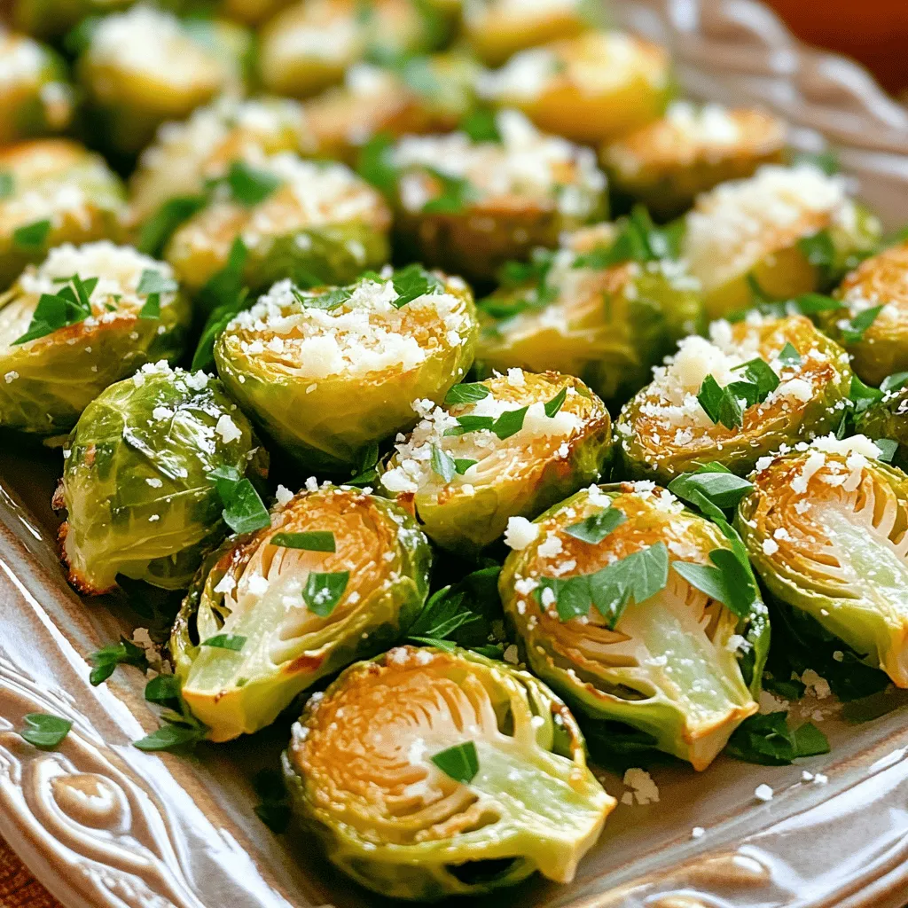 To make Garlic Parmesan Roasted Brussels Sprouts, you need a few simple ingredients. Here’s what you will need: - 1 lb Brussels sprouts, trimmed and halved - 3 tablespoons extra virgin olive oil - 4 cloves of garlic, finely minced - 1/2 cup freshly grated Parmesan cheese - 1 teaspoon garlic powder - 1 teaspoon onion powder - 1/2 teaspoon red pepper flakes (optional, for a hint of spice) - Salt and freshly ground black pepper, to taste - 2 tablespoons fresh parsley, chopped (for garnish) These ingredients come together to create a dish that is both tasty and visually appealing. The Brussels sprouts become tender and crispy, while the garlic and Parmesan add rich, savory flavors. Don’t forget, using fresh ingredients makes a big difference in the taste of your meal. For the full recipe, click on the link provided. To start, preheat your oven to 400°F (200°C). This ensures the Brussels sprouts roast evenly. Next, line a baking sheet with parchment paper. This step makes cleanup easy. Now, prepare the Brussels sprouts by trimming the ends and halving them. This allows for better cooking and flavor absorption. In a large mixing bowl, combine the halved Brussels sprouts with 3 tablespoons of extra virgin olive oil. Add 4 cloves of finely minced garlic, 1 teaspoon of garlic powder, and 1 teaspoon of onion powder. For some heat, you can include 1/2 teaspoon of red pepper flakes. Don’t forget to add salt and black pepper to taste. Toss everything together until the sprouts are well coated. Arrange the Brussels sprouts in a single layer on the parchment-lined baking sheet. Make sure they have space between them. This helps them roast instead of steam. Roast the Brussels sprouts for 20 minutes. This will help them get tender and start browning. After 20 minutes, carefully take the baking sheet out of the oven. Evenly sprinkle 1/2 cup of freshly grated Parmesan cheese over the Brussels sprouts. This will give them a rich, cheesy flavor. Return the baking sheet to the oven and roast for another 10 to 15 minutes. You want the sprouts to be tender, golden brown, and the cheese melted. Keep an eye on them to prevent burning. You know they are done when they look beautifully roasted. Let them cool for a few minutes before serving. Enjoy this simple treat that packs a lot of flavor. For the full recipe, refer back to the beginning. When you shop for Brussels sprouts, look for small, firm ones. Choose ones that are bright green and have tightly packed leaves. Avoid any that are yellow or have brown spots. Fresh Brussels sprouts should feel heavy for their size. If they feel light, they might be old. To get that perfect crispy texture, start with high heat. Roasting at 400°F (200°C) works well. Spread the Brussels sprouts in a single layer on the pan. This helps them cook evenly. If you want extra crispiness, try flipping them halfway through the cooking time. Adjust roasting times slightly if your sprouts are larger or smaller. For a beautiful serving, use a nice platter. Spread the Brussels sprouts out to show off their golden color. Drizzle a bit of olive oil on top. Add extra Parmesan cheese and a sprinkle of fresh parsley for a pop of color. This not only looks great but also adds more flavor. [Full Recipe] {{image_4}} If you want to swap out Parmesan cheese, there are great options. Nutritional yeast gives a cheesy flavor and is vegan. You can also use vegan cheese shreds for a similar texture. For seasonings, feel free to get creative. Instead of garlic powder, try smoked paprika for a unique twist. You can also add lemon zest for a bright flavor. These Brussels sprouts pair well with many main dishes. They are great alongside grilled chicken or fish. You can also serve them with a juicy steak for a hearty meal. If you want to add them to salads, they work well in grain bowls. Toss them with quinoa, spinach, and a light vinaigrette. They add crunch and flavor to any salad. For vegan or dairy-free options, use nutritional yeast instead of cheese. This keeps the dish tasty without any dairy. If you need gluten-free options, you are in luck! This dish naturally fits that need. Just make sure your seasonings are gluten-free. Remember, whether you are following the Full Recipe or experimenting, have fun! Cooking is all about making it your own. To keep your Garlic Parmesan Roasted Brussels Sprouts fresh, place them in an airtight container. Make sure they cool down first. This helps maintain their flavor and texture. Store them in the fridge for up to three days. If you have a lot of leftovers, use a glass or plastic container with a tight lid. Reheating can be done in a few ways. For the best results, use the oven. Preheat your oven to 350°F (175°C). Spread the Brussels sprouts on a baking sheet and heat for about 10 minutes. This method keeps them crispy. You can also use a microwave, but they may become soft. Heat them for 1-2 minutes, checking often to avoid overcooking. You can freeze cooked Brussels sprouts, but they may lose some texture. First, let them cool completely. Then, place them in a freezer-safe bag or container. Be sure to remove as much air as possible. They will keep well for up to three months. When you're ready to eat, thaw them overnight in the fridge. Reheat as mentioned earlier for the best flavor. Brussels sprouts roast in about 30 to 35 minutes. First, roast them for 20 minutes. After that, add the cheese and roast for another 10 to 15 minutes. Factors like size and freshness affect cooking times. Larger sprouts need more time, while smaller ones cook faster. Yes, you can prepare Brussels sprouts ahead of time. Trim and halve them, then toss with olive oil and seasonings. Store them in the fridge for up to a day. When you're ready, just roast them as directed. This saves time and makes cooking easier. These roasted sprouts pair well with many dishes. Try serving them with grilled chicken or steak. They also go well with fish or a hearty pasta dish. You can add them to salads for a crunchy twist. No, you do not need to peel Brussels sprouts. Just trim the ends and remove any yellow leaves. Keeping the outer layer helps retain flavor and nutrients. Fresh Brussels sprouts have a better taste and texture. To reheat Brussels sprouts, use the oven. Preheat it to 350°F (175°C). Spread the sprouts on a baking sheet and heat for 10 to 15 minutes. This method helps keep them crispy. You can also use a microwave but may lose some crunch. For the complete Garlic Parmesan Roasted Brussels Sprouts recipe, click [here](#). Garlic Parmesan Roasted Brussels Sprouts are simple and tasty. We covered key ingredients, preparation steps, and roasting methods that help you achieve perfect Brussels. Remember, choosing fresh sprouts and using the right techniques will enhance crispiness. You can also try variations and serve them in creative ways. Store leftovers properly, so they stay delicious. With these tips, you can enjoy Brussels sprouts that impress. Happy cooking!