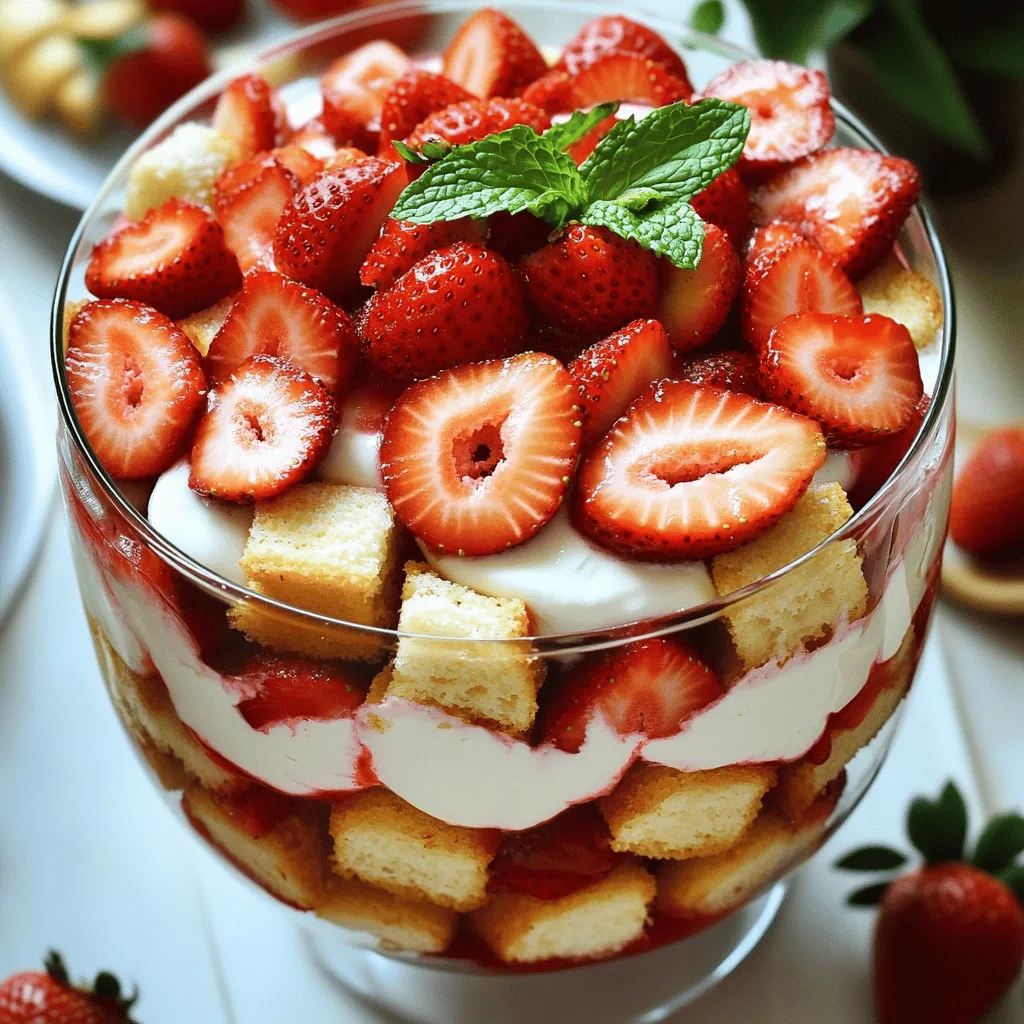 - 1 pound fresh strawberries, hulled and thinly sliced - 1 pound angel food cake, cut into bite-sized cubes - 2 cups heavy whipping cream - 1/4 cup granulated sugar (for macerating strawberries) - 1/2 cup powdered sugar - 1 teaspoon pure vanilla extract - 1/2 cup vanilla yogurt - Fresh mint leaves for garnish (optional) In this delightful recipe, fresh strawberries take center stage. Their bright flavor perfectly complements the light angel food cake. You want to slice the strawberries thinly for even layering. The heavy whipping cream adds a rich creaminess that balances the sweetness of the dish. To elevate the natural taste of the strawberries, you will macerate them. This means you sprinkle them with granulated sugar and let them sit. This step draws out the juices and enhances their flavor. For the whipped cream, use heavy whipping cream. This will give you the best texture. Adding powdered sugar and vanilla extract brings sweetness and depth to the cream. Lastly, you can add vanilla yogurt for a tangy twist. Mint leaves can add a pop of color and freshness as a garnish. This blend of ingredients makes every bite of the Strawberry Shortcake Trifle a joyful experience. If you want to see the full recipe, check out the details provided earlier. To macerate strawberries, start by slicing them thin. Place the strawberries in a bowl, then add granulated sugar. Toss the berries gently to coat them in sugar. This step helps the strawberries release their juices. Let them sit for about 20 minutes. This waiting time is key. The sugar draws out the sweet juice, making them even tastier. Next, we need to make whipped cream. Pour heavy whipping cream into a large bowl. Mix it with an electric mixer on medium speed. As it thickens, slowly add powdered sugar and vanilla. Keep whipping until you see soft peaks. This process usually takes around 3 to 5 minutes. The right texture is fluffy but not too stiff. Now it’s time to layer the trifle! Start with a layer of angel food cake cubes at the bottom. Make sure the layer is even across the base. Next, add a layer of the macerated strawberries, including their juices. Follow with a layer of whipped cream, spreading it evenly. Repeat these layers until you reach the top. Finish with a layer of whipped cream for a nice touch. If you want to make it look pretty, arrange some strawberry slices on top. This adds color and style. Don’t forget to chill the trifle for at least 1 hour before serving. This allows the flavors to mix and the cake to soak up the juices. For the full recipe, see the details above. To get great whipped cream, avoid over-mixing. This can turn your cream to butter. Instead, whip until soft peaks form. You can test this by lifting the whisk. The cream should hold its shape but still be smooth. If it looks grainy, you mixed too long. For parties, I love using clear cups. They show off those pretty layers. You can also create a large trifle in a glass dish. This makes a great centerpiece. If you want individual servings, fill small cups or jars. This makes for easy eating and cleanup. Want to make your trifle even tastier? Try adding lemon or lime zest. This brightens the flavor and adds a nice twist. You can also use different sweeteners like honey or maple syrup. These add unique flavors and can suit different diets. {{image_4}} You can swap strawberries for many fruits. Ripe peaches or sweet blueberries work great. You can even use tart raspberries for a fun twist. Seasonal fruits like cherries or mangoes add flavor and color. Use what you find fresh at your market. This keeps your trifle exciting and tasty. If you want a change from angel food cake, try pound cake. It gives a rich flavor and a denser texture. Brownies also work well for a chocolate twist. For gluten-free options, use almond flour cake or gluten-free brownies. These options let everyone enjoy the trifle without missing out. To give your trifle a grown-up touch, add some liqueurs. A splash of amaretto or orange liqueur brightens the flavors. You can also try flavored yogurts like key lime or coconut. This adds a unique taste and makes your trifle stand out. Each variation opens new doors for flavor exploration. Check out the Full Recipe for more details! To keep your trifle fresh, store any leftovers in the fridge. Use an airtight container. This helps to keep the layers intact and prevents sogginess. Avoid covering the trifle directly with plastic wrap, as it may stick to the cream. Instead, place a layer of parchment paper between the trifle and the wrap. Chilling the trifle is key to great flavor. It allows the cake to soak up the strawberry juices. Aim for at least one hour of chilling time. If stored properly, your trifle will stay good in the refrigerator for up to three days. However, it’s best enjoyed within the first day or two for optimal taste and texture. While freezing is possible, it’s best to freeze the layers separately. Cream does not freeze well, so store the cake and strawberries in separate containers. When ready to serve, thaw the cake and strawberries in the fridge overnight. Then layer them again with fresh whipped cream for the best taste. Yes, you can make this trifle ahead of time. I suggest preparing it no more than a day in advance. This time frame keeps the cake fresh and the flavors bright. If you make it too early, the cake may soak up too much juice and become soggy. To transport a trifle safely, cover the dish with plastic wrap. If you have a lid, use that instead. Place it in a sturdy box or cooler to keep it from tipping. You can also use individual cups for easy serving at gatherings. To keep the cake from becoming soggy, do not mix the cake with the strawberries right away. Layer the cake and strawberries just before serving. You can also use a thicker layer of whipped cream to act as a barrier between the cake and juices. To make a great strawberry shortcake trifle, you need fresh strawberries, angel food cake, and whipped cream. Add sweeteners like granulated sugar and vanilla for flavor. Layer these ingredients and use tips from our guide for beautiful results. You can also explore variations with different fruits and cakes. In conclusion, this trifle is simple to make and perfect for any occasion. Enjoy this delicious dessert with family and friends. Don't forget to use our tips to enhance the flavor and keep your trifle fresh. Happy layering!