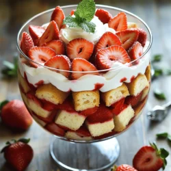 - 1 pound fresh strawberries, hulled and thinly sliced - 1 pound angel food cake, cut into bite-sized cubes - 2 cups heavy whipping cream - 1/4 cup granulated sugar (for macerating strawberries) - 1/2 cup powdered sugar - 1 teaspoon pure vanilla extract - 1/2 cup vanilla yogurt - Fresh mint leaves for garnish (optional) In this delightful recipe, fresh strawberries take center stage. Their bright flavor perfectly complements the light angel food cake. You want to slice the strawberries thinly for even layering. The heavy whipping cream adds a rich creaminess that balances the sweetness of the dish. To elevate the natural taste of the strawberries, you will macerate them. This means you sprinkle them with granulated sugar and let them sit. This step draws out the juices and enhances their flavor. For the whipped cream, use heavy whipping cream. This will give you the best texture. Adding powdered sugar and vanilla extract brings sweetness and depth to the cream. Lastly, you can add vanilla yogurt for a tangy twist. Mint leaves can add a pop of color and freshness as a garnish. This blend of ingredients makes every bite of the Strawberry Shortcake Trifle a joyful experience. If you want to see the full recipe, check out the details provided earlier. To macerate strawberries, start by slicing them thin. Place the strawberries in a bowl, then add granulated sugar. Toss the berries gently to coat them in sugar. This step helps the strawberries release their juices. Let them sit for about 20 minutes. This waiting time is key. The sugar draws out the sweet juice, making them even tastier. Next, we need to make whipped cream. Pour heavy whipping cream into a large bowl. Mix it with an electric mixer on medium speed. As it thickens, slowly add powdered sugar and vanilla. Keep whipping until you see soft peaks. This process usually takes around 3 to 5 minutes. The right texture is fluffy but not too stiff. Now it’s time to layer the trifle! Start with a layer of angel food cake cubes at the bottom. Make sure the layer is even across the base. Next, add a layer of the macerated strawberries, including their juices. Follow with a layer of whipped cream, spreading it evenly. Repeat these layers until you reach the top. Finish with a layer of whipped cream for a nice touch. If you want to make it look pretty, arrange some strawberry slices on top. This adds color and style. Don’t forget to chill the trifle for at least 1 hour before serving. This allows the flavors to mix and the cake to soak up the juices. For the full recipe, see the details above. To get great whipped cream, avoid over-mixing. This can turn your cream to butter. Instead, whip until soft peaks form. You can test this by lifting the whisk. The cream should hold its shape but still be smooth. If it looks grainy, you mixed too long. For parties, I love using clear cups. They show off those pretty layers. You can also create a large trifle in a glass dish. This makes a great centerpiece. If you want individual servings, fill small cups or jars. This makes for easy eating and cleanup. Want to make your trifle even tastier? Try adding lemon or lime zest. This brightens the flavor and adds a nice twist. You can also use different sweeteners like honey or maple syrup. These add unique flavors and can suit different diets. {{image_4}} You can swap strawberries for many fruits. Ripe peaches or sweet blueberries work great. You can even use tart raspberries for a fun twist. Seasonal fruits like cherries or mangoes add flavor and color. Use what you find fresh at your market. This keeps your trifle exciting and tasty. If you want a change from angel food cake, try pound cake. It gives a rich flavor and a denser texture. Brownies also work well for a chocolate twist. For gluten-free options, use almond flour cake or gluten-free brownies. These options let everyone enjoy the trifle without missing out. To give your trifle a grown-up touch, add some liqueurs. A splash of amaretto or orange liqueur brightens the flavors. You can also try flavored yogurts like key lime or coconut. This adds a unique taste and makes your trifle stand out. Each variation opens new doors for flavor exploration. Check out the Full Recipe for more details! To keep your trifle fresh, store any leftovers in the fridge. Use an airtight container. This helps to keep the layers intact and prevents sogginess. Avoid covering the trifle directly with plastic wrap, as it may stick to the cream. Instead, place a layer of parchment paper between the trifle and the wrap. Chilling the trifle is key to great flavor. It allows the cake to soak up the strawberry juices. Aim for at least one hour of chilling time. If stored properly, your trifle will stay good in the refrigerator for up to three days. However, it’s best enjoyed within the first day or two for optimal taste and texture. While freezing is possible, it’s best to freeze the layers separately. Cream does not freeze well, so store the cake and strawberries in separate containers. When ready to serve, thaw the cake and strawberries in the fridge overnight. Then layer them again with fresh whipped cream for the best taste. Yes, you can make this trifle ahead of time. I suggest preparing it no more than a day in advance. This time frame keeps the cake fresh and the flavors bright. If you make it too early, the cake may soak up too much juice and become soggy. To transport a trifle safely, cover the dish with plastic wrap. If you have a lid, use that instead. Place it in a sturdy box or cooler to keep it from tipping. You can also use individual cups for easy serving at gatherings. To keep the cake from becoming soggy, do not mix the cake with the strawberries right away. Layer the cake and strawberries just before serving. You can also use a thicker layer of whipped cream to act as a barrier between the cake and juices. To make a great strawberry shortcake trifle, you need fresh strawberries, angel food cake, and whipped cream. Add sweeteners like granulated sugar and vanilla for flavor. Layer these ingredients and use tips from our guide for beautiful results. You can also explore variations with different fruits and cakes. In conclusion, this trifle is simple to make and perfect for any occasion. Enjoy this delicious dessert with family and friends. Don't forget to use our tips to enhance the flavor and keep your trifle fresh. Happy layering!