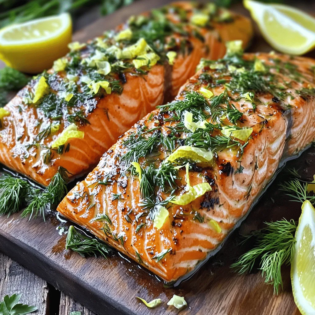 To make Lemon Herb Grilled Salmon, you need a few fresh and simple items. Here’s a list of what you'll need: - 4 salmon fillets (approximately 6 oz each) - 2 tablespoons olive oil - Zest and juice of 1 fresh lemon - 3 cloves garlic, finely minced - 1 teaspoon fresh dill, chopped - 1 teaspoon fresh parsley, chopped - 1 teaspoon fresh thyme, chopped - Salt and freshly ground black pepper to taste - Lemon wedges and additional fresh herbs for garnish Each ingredient adds flavor and makes the dish bright and tasty. The fresh herbs bring life to the salmon. The lemon juice adds a nice tang. This combination makes a perfect meal for any day of the week. You can find the full recipe in the main article. Now, get ready to enjoy a delicious dish that is easy to make! First, grab a small mixing bowl. In it, whisk together the olive oil, lemon zest, lemon juice, minced garlic, and chopped herbs. This step is key for great flavor. Make sure all ingredients mix well. This way, each bite of salmon will burst with taste. Next, take your salmon fillets and arrange them in a shallow dish. Pour the marinade over the salmon. Use a spoon to coat each piece well. Cover the dish with plastic wrap. Place it in the fridge for 30 minutes to 2 hours. This time allows the flavors to sink into the fish. When it's time to cook, preheat your grill to medium-high heat. To keep the salmon from sticking, oil the grill grates with a paper towel dipped in oil. After that, remove the salmon from the marinade. Let any extra marinade drip off. Discard the leftover marinade. Now, lay the salmon skin-side down on the grill. Grill the salmon for 6-8 minutes. Flip it halfway through for even cooking. The fish should turn opaque and flake easily with a fork. This method ensures a delicious meal every time. Enjoy your Lemon Herb Grilled Salmon! For the complete steps, check the Full Recipe. Grilling salmon is simple if you follow a few key tips. The grilling time depends on the thickness of the fillet. For a 1-inch thick fillet, grill for about 6-8 minutes. Thinner fillets may need only 4-6 minutes. Always check for doneness; the salmon should look opaque and flake easily with a fork. After grilling, let the salmon rest for 3-5 minutes. This step helps keep the fish moist and flavorful. To boost the flavor of your salmon, consider adding more herbs or spices. You might try fresh basil or a sprinkle of smoked paprika. Both options add a unique twist. Marinade the salmon for at least 30 minutes. If you have more time, letting it sit for 2 hours makes the flavors even better. Just ensure it stays in the fridge while marinading. A beautiful plate makes the meal more enjoyable. Serve your grilled salmon on a white plate. This helps the colors pop. Add lemon wedges around the fillets. A sprinkle of fresh herbs on top adds nice color and flavor. For side dishes, try a light salad or roasted veggies. They pair well with the salmon and enhance the meal's appeal. For a full recipe, check out the details above. {{image_4}} You can cook salmon in various ways. Broiling and grilling are two popular options. - Broiling: This method uses high heat from above. To broil, place the salmon on a baking sheet. Set your oven to broil and cook for about 6-8 minutes. Keep an eye on it, as broiling can cook quickly. - Grilling: This method adds a smoky flavor. Preheat your grill to medium-high heat. Cook the salmon skin-side down for about 6-8 minutes, flipping halfway. Use a spatula to turn it gently. If you prefer a healthier option, try baking the salmon. Preheat your oven to 375°F. Place the salmon on a baking dish and cover it with foil. Bake for 15-20 minutes. This keeps the fish moist and tender. You can switch up the flavors with different citrus fruits. Instead of lemon, try lime or orange. Each fruit gives a unique twist to the taste. For some heat, add red pepper flakes to the marinade. This adds a spicy kick. You can also use mustard for a tangy flavor. Mixing it with the marinade brings new life to the dish. If you need gluten-free options, this recipe is naturally gluten-free. Just check your ingredients to ensure they are safe. For dairy-free needs, this recipe fits perfectly too. Want to switch the fish? You can use trout or tilapia instead of salmon. Each fish has its flavor and texture, which can change the dish's outcome. Enjoy experimenting with different types of fish to find your favorite! To store leftover grilled salmon, place it in an airtight container. This keeps it fresh and prevents odors from mixing. Make sure to cool the salmon to room temperature before sealing. You can keep it in the fridge for up to three days. Enjoy it in salads or sandwiches for quick meals. If you want to save grilled salmon for later, freezing is a great option. Wrap the salmon tightly in plastic wrap and then place it in a freezer bag. This helps keep the flavor intact. For best quality, eat it within three months. When you're ready to cook, thaw it in the fridge overnight or use the cold water method. Just seal it in a bag and place it in cold water until it’s thawed. To reheat salmon, I suggest using the oven or stovetop. For the oven, preheat it to 275°F. Place the salmon on a baking sheet and cover it with foil. Heat for about 15 minutes. This keeps the salmon moist and tasty. If using the stovetop, warm it gently in a skillet over low heat. Avoid high heat, as it can dry out the fish. Remember, seafood can easily become tough if overheated. So, take your time! For the best taste, marinate the salmon for at least 30 minutes. This time allows the flavors to soak in. If you have more time, go for up to 2 hours. A longer marination gives a richer, deeper flavor. Just remember to keep it in the fridge while it marinates to stay safe. Yes, you can use frozen salmon! First, thaw it safely. Place the frozen fillets in the fridge overnight. If you're short on time, submerge them in cold water for about an hour. Once thawed, pat them dry and follow the recipe as usual. The marinade will still work wonders, giving you tasty salmon. Salmon is packed with nutrients. It is a great source of protein, which helps build and repair your body. Salmon also contains omega-3 fatty acids. These healthy fats are good for your heart. Eating salmon may lower the risk of heart disease and improve brain function. Plus, it has vitamins like B12, which helps keep your energy up. Enjoying salmon can be a tasty way to stay healthy! Grilling salmon is easy with the right ingredients and steps. You need fresh salmon, herbs, and a zesty marinade. The instructions guide you through marinating, grilling, and serving. Remember to experiment with flavors and techniques, like broiling or baking. Store leftovers properly for later enjoyment. Salmon is not only tasty but also packed with nutrients. Enjoy making this dish and sharing it with others!