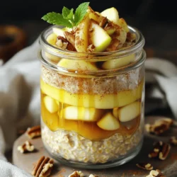 - 1 cup rolled oats - 1 ½ cups almond milk (or your preferred milk) - 1 medium apple, peeled and diced - 1 tablespoon chia seeds The main ingredients make this breakfast filling and tasty. Rolled oats are the base. They provide fiber and help keep you full. Almond milk adds creaminess and a nutty flavor. You can use any milk you like. Diced apples bring sweetness and crunch. Chia seeds add a boost of nutrition and help thicken the oats. - 1 tablespoon maple syrup (or honey) - 1 teaspoon ground cinnamon - ½ teaspoon vanilla extract - A pinch of salt - 2 tablespoons chopped pecans (optional) - Fresh apple slices and an extra sprinkle of cinnamon for topping You can customize your oats to fit your taste. Maple syrup or honey offers extra sweetness. Ground cinnamon gives warmth and spice. Vanilla adds a lovely aroma. Salt enhances all the flavors. Chopped pecans give a crunchy texture. Fresh apple slices on top look nice and taste great too. - Caloric content per serving: about 300 calories - Health benefits of ingredients: oats are high in fiber, apples provide vitamins, chia seeds are rich in omega-3s - Dietary considerations: This recipe is vegan and gluten-free if you use gluten-free oats Each serving of these overnight oats packs a nutritious punch. The oats give you energy to start your day. Apples are full of vitamins and antioxidants. Chia seeds are small but mighty, adding healthy fats. This meal fits many diets, making it easy for everyone to enjoy. For the full recipe, check out the details provided above. To start, gather your ingredients. In a medium mixing bowl, combine the following: - 1 cup rolled oats - 1 ½ cups almond milk (or your preferred milk) - 1 tablespoon chia seeds - 1 tablespoon maple syrup (or honey) - 1 teaspoon ground cinnamon - ½ teaspoon vanilla extract - A pinch of salt Now, whisk or stir them together. Make sure everything blends well. This mixing is key for a smooth texture. I like to use a fork for easy stirring. It helps break up any clumps. Next, it's time to fold in the diced apples. Take your peeled and diced apple and gently add it to the mixture. - Make sure to mix it slowly. This way, you keep the apple pieces whole. They add crunch and flavor. Aim for even distribution. You want bites of apple in every spoonful. After mixing everything, transfer it to a mason jar or an airtight container. I like to add a layer of diced apples on top for a nice look. Then, seal the container tightly. Place it in the fridge to chill overnight. This soaking process is important. It helps the oats absorb the liquid. The oats will soften and become creamy. In the morning, just give it a stir. If it seems thick, add a splash of milk. Enjoy your Apple Cinnamon Overnight Oats, a simple and tasty recipe! To get the best texture for your apple cinnamon overnight oats, adjust the liquid based on your taste. If you like creamier oats, add a bit more almond milk. For thicker oats, use less. Before you serve, give the mixture a good stir. This helps mix in any ingredients that settled at the bottom. Serving your oats in jars looks great! Clear glass jars let you show off the lovely layers. For a fun touch, garnish with chopped pecans and a sprig of fresh mint. This adds both flavor and a pop of color to your dish. If mornings are busy, consider batch preparation. You can make several jars at once. Pre-dicing your apples also saves time. Prepare your oats in advance, and you’ll have a quick breakfast ready to go! {{image_4}} You can make your apple cinnamon overnight oats even tastier by adding other fruits. Try sliced bananas or fresh berries. Bananas add a creamy texture, while berries give a burst of flavor. Both options mix well with the oats. You can also play with spices. Nutmeg and allspice bring warmth and depth. A pinch of nutmeg can enhance the apple flavor. Allspice can add a cozy, spiced note. Feel free to experiment until you find your favorite blend! If you want dairy-free options, choose coconut or oat milk. Both are creamy and delicious. They help make the dish rich without using cow’s milk. When it comes to sweeteners, maple syrup and honey work great. Maple syrup gives a unique flavor. Honey adds a floral sweetness. You can adjust the amount based on your taste. Just remember, less is more if you want a healthier option. In fall, add pumpkin puree or dried cranberries to your oats. Pumpkin gives a smooth texture and a fun twist. Cranberries add a tart flavor that plays well with sweet apples. During summer, use fresh fruits like peaches or strawberries. They brighten up the dish and add freshness. You can even mix in some coconut flakes for a tropical vibe. The options are endless, so have fun with seasonal flavors! To keep your Apple Cinnamon Overnight Oats fresh, use an airtight container or a mason jar. Both work well, but mason jars offer a fun look. Seal them tightly to prevent air from spoiling the oats. Store them in the fridge for up to five days. This way, you always have a quick breakfast ready. If you want to save your oats for later, freezing is a great option. Pour the mixture into a freezer-safe container. Leave some space at the top for expansion. You can freeze them for up to three months. When ready to eat, thaw them overnight in the fridge. Reheat them in the microwave for about 1-2 minutes. Add a splash of milk to get the right texture again. Always check your oats before eating. If they smell sour or look discolored, it's time to toss them. Fresh oats should smell sweet and cinnamon-like. If you see mold, do not eat them. Dispose of them safely in your compost bin or trash. Keeping an eye on freshness helps you enjoy tasty oats every time. Yes, you can prep Apple Cinnamon Overnight Oats ahead of time. It’s best to store them in the fridge for up to five days. This makes it easy to grab a quick breakfast. To make oats for the whole week, simply double or triple the recipe. Use separate jars for easy servings. If you don’t have chia seeds, you can use flaxseeds or ground nuts. Flaxseeds add a nutty flavor, while nuts give a nice crunch. Both options will change the texture a bit. You may find the mixture less creamy but still tasty. You can make Apple Cinnamon Overnight Oats healthier by reducing the sugar. You might also add a scoop of protein powder. Incorporating superfoods like nuts or seeds boosts the nutrients. These changes keep the oats delicious while making them better for you. Apple cinnamon overnight oats are a simple, tasty meal. You learned the key ingredients, like rolled oats and diced apples, and tips for perfecting the recipe. I shared flavor ideas, storage advice, and ways to customize this dish to fit your needs. Remember, you can prep your oats ahead for busy mornings. Enjoy experimenting with flavors, textures, and seasonal ingredients. With these tips, you can create a nutritious breakfast that fuels your day. Dive in and make your own delicious version today!