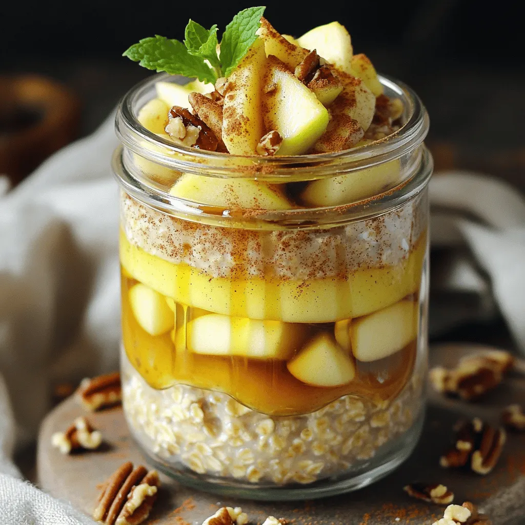 - 1 cup rolled oats - 1 ½ cups almond milk (or your preferred milk) - 1 medium apple, peeled and diced - 1 tablespoon chia seeds The main ingredients make this breakfast filling and tasty. Rolled oats are the base. They provide fiber and help keep you full. Almond milk adds creaminess and a nutty flavor. You can use any milk you like. Diced apples bring sweetness and crunch. Chia seeds add a boost of nutrition and help thicken the oats. - 1 tablespoon maple syrup (or honey) - 1 teaspoon ground cinnamon - ½ teaspoon vanilla extract - A pinch of salt - 2 tablespoons chopped pecans (optional) - Fresh apple slices and an extra sprinkle of cinnamon for topping You can customize your oats to fit your taste. Maple syrup or honey offers extra sweetness. Ground cinnamon gives warmth and spice. Vanilla adds a lovely aroma. Salt enhances all the flavors. Chopped pecans give a crunchy texture. Fresh apple slices on top look nice and taste great too. - Caloric content per serving: about 300 calories - Health benefits of ingredients: oats are high in fiber, apples provide vitamins, chia seeds are rich in omega-3s - Dietary considerations: This recipe is vegan and gluten-free if you use gluten-free oats Each serving of these overnight oats packs a nutritious punch. The oats give you energy to start your day. Apples are full of vitamins and antioxidants. Chia seeds are small but mighty, adding healthy fats. This meal fits many diets, making it easy for everyone to enjoy. For the full recipe, check out the details provided above. To start, gather your ingredients. In a medium mixing bowl, combine the following: - 1 cup rolled oats - 1 ½ cups almond milk (or your preferred milk) - 1 tablespoon chia seeds - 1 tablespoon maple syrup (or honey) - 1 teaspoon ground cinnamon - ½ teaspoon vanilla extract - A pinch of salt Now, whisk or stir them together. Make sure everything blends well. This mixing is key for a smooth texture. I like to use a fork for easy stirring. It helps break up any clumps. Next, it's time to fold in the diced apples. Take your peeled and diced apple and gently add it to the mixture. - Make sure to mix it slowly. This way, you keep the apple pieces whole. They add crunch and flavor. Aim for even distribution. You want bites of apple in every spoonful. After mixing everything, transfer it to a mason jar or an airtight container. I like to add a layer of diced apples on top for a nice look. Then, seal the container tightly. Place it in the fridge to chill overnight. This soaking process is important. It helps the oats absorb the liquid. The oats will soften and become creamy. In the morning, just give it a stir. If it seems thick, add a splash of milk. Enjoy your Apple Cinnamon Overnight Oats, a simple and tasty recipe! To get the best texture for your apple cinnamon overnight oats, adjust the liquid based on your taste. If you like creamier oats, add a bit more almond milk. For thicker oats, use less. Before you serve, give the mixture a good stir. This helps mix in any ingredients that settled at the bottom. Serving your oats in jars looks great! Clear glass jars let you show off the lovely layers. For a fun touch, garnish with chopped pecans and a sprig of fresh mint. This adds both flavor and a pop of color to your dish. If mornings are busy, consider batch preparation. You can make several jars at once. Pre-dicing your apples also saves time. Prepare your oats in advance, and you’ll have a quick breakfast ready to go! {{image_4}} You can make your apple cinnamon overnight oats even tastier by adding other fruits. Try sliced bananas or fresh berries. Bananas add a creamy texture, while berries give a burst of flavor. Both options mix well with the oats. You can also play with spices. Nutmeg and allspice bring warmth and depth. A pinch of nutmeg can enhance the apple flavor. Allspice can add a cozy, spiced note. Feel free to experiment until you find your favorite blend! If you want dairy-free options, choose coconut or oat milk. Both are creamy and delicious. They help make the dish rich without using cow’s milk. When it comes to sweeteners, maple syrup and honey work great. Maple syrup gives a unique flavor. Honey adds a floral sweetness. You can adjust the amount based on your taste. Just remember, less is more if you want a healthier option. In fall, add pumpkin puree or dried cranberries to your oats. Pumpkin gives a smooth texture and a fun twist. Cranberries add a tart flavor that plays well with sweet apples. During summer, use fresh fruits like peaches or strawberries. They brighten up the dish and add freshness. You can even mix in some coconut flakes for a tropical vibe. The options are endless, so have fun with seasonal flavors! To keep your Apple Cinnamon Overnight Oats fresh, use an airtight container or a mason jar. Both work well, but mason jars offer a fun look. Seal them tightly to prevent air from spoiling the oats. Store them in the fridge for up to five days. This way, you always have a quick breakfast ready. If you want to save your oats for later, freezing is a great option. Pour the mixture into a freezer-safe container. Leave some space at the top for expansion. You can freeze them for up to three months. When ready to eat, thaw them overnight in the fridge. Reheat them in the microwave for about 1-2 minutes. Add a splash of milk to get the right texture again. Always check your oats before eating. If they smell sour or look discolored, it's time to toss them. Fresh oats should smell sweet and cinnamon-like. If you see mold, do not eat them. Dispose of them safely in your compost bin or trash. Keeping an eye on freshness helps you enjoy tasty oats every time. Yes, you can prep Apple Cinnamon Overnight Oats ahead of time. It’s best to store them in the fridge for up to five days. This makes it easy to grab a quick breakfast. To make oats for the whole week, simply double or triple the recipe. Use separate jars for easy servings. If you don’t have chia seeds, you can use flaxseeds or ground nuts. Flaxseeds add a nutty flavor, while nuts give a nice crunch. Both options will change the texture a bit. You may find the mixture less creamy but still tasty. You can make Apple Cinnamon Overnight Oats healthier by reducing the sugar. You might also add a scoop of protein powder. Incorporating superfoods like nuts or seeds boosts the nutrients. These changes keep the oats delicious while making them better for you. Apple cinnamon overnight oats are a simple, tasty meal. You learned the key ingredients, like rolled oats and diced apples, and tips for perfecting the recipe. I shared flavor ideas, storage advice, and ways to customize this dish to fit your needs. Remember, you can prep your oats ahead for busy mornings. Enjoy experimenting with flavors, textures, and seasonal ingredients. With these tips, you can create a nutritious breakfast that fuels your day. Dive in and make your own delicious version today!