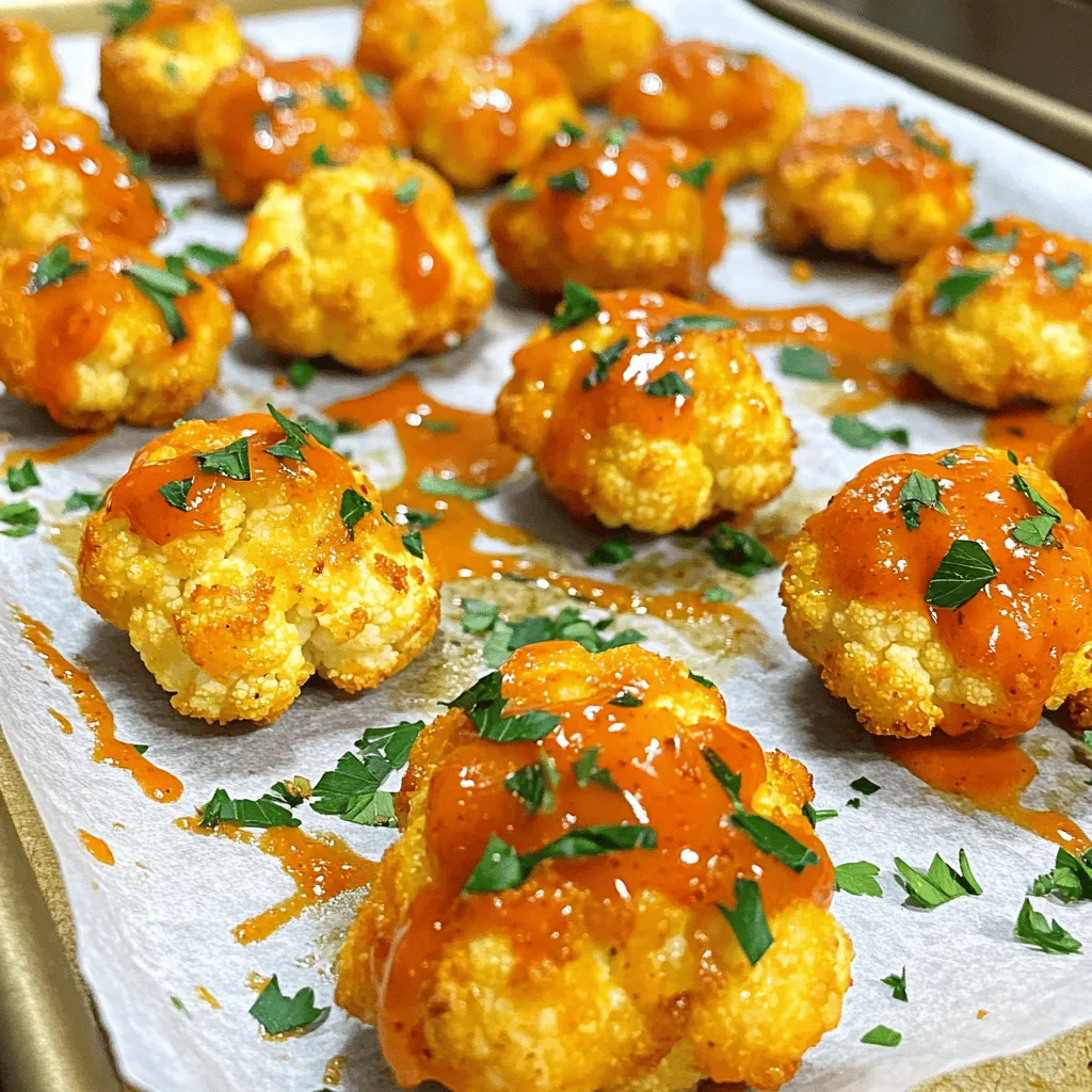 To make these tasty bites, you need a few simple ingredients. Here’s what you will need: - 1 large head of cauliflower, cut into bite-sized florets - 1 cup all-purpose flour (or gluten-free flour for a gluten-free option) - 1 cup cold water - 1 teaspoon garlic powder - 1 teaspoon onion powder - 1 teaspoon smoked paprika - 1/2 teaspoon salt - 1/2 teaspoon freshly cracked black pepper - 1 cup Buffalo sauce (store-bought or homemade) - 2 tablespoons melted butter (optional, adds richness) - Fresh parsley, finely chopped (for garnish) These ingredients come together to create a crunchy and spicy snack that everyone will love. If you want to make this dish gluten-free, swap the all-purpose flour for gluten-free flour. This change keeps the texture light and crispy. You can find gluten-free flour blends at most grocery stores. Look for one that works well for baking. This ensures a great taste without gluten. Garnish your Buffalo Cauliflower Bites with fresh parsley for a pop of color. This touch makes them look fancy. You can also serve them with dipping sauces. Ranch or blue cheese dressing works best. These creamy dips balance the heat from the Buffalo sauce. You can also try other sauces like yogurt or hummus for a twist. Enjoy experimenting with different flavors! First, you need a large head of cauliflower. Cut it into bite-sized florets. This size helps them cook evenly. Rinse the florets in cold water to remove any dirt. Pat them dry with a clean towel. Dry florets hold the batter better, so this step is key. In a large bowl, mix 1 cup of all-purpose flour with 1 cup of cold water. Add 1 teaspoon of garlic powder, 1 teaspoon of onion powder, 1 teaspoon of smoked paprika, 1/2 teaspoon of salt, and 1/2 teaspoon of black pepper. Whisk until the batter is smooth and thick. It should coat the florets well. If you want gluten-free bites, swap regular flour for gluten-free flour. Preheat your oven to 450°F (230°C). Line a baking sheet with parchment paper. Dip each cauliflower floret into the batter. Make sure each piece is well coated. Let any extra batter drip off. Space the florets out on the baking sheet. This helps them get crispy. Bake them for 20 to 25 minutes. They should turn golden brown and crispy. While the florets bake, mix 1 cup of Buffalo sauce with 2 tablespoons of melted butter in a bowl. Stir until smooth. When the cauliflower is done, carefully move them into the bowl with the sauce. Toss them gently to coat each piece. Put the sauced cauliflower back onto the baking sheet. Bake for another 10 minutes. This step crisps the sauce and adds flavor. Afterward, let them cool for about 5 minutes. Enjoy your Buffalo cauliflower bites with ranch or blue cheese dressing for dipping. For the full recipe, check above. To get your Buffalo Cauliflower Bites extra crispy, follow these steps: - Use cold water in your batter. This helps create a light and airy coating. - Spread the florets apart on the baking sheet. Overcrowding can result in steaming, not crisping. - Bake on a preheated baking sheet. This jumpstarts the crisping process. - Flip the florets halfway through baking. This ensures even crispiness on all sides. If you prefer different cooking methods, try these options: - Air Frying: Preheat your air fryer to 400°F (200°C). Basket-style fryers work best. Cook in batches for about 15-20 minutes. Shake the basket halfway through for even cooking. - Frying: Heat oil in a deep pan to 350°F (175°C). Carefully add the battered florets. Fry in small batches for about 3-4 minutes until golden. Drain on paper towels to remove excess oil. Coating your cauliflower well is key to great flavor and texture: - Make sure the batter is thick enough. It should stick well to the florets. - Dip each floret completely in the batter. Ensure it’s fully covered for best results. - Tap off excess batter. Too much will lead to soggy bites. - Let the coated florets rest for a few minutes before baking. This helps the batter adhere better. For the full recipe, check out the complete guide. {{image_4}} You can make the batter for Buffalo Cauliflower Bites even tastier. Here are some great ideas: - Add spices: Try cumin, chili powder, or cayenne for extra heat. - Herbs: Mix in dried oregano or thyme for a fresh taste. - Cheesy twist: Add nutritional yeast for a cheesy flavor without dairy. These options let you customize your bites to your liking! Buffalo sauce is classic, but don't stop there! - BBQ sauce: Use your favorite BBQ sauce for a sweet and tangy flavor. - Asian-inspired: Try soy sauce, sesame oil, and sriracha for a unique twist. Each sauce brings its own flair, making your bites exciting. Buffalo Cauliflower Bites can fit any diet. - Vegan option: Use plant-based butter or skip the butter altogether. - Non-vegan twist: Add cheese to the batter for a richer taste. These adaptations ensure that everyone at your table can enjoy this snack. Don't forget to check the Full Recipe for all the details! To store leftover Buffalo Cauliflower Bites, let them cool completely. Place them in an airtight container. This keeps the bites fresh for up to three days in the fridge. If you want them to last longer, consider freezing them. For the best texture when reheating, use an oven or an air fryer. Preheat your oven to 350°F (175°C). Spread the bites on a baking sheet. Heat for about 10-15 minutes until they are crispy again. In an air fryer, set it to 350°F (175°C) and cook for about 5-7 minutes. This way, they stay crunchy and delicious. If you want to freeze your Buffalo Cauliflower Bites, the best time to do it is right after cooking. Let them cool, then place them in a single layer on a baking sheet. Freeze until solid, then transfer to a freezer-safe bag. They will last for up to three months in the freezer. When you are ready to eat, bake them from frozen for about 20-25 minutes at 450°F (230°C) for a tasty snack. Yes, Buffalo Cauliflower Bites are vegan. You can use flour and water for the batter. The Buffalo sauce is also usually vegan. Just check the label to be sure. To make Buffalo Cauliflower Bites gluten-free, swap out the all-purpose flour for gluten-free flour. This simple change keeps the recipe tasty and safe for gluten-free diets. Buffalo Cauliflower Bites pair well with many sides. Here are some ideas: - Fresh veggie sticks (carrots, celery, cucumber) - Creamy dips like ranch or blue cheese dressing - A light salad with a tangy vinaigrette - Crispy potato wedges or sweet potato fries You can adjust the heat level of your Buffalo Cauliflower Bites. For a spicy kick, use extra Buffalo sauce or a hotter variety. If you prefer milder bites, reduce the amount of sauce or choose a milder sauce. You can also add honey or maple syrup for sweetness, balancing the heat. Buffalo cauliflower bites are tasty and easy to make. We covered the key ingredients, including tasty sauces and gluten-free swaps. You learned simple steps, from prepping the cauliflower to baking it for crunch. I shared tips on achieving crispiness and cooking methods like air frying. You now have ideas for flavor variations and how to store leftovers. Remember, these bites can fit any meal. Enjoy experimenting with flavors and making this dish your own.