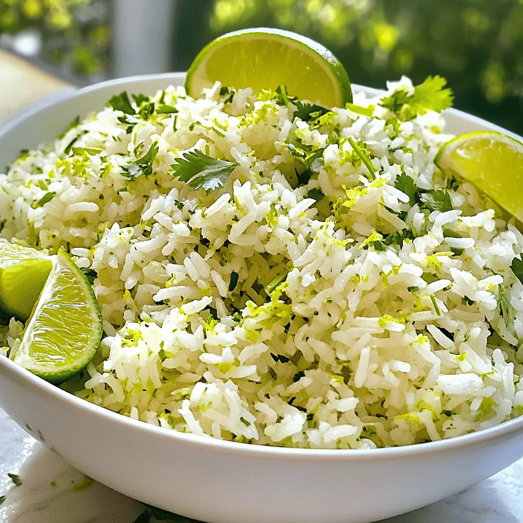 - 1 cup long-grain white rice - 2 cups vegetable broth (or water) - 1 lime, zested and juiced - 1 tablespoon olive oil - 2 cloves garlic, minced - 1/2 teaspoon salt - 1/4 teaspoon black pepper - 1/3 cup fresh cilantro, finely chopped - Optional: 1/4 teaspoon chili powder for a spicy kick Lime cilantro rice is a simple dish, but its flavor shines bright. Each ingredient plays a key role. The long-grain white rice gives a nice fluffy texture. The vegetable broth adds depth, while the lime brings a zesty pop. Olive oil enhances the richness, and garlic adds warmth. Salt and pepper balance all the flavors. Fresh cilantro adds a burst of freshness. If you like spice, chili powder can kick things up a notch. Using these fresh ingredients makes the dish vibrant and tasty. Lime is key here; its zest and juice work together to brighten the rice. You can easily customize this dish by adding your favorite ingredients. Check out the Full Recipe for more details on how to prepare this delightful side. - Rinse the rice under cold water. This helps remove extra starch. It will make your rice fluffy. - Warm olive oil in a medium saucepan. Sauté minced garlic for about one minute. You want it to smell nice, but don't let it burn. - Add the rinsed rice to the pan. Stir it into the garlic oil. Toast the rice for two to three minutes. It should turn light golden and smell great. - Now, pour in the vegetable broth or water. Add the lime juice, lime zest, salt, and black pepper. If you like spice, add chili powder. Mix everything well. - Turn up the heat until it boils. When it starts bubbling, lower the heat and cover the pan. Let the rice simmer for 15 to 20 minutes. This will make it tender. - After cooking, take the pan off the heat. Keep it covered for five more minutes. This helps the rice finish cooking. - Fluff the rice with a fork. Mix in the fresh cilantro. Make sure it blends well. Taste your rice. If it needs more lime juice, salt, or pepper, add it. For the full recipe, check out the instructions above. To achieve fluffy rice, follow these steps: - Rinse the rice well to remove starch. This makes each grain light and airy. - Use a ratio of 1 cup of rice to 2 cups of broth or water. This helps with even cooking. - Let the rice sit after cooking. This lets it finish steaming and stay fluffy. If you don’t have vegetable broth, you can use water instead. It won’t be as rich, but the lime and cilantro will add great flavor. You can also try chicken broth for a different taste. For sides, Lime Cilantro Rice pairs well with: - Grilled chicken or fish - Tacos or burritos - Fresh salads When serving, try these presentation ideas: - Use a large bowl to show off the rice. - Top with lime wedges and extra cilantro for a pop of color. - Sprinkle more lime zest on top for an added zing. These tips will help you create a dish that’s not just tasty but also beautiful to serve! Don't forget to check out the Full Recipe for more details. {{image_4}} If you love heat, add chili powder to your rice. Start with 1/4 teaspoon of chili powder. This small amount gives a nice kick without overpowering the lime and cilantro flavors. You can add more if you want it spicier. Mix it in with the other ingredients before cooking. The spice pairs well with the tangy lime juice. Want a different base? Try quinoa instead of rice. Quinoa cooks quickly and adds a nutty flavor. Use the same amount, 1 cup, and rinse it just like rice. The cooking time will be shorter, about 15 minutes. The result is a light and fresh dish that still shines with lime and cilantro. You can mix in veggies or beans for more nutrition. Add diced bell peppers, corn, or black beans right before the rice is done cooking. This gives you a one-pot meal that is colorful and full of flavor. You can customize it based on what you have at home. For the full recipe, check out Zesty Lime Cilantro Rice. To keep your Lime Cilantro Rice fresh, let it cool completely first. Store it in an airtight container. This helps to keep moisture out and prevents odors from mixing. You can keep it in the fridge for up to three days. If you want to store it longer, consider freezing it. Divide the rice into portions and place them in freezer bags. Be sure to remove as much air as possible before sealing. When you're ready to enjoy your Lime Cilantro Rice again, there are a few ways to reheat it. Here are some easy methods: - Microwave: Place the rice in a microwave-safe bowl. Add a splash of water to help steam it. Cover with a damp paper towel and heat in 30-second intervals, stirring in between until heated through. - Stovetop: Heat a non-stick pan over medium heat. Add a little olive oil or water to the pan. Add the rice and stir frequently until warmed. - Oven: Preheat your oven to 350°F (175°C). Spread the rice in a baking dish. Add a few tablespoons of water, cover with foil, and bake for about 15 minutes. These methods will help keep your rice tasty and fluffy. For the full recipe, feel free to check the earlier sections! Yes, you can prepare Lime Cilantro Rice in advance. Cook it, let it cool, and store it in the fridge. This dish tastes great even after a day. When you are ready to eat, just warm it up. Lime Cilantro Rice can last in the fridge for about 4 to 5 days. Make sure to keep it in an airtight container. This helps to keep it fresh and tasty. Yes, you can freeze Lime Cilantro Rice. Place it in a freezer-safe container. It will keep well for up to 3 months. When you want to eat it, thaw it in the fridge overnight. Then, reheat in a pot or microwave until warm. For the full recipe, check out the Zesty Lime Cilantro Rice dish. Lime Cilantro Rice is a simple, tasty dish you can make at home. We covered the key ingredients, easy steps to prepare it, and helpful tips to make it shine. You can also explore tasty variations and proper storage methods. I hope you feel ready to make this vibrant rice dish. Enjoy the fresh flavors and share it with friends and family. Happy cooking!
