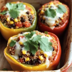- 4 large bell peppers (any color) - 1 cup quinoa, rinsed thoroughly - 2 cups vegetable broth (or water) - 1 can (15 oz) black beans, drained and rinsed - 1 cup corn kernels (fresh, frozen, or canned) - 1 medium onion, finely chopped - 2 cloves garlic, minced - 1 teaspoon ground cumin - 1 teaspoon paprika - 1/2 teaspoon chili powder - 1 cup diced tomatoes (fresh or canned) - 1 cup shredded cheese (cheddar or a vegan option) - Fresh cilantro or parsley for garnish - Salt and pepper to taste - Olive oil for sautéing When you make stuffed bell peppers, the right ingredients matter. I love using large bell peppers. They hold all the goodness inside. Quinoa is my favorite base. It is nutty and full of protein. Then, I add black beans and corn. They add great texture and flavor. The onion and garlic bring a wonderful aroma. They make the dish feel homey and warm. For seasoning, I use cumin and paprika. They add depth to the dish. A little chili powder gives it a kick. Diced tomatoes keep the filling juicy. Finally, I sprinkle cheese on top. It melts perfectly, creating a golden crust. Fresh herbs like cilantro or parsley brighten the flavors. This mix of ingredients creates a delightful meal. You can find the full recipe for this tasty dish [Full Recipe]. - Preheat the oven to 375°F (190°C). - Slice the tops off each pepper and remove seeds and membranes. First, I make sure to preheat my oven. This step is key for the perfect cooking time. While the oven warms up, I turn my attention to the bell peppers. I carefully slice off the tops, keeping them aside for later. Then, I remove all the seeds and white membranes inside. This step helps the peppers cook evenly and makes them easier to eat. I place the peppers upright in a baking dish, so they stand firm. - Sauté onion and garlic in olive oil. - Add quinoa, vegetable broth, and spices, then simmer. Next, I grab a medium saucepan. I drizzle a bit of olive oil and heat it up. Once it's warm, I toss in the chopped onion and minced garlic. I let them sauté for about 3 to 4 minutes. The onion turns soft and translucent, which shows it's ready. Then, I add the rinsed quinoa, vegetable broth, ground cumin, paprika, and chili powder. A pinch of salt and pepper adds flavor, too. I bring this mixture to a boil, then reduce the heat to low. Cover it with a lid and let it simmer for around 15 minutes. When the quinoa absorbs all the liquid, it becomes fluffy and ready to mix. - Combine quinoa mix with black beans, corn, and tomatoes. - Fill each pepper with the quinoa mixture and top with cheese. - Bake covered and then uncovered for a crispy finish. In a large bowl, I combine the cooked quinoa with black beans, corn, and diced tomatoes. Mixing everything well ensures each bite is full of flavor. With a spoon, I fill each bell pepper with the quinoa mixture. I press down gently to pack it in. This way, I can fit in as much filling as possible. After that, I sprinkle cheese on top of each pepper. I then cover the baking dish tightly with aluminum foil and place it in the preheated oven. I bake for 25 minutes. After that, I remove the foil and let it bake for another 10 to 15 minutes. This step gives the cheese a nice, bubbly, and lightly browned finish. Once done, I take the dish out of the oven and let it cool. Each stuffed bell pepper looks colorful and inviting, ready to serve. For a fresh touch, I sprinkle some cilantro or parsley on top before enjoying this delightful dish. You can find the full recipe [here]. To make your stuffed peppers stand out, use a mix of bell pepper colors. Red, yellow, and green peppers make a dish that is as beautiful as it is tasty. Adjust spices to fit your taste. If you like heat, add more chili powder. If you prefer a milder flavor, cut back on the spices. Cooking should be fun and fit your palate. Pre-cooking the quinoa can save time. It cooks faster when you prepare it before mixing. Just follow the package instructions. Use a deep baking dish for cooking. This helps the heat spread evenly, making sure your peppers cook well and stay juicy. Stuffed peppers pair great with a side salad. The crunch of fresh greens balances the softness of the peppers. For extra richness, drizzle some avocado or yogurt sauce on top. This adds creaminess and makes each bite even more delicious. You can find the full recipe in other sections for more details. {{image_4}} You can switch up the protein in your stuffed peppers. Try using brown rice or couscous instead of quinoa. This gives a different texture and flavor. If you want a meatier dish, add ground turkey or beef. Cook the meat first before mixing it with other ingredients. This adds a nice depth to the flavors. For a vegetarian or vegan twist, use plant-based cheese and broth. This keeps the dish meat-free while still being tasty. You can also add other veggies to the mix. Zucchini, mushrooms, or spinach work well. These veggies add nutrients and flavor. Feel free to get creative! To boost flavor, mix in fresh herbs. Basil and oregano are great choices. They add a fresh taste that brightens up the dish. A splash of lime juice also works wonders. It gives the peppers extra zest and makes them pop. These small changes can make your stuffed peppers even more exciting. For the complete recipe, you can check out the Full Recipe section. Keep your stuffed peppers in an airtight container in the fridge. They will stay fresh for up to five days. This makes it easy to enjoy your meal later. When you store them, try to keep them whole. This helps prevent them from drying out. You can freeze individual portions for easy meals later. Wrap each stuffed pepper tightly in plastic wrap. Place them in a freezer-safe bag or container. They can last for about three months in the freezer. When you're ready to eat, just thaw them overnight in the fridge. To reheat, the oven works best for texture. Preheat it to 350°F (175°C). Bake for about 15-20 minutes until heated through. If you're short on time, use the microwave. Heat on high for about two minutes, checking to ensure they are hot. Typically, stuffed bell peppers last 3 to 5 days when stored properly. Make sure to place them in an airtight container to keep them fresh. Always check for any signs of spoilage before eating. Yes, you can prepare the filling a day in advance. Just store it in the fridge until you are ready to stuff the peppers. This saves time and makes meal prep easy. Just remember to assemble and bake them before serving. Ideal accompaniments include salads, bread, or rice dishes. A fresh green salad pairs well, adding crunch and lightness. You might also enjoy a side of garlic bread or a simple rice pilaf. You know the stuffed peppers are done when they are tender and the cheese is melted and bubbly. The tops should be slightly browned. Use a fork to check the tenderness of the peppers before serving. Stuffed bell peppers are simple and fun to make. You learned about the key ingredients, cooking steps, and ways to customize your dish. Remember, you can mix and match flavors and add proteins or veggies you love. Enjoy leftovers for quick meals, and feel free to get creative with garnishes! Making stuffed peppers is not just about eating; it’s about sharing and enjoying good food. Try out these ideas and make a delicious meal today!