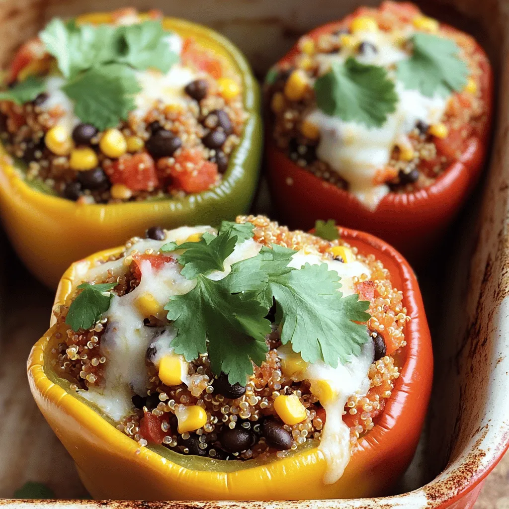 - 4 large bell peppers (any color) - 1 cup quinoa, rinsed thoroughly - 2 cups vegetable broth (or water) - 1 can (15 oz) black beans, drained and rinsed - 1 cup corn kernels (fresh, frozen, or canned) - 1 medium onion, finely chopped - 2 cloves garlic, minced - 1 teaspoon ground cumin - 1 teaspoon paprika - 1/2 teaspoon chili powder - 1 cup diced tomatoes (fresh or canned) - 1 cup shredded cheese (cheddar or a vegan option) - Fresh cilantro or parsley for garnish - Salt and pepper to taste - Olive oil for sautéing When you make stuffed bell peppers, the right ingredients matter. I love using large bell peppers. They hold all the goodness inside. Quinoa is my favorite base. It is nutty and full of protein. Then, I add black beans and corn. They add great texture and flavor. The onion and garlic bring a wonderful aroma. They make the dish feel homey and warm. For seasoning, I use cumin and paprika. They add depth to the dish. A little chili powder gives it a kick. Diced tomatoes keep the filling juicy. Finally, I sprinkle cheese on top. It melts perfectly, creating a golden crust. Fresh herbs like cilantro or parsley brighten the flavors. This mix of ingredients creates a delightful meal. You can find the full recipe for this tasty dish [Full Recipe]. - Preheat the oven to 375°F (190°C). - Slice the tops off each pepper and remove seeds and membranes. First, I make sure to preheat my oven. This step is key for the perfect cooking time. While the oven warms up, I turn my attention to the bell peppers. I carefully slice off the tops, keeping them aside for later. Then, I remove all the seeds and white membranes inside. This step helps the peppers cook evenly and makes them easier to eat. I place the peppers upright in a baking dish, so they stand firm. - Sauté onion and garlic in olive oil. - Add quinoa, vegetable broth, and spices, then simmer. Next, I grab a medium saucepan. I drizzle a bit of olive oil and heat it up. Once it's warm, I toss in the chopped onion and minced garlic. I let them sauté for about 3 to 4 minutes. The onion turns soft and translucent, which shows it's ready. Then, I add the rinsed quinoa, vegetable broth, ground cumin, paprika, and chili powder. A pinch of salt and pepper adds flavor, too. I bring this mixture to a boil, then reduce the heat to low. Cover it with a lid and let it simmer for around 15 minutes. When the quinoa absorbs all the liquid, it becomes fluffy and ready to mix. - Combine quinoa mix with black beans, corn, and tomatoes. - Fill each pepper with the quinoa mixture and top with cheese. - Bake covered and then uncovered for a crispy finish. In a large bowl, I combine the cooked quinoa with black beans, corn, and diced tomatoes. Mixing everything well ensures each bite is full of flavor. With a spoon, I fill each bell pepper with the quinoa mixture. I press down gently to pack it in. This way, I can fit in as much filling as possible. After that, I sprinkle cheese on top of each pepper. I then cover the baking dish tightly with aluminum foil and place it in the preheated oven. I bake for 25 minutes. After that, I remove the foil and let it bake for another 10 to 15 minutes. This step gives the cheese a nice, bubbly, and lightly browned finish. Once done, I take the dish out of the oven and let it cool. Each stuffed bell pepper looks colorful and inviting, ready to serve. For a fresh touch, I sprinkle some cilantro or parsley on top before enjoying this delightful dish. You can find the full recipe [here]. To make your stuffed peppers stand out, use a mix of bell pepper colors. Red, yellow, and green peppers make a dish that is as beautiful as it is tasty. Adjust spices to fit your taste. If you like heat, add more chili powder. If you prefer a milder flavor, cut back on the spices. Cooking should be fun and fit your palate. Pre-cooking the quinoa can save time. It cooks faster when you prepare it before mixing. Just follow the package instructions. Use a deep baking dish for cooking. This helps the heat spread evenly, making sure your peppers cook well and stay juicy. Stuffed peppers pair great with a side salad. The crunch of fresh greens balances the softness of the peppers. For extra richness, drizzle some avocado or yogurt sauce on top. This adds creaminess and makes each bite even more delicious. You can find the full recipe in other sections for more details. {{image_4}} You can switch up the protein in your stuffed peppers. Try using brown rice or couscous instead of quinoa. This gives a different texture and flavor. If you want a meatier dish, add ground turkey or beef. Cook the meat first before mixing it with other ingredients. This adds a nice depth to the flavors. For a vegetarian or vegan twist, use plant-based cheese and broth. This keeps the dish meat-free while still being tasty. You can also add other veggies to the mix. Zucchini, mushrooms, or spinach work well. These veggies add nutrients and flavor. Feel free to get creative! To boost flavor, mix in fresh herbs. Basil and oregano are great choices. They add a fresh taste that brightens up the dish. A splash of lime juice also works wonders. It gives the peppers extra zest and makes them pop. These small changes can make your stuffed peppers even more exciting. For the complete recipe, you can check out the Full Recipe section. Keep your stuffed peppers in an airtight container in the fridge. They will stay fresh for up to five days. This makes it easy to enjoy your meal later. When you store them, try to keep them whole. This helps prevent them from drying out. You can freeze individual portions for easy meals later. Wrap each stuffed pepper tightly in plastic wrap. Place them in a freezer-safe bag or container. They can last for about three months in the freezer. When you're ready to eat, just thaw them overnight in the fridge. To reheat, the oven works best for texture. Preheat it to 350°F (175°C). Bake for about 15-20 minutes until heated through. If you're short on time, use the microwave. Heat on high for about two minutes, checking to ensure they are hot. Typically, stuffed bell peppers last 3 to 5 days when stored properly. Make sure to place them in an airtight container to keep them fresh. Always check for any signs of spoilage before eating. Yes, you can prepare the filling a day in advance. Just store it in the fridge until you are ready to stuff the peppers. This saves time and makes meal prep easy. Just remember to assemble and bake them before serving. Ideal accompaniments include salads, bread, or rice dishes. A fresh green salad pairs well, adding crunch and lightness. You might also enjoy a side of garlic bread or a simple rice pilaf. You know the stuffed peppers are done when they are tender and the cheese is melted and bubbly. The tops should be slightly browned. Use a fork to check the tenderness of the peppers before serving. Stuffed bell peppers are simple and fun to make. You learned about the key ingredients, cooking steps, and ways to customize your dish. Remember, you can mix and match flavors and add proteins or veggies you love. Enjoy leftovers for quick meals, and feel free to get creative with garnishes! Making stuffed peppers is not just about eating; it’s about sharing and enjoying good food. Try out these ideas and make a delicious meal today!