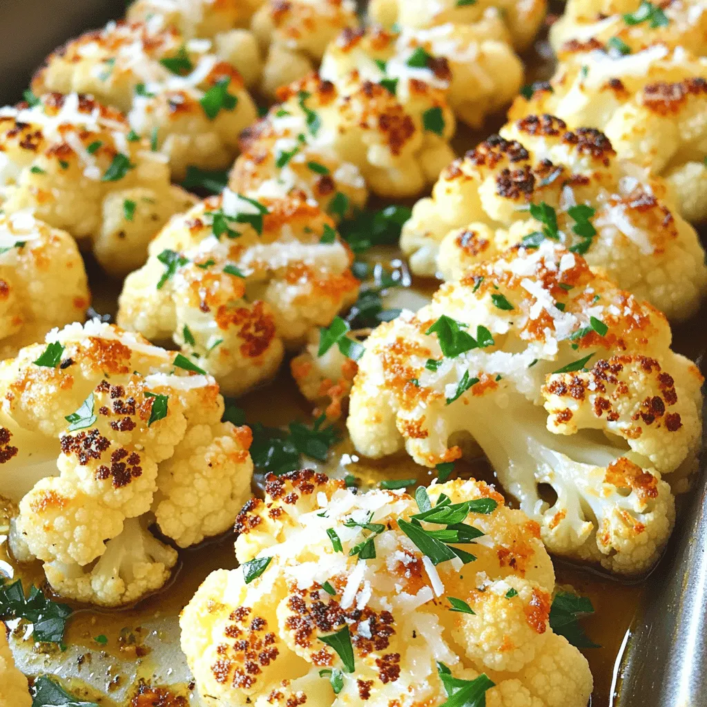 - 1 large head of cauliflower, cut into bite-sized florets - 4 tablespoons extra virgin olive oil - 4 cloves of garlic, finely minced - 1 teaspoon sea salt - ½ teaspoon freshly ground black pepper - ½ teaspoon smoked paprika - ½ cup freshly grated Parmesan cheese - 2 tablespoons chopped fresh parsley (for garnish) - Cauliflower: 1 large head - Olive oil: 4 tablespoons - Garlic: 4 cloves - Sea salt: 1 teaspoon - Black pepper: ½ teaspoon - Smoked paprika: ½ teaspoon - Parmesan cheese: ½ cup - Parsley: 2 tablespoons One serving of garlic Parmesan roasted cauliflower contains: - Calories: 150 - Protein: 5g - Fat: 12g - Carbohydrates: 8g - Fiber: 3g - Sugar: 2g This dish is both healthy and tasty. The cauliflower gives you fiber and vitamins. The olive oil and cheese add flavor and healthy fats. Enjoy this dish as a side or snack! For the full recipe, check out the recipe section. First, you need to preheat your oven to 425°F (220°C). This step is key for getting the cauliflower nice and crispy. While the oven heats, you can prepare the baking sheet. Line it with parchment paper. This makes cleanup much easier later. Next, take your large head of cauliflower. Cut it into bite-sized florets. In a big mixing bowl, add the florets. Pour in 4 tablespoons of extra virgin olive oil. Add 4 cloves of finely minced garlic, 1 teaspoon of sea salt, ½ teaspoon of black pepper, and ½ teaspoon of smoked paprika. Toss everything together with your hands or a spatula. Make sure every floret is coated well. Now, spread the seasoned cauliflower on your lined baking sheet. Make sure it’s in a single layer for even cooking. Place it in your preheated oven and roast for about 25-30 minutes. Halfway through, around 15 minutes, give the florets a gentle toss. This helps them roast evenly. When they turn tender and golden brown, take the baking sheet out. Immediately sprinkle ½ cup of freshly grated Parmesan cheese over the hot cauliflower. The heat will melt the cheese a bit. For a bubbly topping, switch your oven to broil. Broil for 2-3 minutes, but watch closely to avoid burning. Once the cheese is golden and bubbly, take it out. Garnish with 2 tablespoons of chopped fresh parsley for color. Serve warm and enjoy this tasty side dish! For the full recipe, check out the details above. To roast cauliflower well, follow a few simple steps. First, cut the cauliflower into even florets. This helps them cook at the same rate. Next, coat the florets with olive oil and spices. Use your hands to mix them well. Spread the florets in a single layer on the baking sheet. This allows hot air to reach all sides. Roast at 425°F (220°C) for about 25-30 minutes. Toss them halfway through for even browning. Want more cheese flavor? Use fresh grated Parmesan. This cheese melts nicely and adds a rich taste. For an even cheesier dish, add a mix of cheeses. Try mozzarella or cheddar. Just sprinkle the cheese on top right after roasting. Return the baking sheet to the oven and broil for a few minutes. Watch closely to avoid burning. To elevate the taste, add extra spices. A pinch of red pepper flakes gives it heat. Lemon juice or zest adds brightness. Fresh herbs like thyme or rosemary also work well. You can even mix in some balsamic vinegar for a tangy twist. These small changes can make your dish stand out. For the full recipe, check out the detailed steps above. {{image_4}} You can mix up the flavors in your Garlic Parmesan Roasted Cauliflower. Try adding a pinch of red pepper flakes for some heat. A sprinkle of Italian herbs like oregano or basil adds a nice touch. Lemon zest brightens the dish, giving it a fresh taste. Use curry powder for a fun twist, or add a dash of cayenne for spice. If you want to switch up the cheese, try using feta or goat cheese. These cheeses give a unique flavor and creaminess. For a sharper taste, use aged cheddar. If you're after a vegan option, use nutritional yeast. It adds a cheesy flavor without dairy. To make this dish vegan, skip the Parmesan cheese and use a vegan cheese substitute. Nutritional yeast also works well here. For gluten-free options, this recipe is already safe. Just ensure your seasonings are gluten-free. You can enjoy Garlic Parmesan Roasted Cauliflower without worry! For the full recipe, check out the complete details above. After enjoying Garlic Parmesan Roasted Cauliflower, you might have some leftovers. To keep them fresh, let the cauliflower cool first. Then, place it in an airtight container. You can store it in the fridge for up to three days. This way, you can enjoy it again later. When you're ready to eat your leftovers, reheating is easy. Preheat your oven to 350°F (175°C). Spread the cauliflower on a baking sheet. Heat it for about 10-15 minutes. This will keep it crispy. You can also use the microwave. Just cover it with a damp paper towel and heat for 1-2 minutes. You can freeze roasted cauliflower if you want it to last longer. First, let it cool completely. Then, place it in a freezer-safe bag or container. Remove as much air as possible to prevent freezer burn. It will stay good for up to three months. When you’re ready, thaw it in the fridge overnight. Reheat it in the oven for the best results. For a full recipe, refer to the Garlic Parmesan Roasted Cauliflower section above. Yes, you can use frozen cauliflower. However, it may not roast as well. Fresh cauliflower gives a better texture and flavor. If using frozen, thaw it first and pat it dry. This step helps remove excess moisture. You can roast many vegetables with this recipe. Broccoli, Brussels sprouts, or carrots work great. Just cut them into similar sizes as the cauliflower. Toss them with the same olive oil and spices for a balanced taste. To add spice, try these ideas. Mix in red pepper flakes or cayenne pepper. Start with a small amount, then taste as you go. You can also add a dash of hot sauce before serving. These options give your dish a nice kick! For the full recipe, check out the detailed instructions above. In this post, we explored the best ways to prepare roasted cauliflower. We covered ingredients, step-by-step instructions, and storage tips. You learned how to achieve the perfect roast with added cheese and flavor. We also discussed tasty variations and answered common questions. Roasted cauliflower is simple and fun to make. Enjoy experimenting with your favorite flavors and techniques!