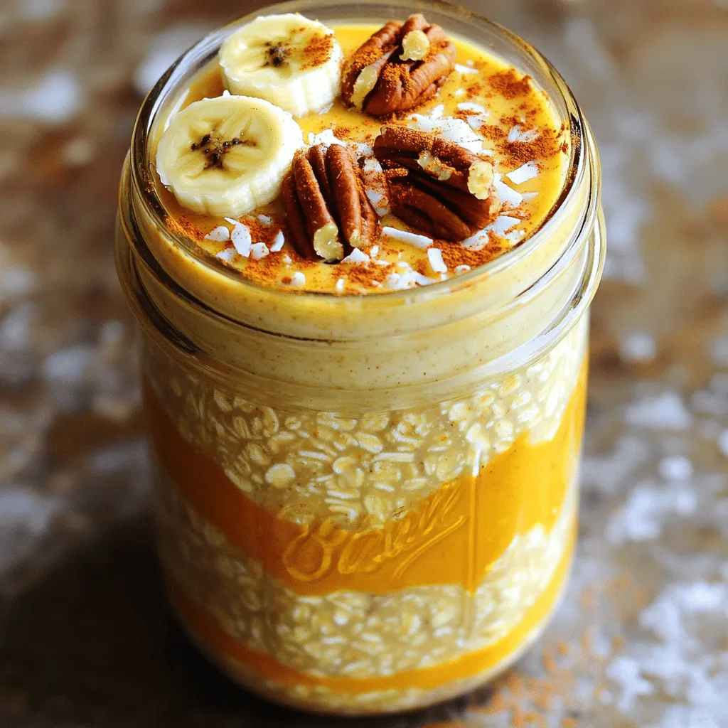 To make pumpkin spice overnight oats, you need the following ingredients: - 1 cup rolled oats - 1 cup almond milk (or any milk of your choice) - 1/2 cup canned pumpkin puree - 1 tablespoon maple syrup - 1 teaspoon pumpkin spice blend - 1/4 teaspoon vanilla extract - 1 tablespoon chia seeds - A pinch of salt - Optional toppings: Chopped pecans, sliced banana, or coconut flakes Each ingredient plays a key role in the flavor and texture of the oats. The rolled oats form the base. Almond milk adds creaminess. Canned pumpkin gives a rich flavor and color. Maple syrup sweetens the dish. The pumpkin spice blend brings warmth with its mix of spices. Vanilla extract adds depth. Chia seeds help thicken the oats. A pinch of salt balances the sweetness. You can adjust this recipe to your taste. Add chopped pecans for crunch or sliced banana for sweetness. Coconut flakes can give a tropical twist. You can also try different sweeteners like honey or agave syrup. Feel free to experiment with spices too. Try adding a dash of cinnamon or nutmeg for extra flavor. Just remember, the key is to have fun and make it your own! For the full recipe, check out the complete details above. To start, grab a medium-sized mixing bowl. Add 1 cup of rolled oats to the bowl. Then, pour in 1 cup of almond milk. You can use any milk you like. Next, add 1/2 cup of canned pumpkin puree. This gives our oats a creamy texture and rich flavor. Add 1 tablespoon of maple syrup for sweetness. Adjust the amount if you prefer it sweeter. Now, sprinkle in 1 teaspoon of pumpkin spice blend or a mix of cinnamon, nutmeg, and ginger. It adds that cozy, fall flavor we love. Lastly, put in 1/4 teaspoon of vanilla extract, 1 tablespoon of chia seeds, and a pinch of salt. Now, it’s time to mix. Use a whisk or spoon to stir all the ingredients together. Make sure everything combines well, with no clumps of oats or pumpkin. You want a smooth mixture. Once it looks good, carefully pour it into an airtight container. If you like, you can divide it into individual jars for easy serving later. Seal the container tightly. Place it in the refrigerator. Let the oats soak and absorb all the flavors for at least 4 hours. For the best taste, leave them overnight. In the morning, take the oats out and give them a good stir. If the mixture seems too thick, add a splash of almond milk to loosen it up. Enjoy your pumpkin spice overnight oats straight from the jar or in a cozy bowl. For the full recipe, check above. To make perfect overnight oats, choose good-quality rolled oats. They absorb liquid well and give a nice texture. Use a 1:1 ratio of oats to liquid. This keeps your oats creamy without being too runny. If your oats are too thick in the morning, just stir in more milk. Letting them sit overnight helps them soak up all the flavors. You can change the flavor of your oats easily. Instead of pumpkin spice, try cocoa powder for a chocolate twist. You can also add fresh fruit like mashed bananas or berries. For a nutty touch, use almond or peanut butter. Mix in some honey or agave syrup if you want extra sweetness. Toppings add fun and crunch to your oats. Chopped pecans give a nice nutty flavor. You could also add sliced bananas for a sweet touch. Coconut flakes add a tropical vibe. For some crunch, sprinkle granola on top. Get creative with your toppings to make each serving unique. You can explore more ideas in the Full Recipe. {{image_4}} If you want to skip dairy, use almond milk or oat milk. These options are creamy and tasty. You can also try coconut milk for a rich flavor. All these choices work well with pumpkin spice. They keep your oats smooth and add a nice twist. You can mix up the pumpkin spice in your oats. If you can’t find pumpkin spice, use cinnamon, nutmeg, and ginger. This blend gives a warm taste. You can also add cardamom for a unique flavor. Experimenting with these spices can change the oats from good to great. Think about adding other flavors to your oats. Try apples or pears for a fall twist. You can also mix in maple syrup for a sweet touch. If you love chocolate, add cocoa powder for a rich treat. Seasonal fruits can brighten your dish and keep it fresh. Explore all these options to find your favorite flavor combo. To keep your pumpkin spice overnight oats fresh, use an airtight container. Glass jars work great. Make sure to seal them tightly. Store them in the fridge, where they can stay cool and tasty. If you want to make a larger batch, divide them into smaller portions for easy grab-and-go meals. Pumpkin spice overnight oats stay fresh in the fridge for up to five days. The flavors will deepen as they sit. Just remember that the oats can absorb moisture over time. If they get too thick, add a splash of almond milk to restore creaminess. Always give them a good stir before eating. You can enjoy these oats cold or warm. If you prefer them warm, transfer your oats to a microwave-safe bowl. Heat in 30-second intervals, stirring in between. This ensures even warming. If you find them too thick after heating, add a little more milk to get the right texture. Enjoy your tasty breakfast! To make pumpkin spice overnight oats, follow these simple steps: 1. Take rolled oats and mix them with almond milk in a bowl. 2. Add canned pumpkin puree, maple syrup, and pumpkin spice. 3. Stir in vanilla extract, chia seeds, and a pinch of salt. 4. Mix until everything blends well. 5. Pour the mixture into jars and seal them. 6. Refrigerate overnight for the best flavor. 7. In the morning, stir the oats and add extra milk if needed. 8. Top with chopped pecans, banana slices, or coconut flakes, and enjoy! Yes, you can use other types of oats. Quick oats will work in a pinch. They will soften faster, so your oats may be ready in less time. Steel-cut oats are less common but can be used. They need more soaking time to soften. Just remember, the texture will change slightly with different oats. If you don’t have pumpkin puree, try using mashed sweet potatoes or butternut squash. Applesauce is another option for a different flavor. These will change the taste a little but keep the recipe tasty. You can also use a store-bought pumpkin spice blend if you need to skip the pumpkin altogether. Yes, pumpkin spice overnight oats are healthy! They provide fiber from the oats and pumpkin. This helps keep you full. The chia seeds add healthy fats and protein. Almond milk keeps the dish dairy-free, and maple syrup adds natural sweetness. It’s a great breakfast choice that can fuel your day. You can find the full recipe above to get started! Pumpkin spice overnight oats are easy to make. They are creamy, flavorful, and filling. You blend oats, pumpkin, and spices. Then you let them sit overnight. This lets the flavors mix and the oats soften. You wake up to a tasty breakfast. It’s perfect for busy mornings. This recipe makes two servings. Each serving has around: - Calories: 280 - Protein: 8g - Carbohydrates: 45g - Fiber: 7g - Sugar: 8g - Fat: 6g The oats provide fiber, while pumpkin adds vitamins. Maple syrup gives a natural sweetness. Chia seeds add healthy fats and protein. This meal is balanced and good for you. Top your oats for extra flavor. I love adding chopped pecans for crunch. Sliced bananas bring a nice sweetness. Coconut flakes add a tropical twist. You can also enjoy them straight from the jar. They are perfect for a quick breakfast on-the-go. For more ideas, check out the Full Recipe. In this blog post, we explored how to make pumpkin spice overnight oats. We broke down the ingredients you need and offered tips for perfecting the dish. Customization options let you tailor your oats to your taste. Remember, storing them correctly keeps them fresh longer. With various flavors and toppings to try, these oats can fit any season. Enjoy making this easy, healthy breakfast. Your mornings just got tastier!