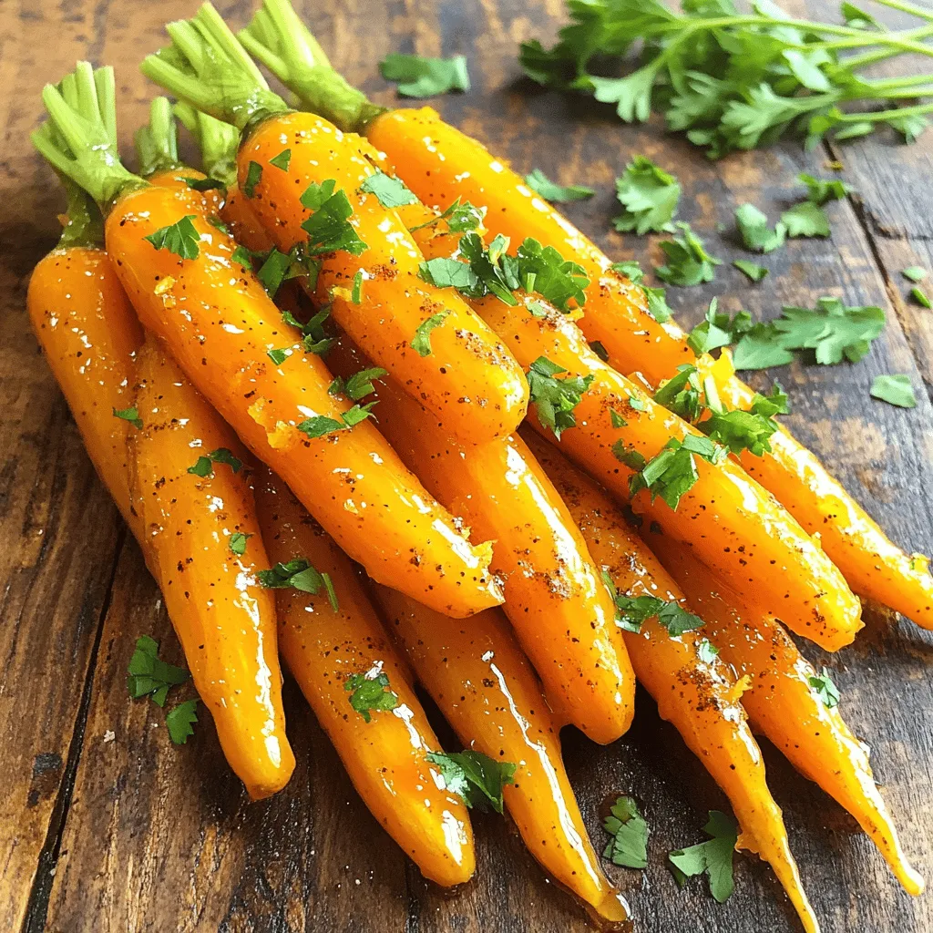 Here's what you need for orange glazed carrots. Gather these items for a tasty side dish: - 1 lb baby carrots (or whole carrots, peeled and cut into sticks) - 1/4 cup fresh orange juice - 2 tablespoons honey - 1 tablespoon unsalted butter - 1/2 teaspoon ground cinnamon - 1/4 teaspoon freshly grated nutmeg - Sea salt and freshly cracked black pepper - 1 tablespoon fresh parsley, finely chopped Each ingredient plays a role in creating a vibrant flavor. The sweetness of the honey balances the tartness of the orange juice. The spices, cinnamon and nutmeg, add warmth and depth. This recipe is simple yet full of flavor. Use fresh ingredients for the best taste. If you want, you can find the full recipe for more detailed steps. Enjoy making this delightful dish! To start, I peel whole carrots with a vegetable peeler. After peeling, I cut them into sticks about 3-4 inches long. If you choose baby carrots, just wash them well and skip the peeling. They are ready to cook as is. Next, I fill a medium saucepan with water and bring it to a boil. Once the water is bubbling, I add the carrots. I let them cook for 5-7 minutes until they are tender but still have a nice crunch. After cooking, I drain the carrots and set them aside in a bowl. In the same saucepan, I reduce the heat to medium and add unsalted butter. I let it melt until it’s frothy. Then, I pour in fresh orange juice from about two oranges. Next, I add honey, ground cinnamon, and freshly grated nutmeg. I stir the mix well and let it simmer gently. This simmering is key for making the flavors rich. Now, I return the drained carrots to the saucepan with the glaze. I gently stir to coat the carrots in the bright, sweet glaze. I cook them for an extra 5 minutes. This time helps the flavors blend together and keeps the carrots tender. To make great orange glazed carrots, start with fresh carrots. Look for ones that are bright and firm. Avoid any that are soft or have dark spots. You can find two main types: organic and conventional. Organic carrots often have better taste and fewer chemicals. However, conventional carrots are also good and more affordable. The glaze is where the magic happens. You can adjust the sweetness to fit your taste. If you want it sweeter, add a bit more honey. To make the flavor pop, try adding citrus zest. Grate the outer skin of an orange and mix it in. This gives your dish a fresh, bright note. While boiling is common, you can use other methods like steaming or roasting. Steaming keeps more nutrients and color. Roasting brings out natural sweetness and adds depth. No matter the method, keep an eye on the temperature. Carrots should be tender but not mushy. This ensures a perfect bite every time. {{image_4}} To add a kick to your orange glazed carrots, consider using crushed red pepper flakes. Just a pinch can make your dish exciting without overpowering the sweet flavor. If you want a different sweetener, try using agave syrup or maple syrup. Both can balance the spice while keeping that yummy taste. Herbs can bring a fresh twist to your carrots. Try adding fresh thyme or rosemary for a fragrant touch. You can also pair these herbs with citrus, like lemon zest, to enhance the flavor. This mix will give your dish a bright, lively taste that’s sure to impress. If you want to change up the glaze, consider using maple syrup instead of honey. Maple syrup offers a deeper, richer sweetness. Another option is to add balsamic vinegar to your glaze. This adds a tangy depth that pairs well with the sweetness of the carrots. For the full recipe, check out the details on how to make this delightful side dish! Store leftover orange glazed carrots in an airtight container. They stay fresh for up to four days in the fridge. Before serving, taste them to ensure they still have good flavor. If they seem dry, add a splash of orange juice or a bit of butter when reheating. To freeze glazed carrots, let them cool completely. Place them in a freezer-safe bag or container, removing as much air as possible. They can last in the freezer for up to three months. When ready to eat, thaw them overnight in the fridge. Reheat in a skillet over low heat, adding a little orange juice to revive the glaze. Orange glazed carrots pair well with many dishes. They complement roasted meats like chicken or pork beautifully. Try serving them alongside grain dishes, such as quinoa or rice. You can also add them to salads for a sweet crunch. These carrots add color and flavor to any meal. For more ideas, check out the Full Recipe for different serving options. You can prep orange glazed carrots a day in advance. First, cook the carrots until tender but still crisp. Drain them and let them cool. Store the carrots in an airtight container in the fridge. When you're ready to serve, heat some butter in a pan. Add the carrots and the glaze from the recipe. Warm them gently, stirring until they are hot. This will keep the flavor fresh and make serving easy. Absolutely! You can use any carrots you like. Baby carrots are sweet and easy to prepare. Regular carrots can give you a nice crunch if cut into sticks. You can also use purple or yellow carrots for a colorful dish. Different colors may add slight flavor twists, too. Purple carrots have earthy notes, while yellow carrots can taste sweeter. Experiment with these options for fun variations. If you need a substitute for honey, consider maple syrup. It adds a nice sweetness and flavor. Agave nectar is another great option. It has a lighter taste but works well in this dish. If you're looking for a sugar alternative, try brown sugar. Mix it with a bit of water to mimic honey's texture. Each choice will change the flavor slightly, so choose what you like best. This recipe for orange glazed carrots is simple and tasty. We covered the key ingredients and easy steps for cooking. You can choose fresh carrots and adjust sweetness to your liking. Don't forget the fun variations, like adding herbs or spicy elements. Store leftovers well to enjoy later. Remember, you can prep ahead to save time. Use this guide to impress at your next meal. Enjoy making these delicious carrots!