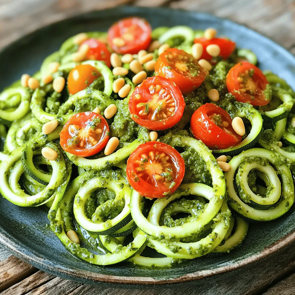 To make zucchini noodles with pesto, start with these main ingredients: - 3 medium zucchinis These zucchinis are the star of the dish. They give a fresh taste and a nice texture. You can spiralize them to make fun noodle shapes. Next, you will need these key ingredients for the pesto: - 1 cup fresh basil leaves - 1/4 cup toasted pine nuts - 1/2 cup finely grated Parmesan cheese - 2 cloves garlic, minced - 1/3 cup extra virgin olive oil - Salt and freshly cracked pepper to taste These items combine to create a rich and flavorful sauce. The basil adds a bright note, while the garlic gives depth. The pine nuts and cheese add creaminess and richness. To make the dish even better, consider these optional garnishes: - 1 cup cherry tomatoes, halved (for garnish) - Extra toasted pine nuts and fresh basil leaves (for garnish) These garnishes add color and a burst of flavor. The tomatoes bring a sweet touch, while the extra basil and nuts enhance the overall taste. You can find the full recipe to guide you through the steps easily. To make the pesto, you need a food processor. Start by adding fresh basil leaves, toasted pine nuts, finely grated Parmesan cheese, and minced garlic into the bowl. Pulse the mix until it is finely chopped. Next, keep the processor running and slowly drizzle in the extra virgin olive oil. Blend until the mixture is smooth and creamy. Taste your pesto and add salt and freshly cracked pepper to your liking. Set this flavorful sauce aside for later. Now, let’s turn our zucchinis into noodles! You can use a spiralizer, a vegetable peeler, or a julienne peeler. If you use a spiralizer, aim for long strands that look like pasta. Make sure to create enough noodles for your meal. Zucchini noodles are light and healthy, making a great base for our pesto. Heat a drizzle of olive oil in a large skillet over medium heat. Once hot, add your zucchini noodles and sauté them for about 2-3 minutes. You want them to soften just a bit but still stay firm. Be careful not to overcook them, as they can become mushy. When your zucchini noodles are ready, take the skillet off the heat. Toss in your freshly made pesto and mix until every strand is coated. For serving, plate your zucchini noodles right away. Top them with halved cherry tomatoes, extra toasted pine nuts, and fresh basil leaves for a lovely finish. This dish is bright and full of flavor, making it a perfect choice for any meal. For the full recipe, check out the complete details above. To spiralize zucchini, use a spiralizer, vegetable peeler, or julienne peeler. If you use a spiralizer, choose medium-sized zucchinis. They hold their shape well and create long noodles. Make sure to cut off the ends before spiralizing. This ensures even cuts and helps the zucchini fit into the machine. If you want shorter noodles, cut the strands into smaller pieces after spiralizing. Cooking zucchini noodles is quick. Sauté them for about 2-3 minutes over medium heat. This keeps them tender yet firm. If you cook them too long, they will become mushy. It’s best to keep them al dente, just like traditional pasta. After cooking, drain any excess moisture. This prevents a watery dish. To elevate your pesto, consider adding a squeeze of lemon juice. This brightens the flavors and adds freshness. You can also mix in some spinach or arugula for extra nutrients and taste. If you like a spicier kick, add a pinch of red pepper flakes. For a more earthy flavor, consider using walnuts instead of pine nuts. Each tweak adds a unique twist to your dish. Make sure to follow the Full Recipe for the best results! {{image_4}} You can easily add protein to your zucchini noodles. Chicken or shrimp works great. For chicken, grill or sauté it with some olive oil. Season with salt and pepper. Cut it into bite-sized pieces. Mix it into the zucchini noodles before serving. For shrimp, sauté it in a pan until pink and firm. Add it to the dish for a quick protein boost. Both options make the meal more filling and satisfying. If you want a vegan pesto, swap the cheese. Use nutritional yeast for a cheesy flavor. Blend it with the other pesto ingredients. You can also add some avocado for creaminess. This keeps the pesto rich and tasty without dairy. A hint of lemon juice can brighten the flavors. These swaps make it easy for everyone to enjoy this dish. To make your zucchini noodles even more colorful, add seasonal veggies. Bell peppers, spinach, or cherry tomatoes work well. Sauté them briefly with the zucchini noodles. This adds flavor and texture. You could also try roasted vegetables for more depth. Mix and match based on what’s fresh. This way, your dish stays exciting and full of life. For the complete recipe, check out the Full Recipe section. To keep leftover zucchini noodles fresh, place them in an airtight container. Add a paper towel inside to absorb extra moisture. This helps prevent sogginess. Store them in the fridge for up to two days. For longer storage, consider freezing them. However, be aware that freezing changes their texture. When ready to eat, thaw them in the fridge overnight. Store your leftover pesto sauce in a small jar or airtight container. Cover the top with a thin layer of olive oil. This oil helps keep the pesto fresh and bright. You can store it in the fridge for up to one week. For longer storage, freeze the pesto in ice cube trays. Once frozen, transfer the cubes to a freezer bag for easy use. When reheating zucchini noodles, do so gently. Use a skillet over low heat. Add a splash of olive oil to help revive their texture. Stir frequently until warmed through. Avoid high heat, as this can make the noodles mushy. If reheating pesto, warm it on low heat as well, stirring until just heated. This keeps the flavors intact while preventing separation. Using zucchini noodles has many benefits. They are low in carbs, which helps if you're watching your weight. Zucchini is high in fiber, making it good for your digestion. They also provide vitamins A and C, which are great for your skin. Additionally, zucchini noodles are quick to cook. This saves time in the kitchen, so you can enjoy your meal faster. Yes, you can use store-bought pesto. It saves time and still tastes good. However, making your own pesto gives you control over the flavors. You can adjust the garlic or cheese to your liking. If you choose store-bought, pick one with fresh ingredients. Look for options that do not have added preservatives. You can make zucchini noodles without a spiralizer using a vegetable peeler or a julienne peeler. Just slice the zucchini lengthwise into thin strips. This method takes a little longer but works well. You can also use a box grater to shred the zucchini into noodle-like shapes. The key is to keep the strands thin for the best texture. Zucchini noodles with pesto offer a tasty, healthy meal you can make at home. We explored the key ingredients for both the noodles and the pesto. I provided steps to make them and tips to enhance their taste. You can add proteins or seasonal veggies for variety, and I shared how to store leftovers safely. Remember, zucchini noodles are low in carbs and add great flavor. Enjoy creating this dish and feel good about what you eat!
