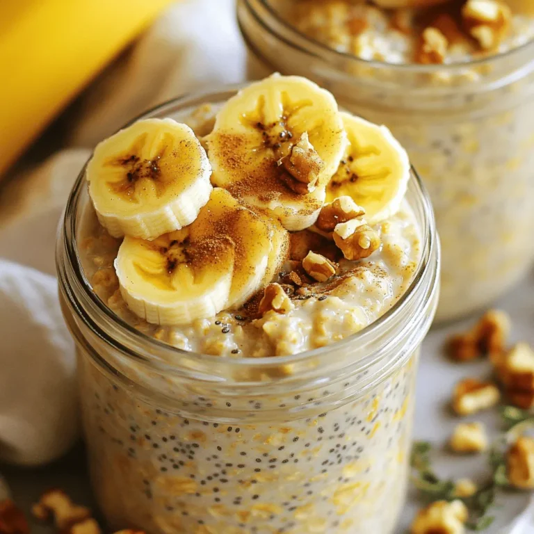 For this tasty treat, you need: - 1 cup rolled oats - 1 ripe banana, mashed into a smooth puree - 1 cup almond milk (or your preferred milk) - 1/2 teaspoon ground cinnamon - 1 tablespoon pure maple syrup (or honey, if preferred) - 1 tablespoon chia seeds - 1/4 cup walnuts, chopped - A pinch of salt These key ingredients work together to create a creamy and flavorful dish that tastes like banana bread. You can also add: - 1/4 cup raisins (optional for sweetness and texture) - Additional banana slices for garnish - A light sprinkle of cinnamon for garnish These optional ingredients give your oats a little extra sweetness and crunch. Let's talk about what these ingredients bring to the table: - Rolled oats provide fiber, helping with digestion and keeping you full. - Bananas add natural sweetness and potassium, which is good for your heart. - Almond milk is low in calories and adds creaminess without dairy. - Cinnamon can help regulate blood sugar and adds flavor. - Chia seeds are packed with omega-3s and protein, which are great for energy. - Walnuts boost heart health with healthy fats. These ingredients not only taste good, but they also help fuel your day. You can find the full recipe above for more details on how to make these delicious banana bread overnight oats! Making banana bread overnight oats is fun and easy. You need a few simple steps. First, gather all your ingredients. You will use rolled oats, a ripe banana, almond milk, and more. The whole process takes around 10 minutes, but it’s best to leave them overnight. This makes them creamy and delicious. Start by taking a medium-sized bowl. Add 1 cup of rolled oats. Then, mash 1 ripe banana until smooth and add it to the oats. Pour in 1 cup of almond milk next. Sprinkle in 1/2 teaspoon of ground cinnamon. Add 1 tablespoon of maple syrup for sweetness. Don’t forget 1 tablespoon of chia seeds and a pinch of salt. Mix everything together until well combined. Finally, gently fold in 1/4 cup of chopped walnuts and optional 1/4 cup of raisins. This adds great texture and flavor. Now, transfer the mixture into two jars or airtight containers. Fill them evenly, then seal them tightly. Place the jars in the fridge overnight. This allows the oats to soak and get soft. If you're short on time, let them sit for at least 4 hours. When you wake up, the oats will be thick and creamy. Before serving, stir the oats. If they seem too thick, add a splash of almond milk. Top with banana slices and a sprinkle of cinnamon for a tasty finish. Enjoy your Banana Bread Overnight Oats! For the full recipe, check the earlier section. To get the best creamy oats, soak the oats long enough. Chia seeds help here too. They swell in liquid and add thickness. Use a smooth, ripe banana for the best flavor. Almond milk or your favorite milk works great. The blend of ingredients should be mixed well to avoid clumps. You can change the oats to fit your taste. Add nuts or seeds for crunch. If you like more sweetness, add honey or agave. You can also swap walnuts for almonds or pecans. Add a scoop of peanut butter for a protein boost. Try different spices like nutmeg or vanilla for a twist. Serve your oats in clear jars to show off their layers. Top with banana slices and a sprinkle of walnuts for a tasty finish. This makes a great breakfast or snack. If you want a warm dish, heat it in the microwave. Enjoy it chilled for a refreshing treat. For the full recipe, check out [Full Recipe]. {{image_4}} You can easily make banana bread overnight oats vegan and dairy-free. Just swap regular milk for almond milk, soy milk, or coconut milk. These choices keep the recipe creamy. Use maple syrup instead of honey for sweetness. This keeps your oats plant-based and tasty. You can also add plant-based yogurt for extra creaminess. This is a great way to enjoy a delicious breakfast without animal products. If you need gluten-free oats, use certified gluten-free rolled oats. This small change makes your breakfast safe for those with gluten issues. The other ingredients in the recipe are naturally gluten-free. So, you can enjoy all the flavors without worries. Just check that any add-ins, like nuts or dried fruits, are also gluten-free. Want to make your banana bread overnight oats even better? Add spices like nutmeg or ginger for a warm flavor. You can also mix in vanilla extract for a sweet touch. For sweetness, try adding maple syrup or agave nectar. If you like chocolate, sprinkle in some cocoa powder or mini chocolate chips. These additions will give your oats a unique twist. The options are endless, so feel free to get creative! For the full recipe, check out the earlier section. To store your banana bread overnight oats, use airtight containers. Glass jars work well. Make sure the lids fit tightly. This keeps the oats fresh and tasty. You can prepare them the night before. They taste best after soaking overnight. Banana bread overnight oats last up to five days in the fridge. Keep an eye on the oats. If they start to smell off, it’s time to toss them. The oats may thicken over time. You can always add a splash of milk to loosen them up. If you want to heat your oats, use the microwave. Place the oats in a bowl. Add a splash of milk to help with moisture. Heat for about 30 seconds. Stir and check the temperature. If it’s not warm enough, heat for another 15 seconds. Enjoy your warm oats with fresh banana slices and a sprinkle of cinnamon. For the full recipe, check out the earlier section! Yes, you can make Banana Bread Overnight Oats ahead of time. In fact, it tastes better after sitting overnight. Make a batch in the evening and enjoy it in the morning. This recipe keeps well in the fridge for up to five days. Just remember to seal each jar tightly. To adjust the recipe, simply multiply or divide the ingredients. If you need more servings, double the amounts. For fewer servings, cut the amounts in half. Each jar holds enough for one serving. Using measuring cups helps keep the ratios right. Healthy toppings can enhance your Banana Bread Overnight Oats. Here are some great options: - Sliced fresh fruit like bananas or berries - A sprinkle of chopped nuts for crunch - A drizzle of honey or maple syrup - A dollop of yogurt for creaminess - A sprinkle of seeds like chia or flax These toppings add flavor and nutrients. Feel free to mix and match them to suit your taste. Yes, you can use different types of milk. Almond, oat, or coconut milk are all great choices. Each will change the taste slightly, but they all work well. For sweeteners, maple syrup is tasty, but you can also try honey or agave. Adjust the amount to fit your sweetness level. Enjoy experimenting with different flavors! For the complete recipe, check out the Full Recipe section. Banana bread overnight oats are easy, tasty, and healthy. We covered key ingredients and their benefits. You learned how to mix, store, and enjoy these oats. Tips and tricks help you get creamy results, while variations cater to different diets. Proper storing keeps oats fresh, and the FAQs answer your common questions. Try these oats for a fun breakfast or snack. Satisfaction awaits in each bite.