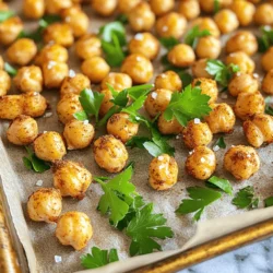 To make crispy baked chickpeas, you need a few simple items. Here’s what you will need: - 1 can (15 oz) chickpeas, thoroughly drained and rinsed - 1 tablespoon extra-virgin olive oil - 1 teaspoon garlic powder - 1 teaspoon smoked paprika - 1/2 teaspoon ground cumin - 1/2 teaspoon chili powder - Sea salt, to taste These ingredients come together to create a snack that is both tasty and healthy. You can add extra flavors to your chickpeas to make them even better. Try these options: - Lemon juice for a zesty kick - Cayenne pepper for heat - Parmesan cheese for a savory twist - Fresh herbs like rosemary or thyme Feel free to mix and match based on your taste! A serving of crispy baked chickpeas is not just crunchy; it’s also good for you. Here’s a quick look at the nutrition: - Calories: Approximately 130 - Protein: About 6 grams - Fiber: Around 5 grams - Fat: Roughly 5 grams This snack is a great way to add protein and fiber to your diet. Plus, you can enjoy it guilt-free! For the full recipe, check out the details above. First, set your oven to 400°F (200°C). Preheating helps the chickpeas get crispy. Next, drain and rinse the chickpeas in a colander. This step removes excess salt. Then, spread them on a clean towel. Pat them dry gently. The drier they are, the crispier they will be. In a big bowl, mix the chickpeas with olive oil, garlic powder, smoked paprika, ground cumin, chili powder, and a pinch of sea salt. Toss them well. You want each chickpea to be coated in the tasty mix. Now, line a baking sheet with parchment paper. This keeps the chickpeas from sticking. Spread them out in one even layer. Bake in the hot oven for 25 to 30 minutes. Shake the pan halfway through for even cooking. Keep an eye on them. They can burn quickly at the end. Once they turn golden brown, take them out. Let them cool for a few minutes on the baking sheet. They will get crunchier as they cool. Enjoy your crispy baked chickpeas as a snack or a crunchy topping on salads. To make your chickpeas super crispy, follow these steps. First, make sure the chickpeas are dry. Any moisture will make them soggy. After rinsing, pat them dry well with a towel. Next, use enough oil. One tablespoon is good, but feel free to add a bit more for extra crunch. Finally, spread them out on the baking sheet. If they are too close, they won’t crisp up well. Rinsing is key to a great texture. Drain the can of chickpeas well, then rinse under cold water. This removes excess sodium and gives a fresher taste. After rinsing, drying is just as important. Use a clean kitchen towel or paper towels. Spread them out and gently pat them. The more moisture you remove, the crispier they will be. If you have extra crispy baked chickpeas, store them in an airtight container. Keep them at room temperature for the best crunch. Refrigeration can make them soft, so avoid that. They should stay fresh for up to three days. If they lose some crunch, pop them back into the oven for a few minutes to crisp up again. Enjoy these tasty bites as a snack or salad topping! For the full recipe, check out the previous section. {{image_4}} You can change the flavor of your crispy baked chickpeas easily. For a spicy kick, add cayenne pepper or chili flakes. If you prefer sweet flavors, mix in cinnamon and a touch of honey. You can also try using different herbs like rosemary or thyme. Each variation gives the chickpeas a new taste, keeping snacks exciting. If you have an air fryer, use it for quick, crispy chickpeas. Set your air fryer to 400°F and cook for about 15-20 minutes. Shake the basket halfway through to ensure even cooking. You can also roast them on the stovetop. Heat a non-stick pan over medium heat and stir the chickpeas until crispy. Crispy baked chickpeas work well with many dishes. You can serve them on salads for a crunchy texture. They also make great toppings for soups or grain bowls. Pair them with dips like hummus or guacamole. You can even enjoy them as a stand-alone snack. For the full recipe, check out the previous section. Yes, you can use dried chickpeas, but they need more prep. You must soak them overnight, then cook them until soft. This can take a few hours. Canned chickpeas are quick and ready to use. They save time and still taste great. Look for a golden brown color and a crunchy texture. They should not feel soft or mushy. You can shake the pan halfway through baking. This will help them cook evenly. Keep an eye on them towards the end to avoid burning. Yes, you can make crispy baked chickpeas ahead of time. Store them in an airtight container. They stay crisp for a few days. Just remember, they taste best when fresh. Reheat them in the oven to regain that crunch. Crispy baked chickpeas are a tasty snack. They are easy to make and healthy. You need just a few simple ingredients. Start with one can of chickpeas. Drain and rinse them well. This step is key for crispness. You will add olive oil and spices to give them flavor. Garlic powder, smoked paprika, ground cumin, and chili powder work well together. You can adjust spices to match your taste. Toss everything in a bowl until coated. Preheat your oven to 400°F (200°C). Spread the seasoned chickpeas on a lined baking sheet. Bake for 25 to 30 minutes. Halfway through, shake the pan for even cooking. Keep an eye on them to avoid burning. Once golden and crunchy, let them cool a bit. Serve warm or at room temperature. They taste great alone or as a salad topping. For a nice touch, add fresh parsley on top. - Make sure to dry the chickpeas well before seasoning. - Spread them in a single layer for even baking. - Adjust spices to your liking for a personal touch. - Cool them before serving for extra crunch. - Check them often to avoid burning. You can find the full recipe for crispy baked chickpeas in the earlier section. Enjoy this healthy snack! Crispy baked chickpeas are easy and fun to make. We explored key ingredients, from basic to optional flavors. You learned the steps for preparation and baking. I'm sure the tips will help you get perfect crunch every time. With variations and serving ideas, you can enjoy these treats in many ways. Remember, you can experiment with different spices too. Enjoy your tasty, healthy snack!