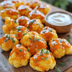 - 1 medium head of cauliflower - 1 cup all-purpose flour - 1 cup hot sauce - Fresh parsley for garnish - 1 teaspoon garlic powder - 1 teaspoon onion powder - 1 teaspoon smoked paprika - 1/2 teaspoon cayenne pepper - 1 tablespoon melted vegan butter - 1 cup water or plant-based milk - Salt and freshly ground black pepper To make Buffalo cauliflower bites, start with these simple ingredients. The cauliflower gives a great texture and absorbs the sauce well. The all-purpose flour helps create a crispy coating. Hot sauce adds the classic Buffalo flavor. For garnish, fresh parsley is a nice touch. In the seasoning mix, garlic powder and onion powder add flavor. Smoked paprika gives a hint of smoke. Cayenne pepper adds heat, so adjust it to your taste. You can also add melted vegan butter for richness. Using water or plant-based milk in the batter creates a smooth coating. Setting up your ingredients this way makes it easy to follow the Full Recipe. You will enjoy making these bites and sharing them with friends and family! - Preheat the oven to 450°F (230°C). - Line a baking sheet with parchment paper. - In a mixing bowl, combine 1 cup of all-purpose flour, 1 teaspoon garlic powder, 1 teaspoon onion powder, 1 teaspoon smoked paprika, and 1/2 teaspoon cayenne pepper. - Gradually add 1 cup of water or plant-based milk. Whisk until smooth. - Dip cauliflower florets into the batter, ensuring they are well coated. - Place the coated florets on the baking sheet in a single layer. - Bake for 20-25 minutes, flipping halfway to ensure even cooking. - In a medium bowl, mix 1 cup of hot sauce with 1 tablespoon of melted vegan butter, if desired. Stir until blended. - Once the cauliflower is golden, remove it from the oven. - Drizzle the buffalo sauce over the baked florets. Toss gently for even coating. - Return the cauliflower to the oven. Bake for an additional 10 minutes to set the sauce. This simple process creates flavorful Buffalo Cauliflower Bites. Enjoy the crispy, spicy goodness! For the complete recipe, check out the Full Recipe section. To get those perfect crispy bites, follow these steps: - Use a single layer on the baking sheet: This helps the heat reach each floret evenly. If they touch, they can steam instead of crisping up. - Flip cauliflower halfway through baking: This ensures that both sides get that golden, crunchy texture. Want more control over the heat? You can easily adjust the spice level: - Modify cayenne pepper according to preference: If you like it milder, use less. For more kick, add extra. - Experiment with different hot sauces: Not all hot sauces are the same. Try different brands to find your favorite. These bites are great on their own, but you can make them even better: - Best served with vegan ranch or blue cheese dressing: Both dips complement the spicy flavor. - Pair with fresh vegetable sticks: Carrots, celery, or cucumber add a refreshing crunch and balance the heat. For a full recipe, check out the detailed instructions to make these tasty snacks. {{image_4}} If you want a gluten-free version, it's easy! Simply swap the all-purpose flour with a gluten-free flour blend. Many blends work well, so choose one you like. This keeps the bites crispy while making them safe for those with gluten sensitivities. Looking for more heat? Add extra spices! You can mix in paprika, chili powder, or even cayenne pepper for a bolder flavor. Adjust the amount to suit your taste. This way, you can craft the perfect level of spice for your palate. Get creative with flavors! Try teriyaki for a sweet twist or garlic parmesan for a savory kick. These options can change the whole vibe of your bites. Mixing and matching helps you find your favorite flavor. Don’t be afraid to experiment; the sky's the limit! Store leftovers in an airtight container for up to 3 days. This keeps them fresh and tasty. Make sure they're cooled before sealing. If you don’t have an airtight container, use plastic wrap instead. Just ensure it’s tight to avoid moisture. The best way to reheat them is in the oven. Set it to 350°F (175°C) and bake for about 10 minutes. This will make them crispy again. You can use a microwave for a quick fix. Just note that they won’t be as crispy. Place them on a plate and cover with a paper towel. Heat in 30-second bursts until warm. If you want to store them longer, freezing is a great option. First, let them cool completely. Then, place them in a freezer bag. Remove as much air as possible before sealing. They can last for up to 3 months in the freezer. When ready to eat, thaw them overnight in the fridge. Reheat in the oven for the best results. For a complete guide, check the Full Recipe. Yes, you can prepare the Buffalo Cauliflower Bites ahead. Start by making the batter and coating the florets. Place them on a baking sheet and cover with plastic wrap. Keep them in the fridge for up to a day. When you're ready, bake them straight from the fridge. Just add a few extra minutes to the baking time for a perfect crunch. Yes, Buffalo Cauliflower Bites are vegan! The main ingredients include cauliflower, flour, and hot sauce. If you use plant-based milk and skip dairy butter, they remain completely plant-based. This makes them a great snack for everyone, even those who avoid animal products. Buffalo Cauliflower Bites pair well with many sides. Try serving them with creamy vegan ranch or blue cheese dressing for dipping. Fresh veggie sticks like carrots and celery also add a nice crunch. You can even add a side of sweet potato fries for a heartier meal. To make your Buffalo Cauliflower Bites super crispy, follow these tips. First, ensure you coat the florets evenly in the batter. Place them in a single layer on the baking sheet. Flip them halfway through baking. For an extra crunch, bake them a bit longer. You can even use a broiler for the last minute to get that perfect crisp! Buffalo Cauliflower Bites are a fun and tasty dish you can make at home. You start with cauliflower, mix it with flour and hot sauce, then bake for that perfect crunch. Adding seasonings boosts the flavor, and you can adjust the heat to your liking. Serving with a tasty dip makes it even better. Remember, leftovers can be stored easily, too. This dish fits any meal or snack time, so enjoy trying these ideas with friends or family!