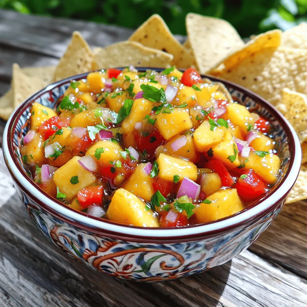 To make the best peach salsa, gather these fresh ingredients: - 3 medium ripe peaches, diced - 1 red bell pepper, finely chopped - 1/2 red onion, finely chopped - 1 jalapeño pepper, seeds removed and minced - 2 tablespoons fresh cilantro, chopped - 1 tablespoon lime juice - 1 tablespoon honey (or vegan-friendly agave syrup) - Salt and pepper to taste Peaches are the star here. Choose ripe ones for sweetness. Red bell pepper adds crunch and color. Red onion gives a bit of bite, while jalapeño peppers bring heat. Fresh cilantro adds a nice herbal note. Lime juice brightens the flavors, and honey balances any tartness. Don't forget salt and pepper for seasoning! You can add some optional ingredients to make your salsa unique: - 1/2 cup diced mango for a sweet twist - 1/4 cup diced cucumber for extra crunch - A pinch of cumin for a warm flavor These additions can enhance your salsa. Mango brings a tropical flair, cucumber adds refreshment, and cumin introduces depth. Feel free to experiment! You will need some basic tools for easy preparation: - A cutting board - A sharp knife - A mixing bowl - A spoon for stirring Having the right tools makes cooking more enjoyable. A sharp knife helps you dice ingredients quickly. A mixing bowl gathers all your fresh bits, making it easy to combine. Enjoy the process of creating! For the full recipe, check out the Peachy Keen Salsa section above. Start with fresh peaches. Wash them well. Peel if you want a smoother salsa. Dice three medium peaches into small pieces. This makes them easy to mix. Next, chop one red bell pepper. Aim for small, even pieces. Do the same with half a red onion. This helps all the flavors blend nicely. Now, take one jalapeño pepper. Remove the seeds for less heat. Mince it finely. If you like spice, keep some seeds in. This choice is all about your taste. In a large bowl, mix all your fresh ingredients. Add the diced peaches, red bell pepper, red onion, and jalapeño. Gently stir them together. You want to combine them without mashing the peaches. Next, add two tablespoons of chopped cilantro. Pour in one tablespoon of lime juice for a zesty kick. To sweeten your salsa, add one tablespoon of honey or agave syrup. This balances the heat and adds depth. Season with salt and pepper to taste. Mix everything lightly to spread the flavors evenly. After mixing, let your salsa sit. Place it in the fridge for about 30 minutes. This marination time lets the flavors come together. The peach salsa will taste even better after resting. To make it shine, serve it in a colorful bowl. Garnish it with a sprig of cilantro. Your peach salsa will look as good as it tastes. Enjoy it with tortilla chips or as a topping on grilled dishes. For the full recipe, check out the details above. To make the best peach salsa, pick ripe peaches. Look for peaches that feel slightly soft when you press them. They should have a sweet smell, too. The color should be deep yellow or orange, not green. If your peaches are hard, leave them out for a day or two. They will ripen at room temperature. You can make peach salsa as spicy as you like. If you want more heat, add more jalapeño. Start with a small amount and taste it. You can always add more. If you prefer a milder salsa, remove all the seeds from the jalapeño. This step will lower the spice level, making it more enjoyable for everyone. You can boost the flavor of your peach salsa with extra ingredients. Try adding diced mango or pineapple for a tropical twist. A splash of vinegar can add a nice tang. If you want a smokier flavor, mix in some smoked paprika. Fresh herbs like mint or basil can also bring a fresh taste. Experiment with these extras to create your perfect blend. You can find the full recipe to guide you through these tasty options. {{image_4}} For a fun twist, try a tropical peach salsa. Add diced mango and pineapple to your mix. The sweetness of these fruits pairs well with the peaches. You can also include chopped mint for a fresh taste. This salsa adds a bright flavor to grilled fish or chicken. It’s perfect for summer barbecues! If you want a heartier salsa, mix in black beans. Use one can of rinsed black beans for added protein. This makes the salsa more filling. The beans balance the sweetness of the peaches with a lovely texture. Serve this version with tortilla chips or on tacos for a delicious meal. For those who like heat, try spicy peach salsa with pineapple. Add diced jalapeños for a kick. You can also mix in some crushed red pepper flakes. The heat balances nicely with the sweetness of the peaches and pineapple. This spicy salsa is a fun topping for burgers or grilled shrimp. Feel free to explore these variations to find your favorite. Each option brings a new twist to the classic peach salsa. For the full recipe, check out the Peachy Keen Salsa section! To keep your peach salsa fresh, store it in an airtight container. This helps prevent it from absorbing other smells in your fridge. Make sure to chill it within two hours of making. The cooler temperature helps keep the flavors vibrant. Always use a clean spoon when serving to avoid cross-contamination. If you notice any excess liquid, gently drain it before serving to maintain a thick consistency. You can freeze peach salsa for later use. To do this, place it in a freezer-safe container. Leave some space at the top to allow for expansion as it freezes. Remember that the texture may change after thawing. It might become a bit watery. To use it, simply thaw it in the fridge overnight before serving. Homemade peach salsa lasts about 3 to 5 days in the fridge. Store-bought salsa usually has preservatives, so it can last longer. Check the label for specific dates. Opened store-bought salsa can last 1 to 2 weeks. If you want the best flavor, eat your homemade salsa fresh. Enjoy the delicious taste of your peach salsa while it's at its peak! For the full recipe, refer to the Peachy Keen Salsa section above. Yes, you can use frozen peaches for salsa. Just make sure to thaw them first. Drain any excess water after thawing. This ensures your salsa stays thick and flavorful. Frozen peaches may be less sweet than fresh, but they still add a nice taste. Homemade peach salsa lasts about 3 to 5 days in the fridge. Store it in an airtight container. After a few days, the flavors may change. Check for any signs of spoilage before using. If it smells off, it's best to toss it. Peach salsa goes well with many dishes. Here are some tasty pairings: - Grilled chicken or fish - Tacos or burritos - Tortilla chips as a dip - Salads for a fresh twist - Quesadillas for added flavor These pairings will make your meals more exciting and flavorful! For the full recipe, check out the detailed instructions above. This blog post covers how to make delicious peach salsa. We explored fresh and optional ingredients, plus tools you’ll need. I shared steps for prep, mixing, and marinating for great flavor. You learned tips on choosing ripe peaches and adjusting spice levels. Variations like tropical and spicy salsa were discussed, along with best storage practices. Remember, homemade salsa tastes better and lasts in the fridge longer than store-bought. Now, try these ideas and enjoy your salsa with your favorite dishes!