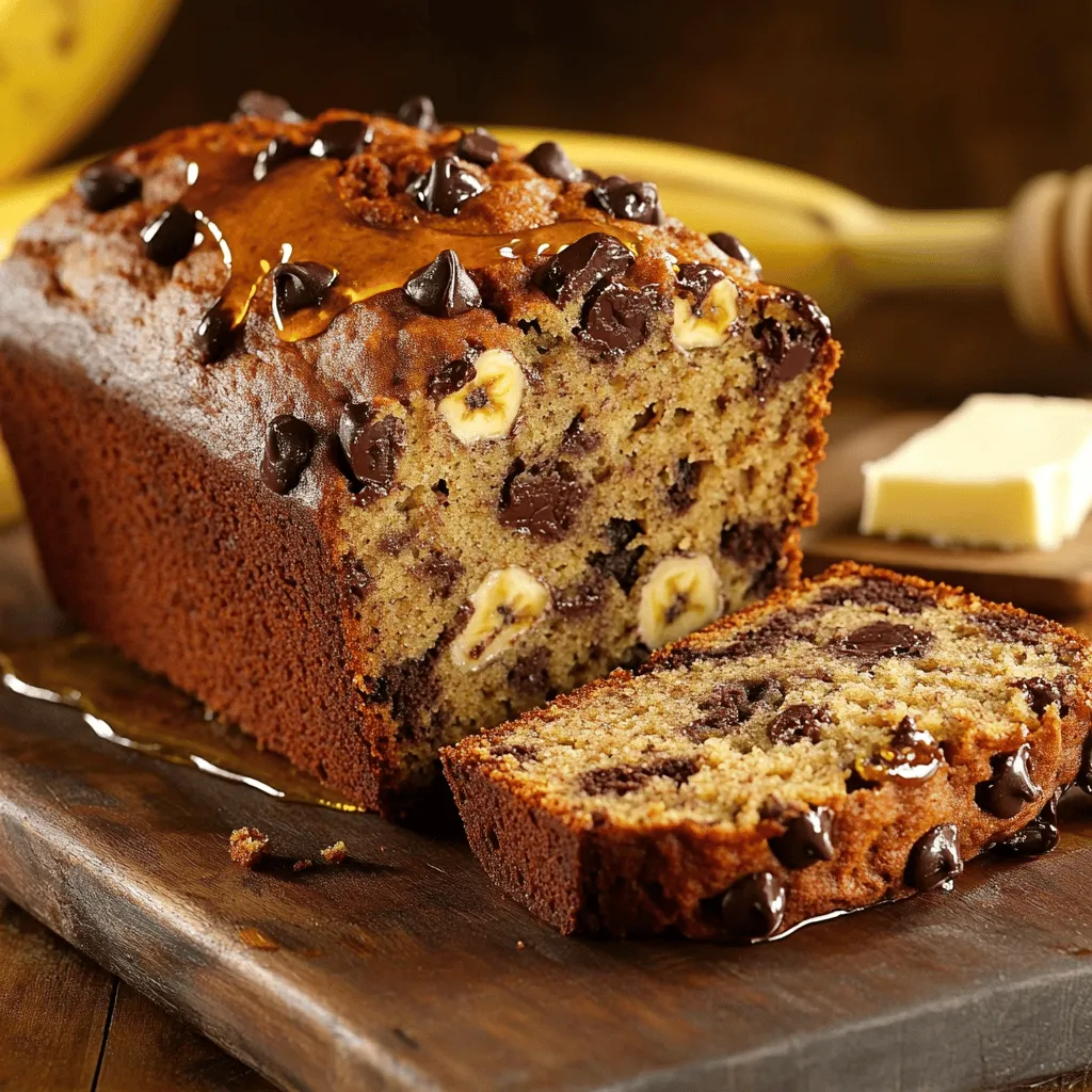 - 3 ripe bananas, thoroughly mashed - 1/3 cup melted coconut oil - 1/2 cup packed brown sugar - 1 large egg, beaten until frothy - 1 teaspoon pure vanilla extract These main ingredients make your banana bread moist and sweet. Ripe bananas add natural sugars and flavor. Coconut oil keeps it rich and soft. Brown sugar gives depth to the taste. The egg binds everything together, while vanilla adds a lovely aroma. - 1/2 cup semi-sweet chocolate chips - 1/4 cup chopped walnuts or pecans - 1/2 teaspoon ground cinnamon Optional add-ins can enhance the flavor and texture. Chocolate chips bring extra sweetness and gooeyness. Nuts add a nice crunch. Ground cinnamon gives warmth and spice. Pick any or all of these to make your bread unique. - 9x5 inch loaf pan - Mixing bowls - Spatula You’ll need a few basic tools for this recipe. A 9x5 inch loaf pan helps shape your bread. Mixing bowls let you combine ingredients easily. A spatula is great for scraping and folding batter. With these tools, you're all set to bake! Start by preheating your oven to 350°F (175°C). This temperature helps the bread rise well and bake evenly. Next, grease a 9x5 inch loaf pan. You can use coconut oil or cooking spray. This step prevents the bread from sticking to the pan. In a large mixing bowl, mash three ripe bananas until smooth. The riper the bananas, the sweeter the bread will be. Add 1/3 cup of melted coconut oil to the bananas. Mix them well until you have a smooth mixture. Then, stir in 1/2 cup of packed brown sugar. Blend until the sugar dissolves fully. Next, add one large beaten egg and 1 teaspoon of pure vanilla extract. Mix until everything is creamy and well combined. Now, sprinkle 1 teaspoon of baking soda and a pinch of fine sea salt over the wet mixture. Stir well to ensure the baking soda spreads evenly. Gently fold in 1 cup of sifted all-purpose flour. Mix just until no dry flour is visible. Over-mixing can make your bread tough. Finally, carefully fold in 1/2 cup of semi-sweet chocolate chips. This is where the magic happens! For extra flavor, you can add 1/2 teaspoon of ground cinnamon or 1/4 cup of chopped nuts if you like. This will enhance both taste and texture in your banana bread. You can find the full recipe in this article. Enjoy the simple steps that lead to a delicious treat! To get the best texture in your banana bread, do not over-mix. Mixing too much makes the bread dense. Stir just until the dry flour disappears. This keeps the bread light and fluffy. The ripeness of your bananas matters too. Use bananas that are very ripe. They should have brown spots. Ripe bananas add natural sweetness and moisture to your bread. You can boost flavor with spices. A pinch of cinnamon adds warmth and richness. You can also try nutmeg for a deeper taste. These spices make your bread smell amazing while baking. Using good quality chocolate chips also enhances the flavor. Choose semi-sweet or dark chocolate. High-quality chocolate melts better and adds a rich taste to each slice. Check the doneness with a toothpick. Insert it into the center of the bread. If it comes out clean or with a few moist crumbs, it's ready. This quick test prevents overbaking. Let your banana bread cool in the pan for about 10 minutes. This helps it set and makes it easier to remove. After that, move it to a wire rack to cool completely. Cooling helps keep the bread moist. For the full recipe, refer to the [Full Recipe]. {{image_4}} You can easily make this banana bread nut-free. Try swapping chocolate chips for dried fruits like raisins or cranberries. This change adds sweetness and a chewy texture. You can also make it vegan-friendly. Replace the egg with a flaxseed meal or a chia seed mixture. Use plant-based yogurt or applesauce to keep moisture. Do you want to enhance the flavor? Adding peanut butter or almond butter gives a great nutty taste. It also makes the bread more filling. I like to experiment with different types of chocolate. Dark chocolate or white chocolate can change the whole vibe of your bread. Try mixing semi-sweet and milk chocolate for a fun twist. If you're looking for different flours, consider gluten-free options. Almond flour or coconut flour works well as substitutes. You can also try whole wheat flour for a healthier twist. It adds a hearty texture and a nutty flavor. Just remember, different flours may require some adjustments in liquid. Always check the Full Recipe for specific instructions. You can store leftover banana bread at room temperature. Keep it in a cool, dry place. Use an airtight container or wrap it in plastic wrap. This keeps it moist and fresh. If you live in a warm area, you might want to refrigerate it. However, the cold can change the texture. To properly freeze banana bread, wrap it tightly in plastic wrap. Use aluminum foil or a freezer bag for extra protection. Write the date on the outside to remember when you froze it. When you want to eat it, thaw the bread in the fridge overnight. You can also leave it out at room temperature for a few hours. Banana bread lasts about 3 to 5 days at room temperature. If you refrigerate it, it can last up to a week. For frozen banana bread, enjoy it within 3 months for the best taste. Watch for signs of spoilage, like a sour smell or mold. If it looks or smells off, it’s best to throw it away. For the full recipe, check out the Chocolate Chip Banana Bread Delight section above. To check if your banana bread is done, use a toothpick. Insert it into the center of the loaf. If it comes out clean or with a few moist crumbs, your bread is ready. The edges should pull away slightly from the pan. This step is key to baking success. You want that warm, soft texture inside! Yes, you can easily substitute ingredients. If you want to replace eggs, use 1/4 cup of applesauce or mashed banana. For oils, try unsweetened applesauce or yogurt. These swaps keep your banana bread moist and tasty. Just make sure to adjust the amounts based on what you use. Chocolate chip banana bread is great on its own. However, you can enhance it with a few simple sides. Try spreading butter or cream cheese on top. A drizzle of honey or maple syrup works well too. You can also serve it with a cup of coffee or tea for a cozy treat. For the best flavor, use very ripe bananas. Look for bananas with brown spots or mostly brown skin. These bananas are sweeter and more flavorful. Avoid green bananas, as they won't provide the same taste. Ripe bananas make your bread soft and moist. Yes, mini loaves are a fun option! Just adjust the baking time. Bake mini loaves for about 25 to 30 minutes. Check them with a toothpick to know when they are done. This way, everyone can enjoy their own little loaf of goodness! If you want the full recipe, check out the section above! In this blog post, we covered the key ingredients and steps for making delicious chocolate chip banana bread. We discussed using ripe bananas, coconut oil, and sugar, along with optional add-ins like nuts or spices. I shared tips for the perfect texture and flavor, along with storage options. Remember, fresh bananas and mindful mixing lead to the best results. Enjoy your baking adventure, and don’t hesitate to try new variations. With these tips, you’ll make a delightful treat that your friends and family will love.