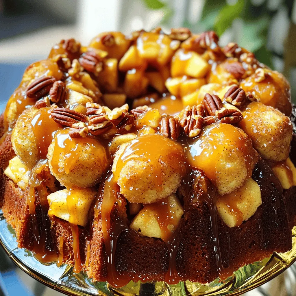 - 2 cans (16 oz each) refrigerated biscuit dough - 3 medium Granny Smith apples, peeled and diced - 1 cup caramel sauce (store-bought or homemade) - 1 cup packed brown sugar - 1 teaspoon ground cinnamon - 1/2 cup unsalted butter, melted - 1 cup chopped pecans (optional) - 1/2 teaspoon pure vanilla extract Gathering these ingredients is the first step to making your caramel apple monkey bread. I love using Granny Smith apples for their tartness. It balances well with the sweet caramel and brown sugar. The biscuit dough serves as a fluffy base, making it easy to pull apart. You can choose store-bought caramel sauce for speed or make your own for a special touch. If you like nuts, consider adding pecans for a crunchy bite. The melted butter brings richness, while the cinnamon adds warmth and spice. Make sure you have everything on hand before you start. This will help you feel organized and ready to create a delicious treat. If you want the full recipe, it’s yours to explore! - Preheat your oven to 350°F (175°C). - Grease the bundt pan thoroughly. This will help the monkey bread come out easily. - Combine diced apples, brown sugar, and cinnamon. - Toss well until apples are coated. This mix adds a sweet and spicy flavor. - Open and cut each biscuit into quarters. - Roll each piece into a ball and dip in melted butter. The butter helps the dough stay moist. - Alternate layers of biscuit balls and apple mixture. - Drizzle caramel sauce on top. This creates a delicious, gooey center. - Place in the oven and bake for 30-35 minutes. - Check for doneness with a toothpick. It should come out clean when done. - Invert onto a serving platter and drizzle with more caramel sauce. - Serve warm to enjoy the melty goodness. For more detailed steps, check the Full Recipe. For easy peeling, use a sharp peeler. Start at the top and make a long, smooth stroke. Turn the apple as you go. This helps keep the peel in one piece. If you want even dicing, cut the apple in half first. Then, slice each half into wedges. Finally, chop the wedges into small cubes. To make a simple caramel sauce, follow this easy recipe. In a saucepan, heat 1 cup of sugar over medium heat. Stir until it melts and turns golden brown. Add 1/2 cup of heavy cream slowly. Be careful, as it will bubble up. Stir until smooth. For storage, let it cool and pour it into a jar. Keep it in the fridge for up to two weeks. Watch for signs that your monkey bread is done. It should be golden brown and puffed up. Insert a toothpick into the center. If it comes out clean, it's ready. Every oven is different, so you may need to adjust baking time. If your monkey bread browns too fast, cover it with foil. This will help it bake evenly. {{image_4}} You can easily change the taste of your caramel apple monkey bread. Try adding spices like nutmeg or allspice. These spices pair well with the sweet apples and caramel. You can also use different types of apples. Honeycrisp or Fuji apples bring a sweeter flavor. If you prefer tartness, stick with Granny Smith apples. Each type of apple adds its own unique twist to the dish. If you need gluten-free options, look for gluten-free biscuit dough. Many brands now offer great alternatives that taste fantastic. For those on a vegan diet, you can swap out butter with coconut oil or a vegan butter. You can also use a vegan caramel sauce. Just make sure to check the labels to ensure they fit your needs. Get creative with add-ins and toppings! You can incorporate chocolate chips or dried fruit like raisins or cranberries. These add a fun texture and flavor contrast. For toppings, consider using chopped nuts for a crunchy finish. Whipped cream also makes a delightful topping. It adds a creamy element that complements the sweet flavors perfectly. To keep your Caramel Apple Monkey Bread fresh, place it in an airtight container. You can also wrap it tightly in plastic wrap. This keeps it moist and tasty. Store it in the fridge for up to three days. If you notice any signs of spoilage, it’s best to toss it out. When reheating monkey bread, the best method is using the oven. Preheat the oven to 350°F (175°C). Place the bread on a baking sheet and cover it with foil. Heat for about 10-15 minutes. This method helps keep the texture soft and warm. You can also use a microwave, but it may turn the bread a bit chewy. Heat in short bursts of 10-15 seconds until warm, checking often. To freeze prepared monkey bread, let it cool completely first. Then, wrap it tightly in plastic wrap and aluminum foil. This helps prevent freezer burn. You can freeze it for up to three months. When you're ready to enjoy it, move it to the fridge to thaw overnight. Reheat it in the oven as mentioned above for best results. Enjoy your sweet treat later! For the complete recipe, check out the Full Recipe section. Yes, you can prepare the apple mixture and biscuit balls ahead of time. Store them in the fridge for up to a day. On the day of baking, layer them in the bundt pan and bake. This way, you save time and still enjoy fresh monkey bread. If you want to swap biscuit dough, you can use croissant dough or pizza dough. Both options work well. Croissant dough gives a flaky texture, while pizza dough adds a bit of chewiness. You can also try homemade dough if you prefer. When stored properly in an airtight container, it can last for about 2-3 days. Factors like humidity and temperature can affect its freshness. Always check for any changes in smell or texture before eating. Absolutely! You can use a 9x13-inch baking dish or a round cake pan. Just adjust the baking time. If using a cake pan, it may need a few more minutes to bake through. Keep an eye on it to ensure it doesn’t over-bake. This blog post covers making delicious Caramel Apple Monkey Bread. We looked at ingredients, tools, and step-by-step instructions for baking. We also explored tips, variations, and how to store leftovers. This dessert is fun to make, share, and enjoy. You can easily customize it to fit your taste. Try different apples or toppings to surprise your family. Enjoy this sweet treat!