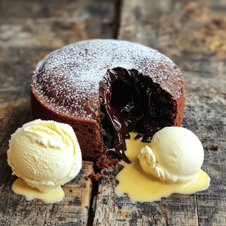 To make chocolate lava cake, gather these items: - 1/2 cup (115g) unsalted butter - 1 cup (170g) high-quality dark chocolate, finely chopped - 2 large eggs - 2 large egg yolks - 1/4 cup (50g) granulated sugar - 2 tablespoons all-purpose flour - Pinch of sea salt - Powdered sugar for dusting - Ice cream or whipped cream, for serving (optional) When choosing chocolate, pick a dark chocolate with at least 60% cocoa. Higher cocoa content gives a richer flavor. Look for brands that are smooth and have a nice sheen. Avoid chocolate labeled as "baking chocolate" unless it is high quality. You can add flavors to the batter. Consider a teaspoon of vanilla extract or a bit of espresso powder. These add warmth and depth to the chocolate. For toppings, think about serving your lava cake with: - Vanilla ice cream - Whipped cream - Fresh berries - A drizzle of caramel or chocolate sauce These options enhance the dessert's taste and make it even more special. Enjoy experimenting with flavors and textures! Preheat your oven to 425°F (220°C). Grease four ramekins with unsalted butter. Make sure to coat the insides well. Lightly dust the ramekins with flour. This helps the cake slide out easily after baking. Next, melt the chocolate and butter. In a microwave-safe bowl, combine the finely chopped dark chocolate and unsalted butter. Heat in the microwave in 30-second bursts. Stir well between each interval. This should take about 1-2 minutes. You want a smooth, melted mixture. Now let's mix the ingredients. In a separate bowl, whisk the whole eggs, egg yolks, and granulated sugar together. Keep whisking until the mixture is pale and thick, about 2 minutes. Slowly pour the melted chocolate and butter into the egg mixture. Stir continuously until the two mixtures blend well. Then, sift in the all-purpose flour and a pinch of sea salt. Gently fold the mixture with a spatula until just combined. Be careful not to over-mix; this can change the cake's texture. Divide the batter among the prepared ramekins, filling each about three-quarters full. Place them on a baking sheet for easy handling. Bake in the oven for 12-14 minutes. The edges should be firm, but the center must remain soft and slightly jiggly. This contrast gives you that perfect lava texture. After baking, carefully remove the ramekins from the oven. Let them sit for one minute. Run a small knife around the edges to help release the cakes. Invert each ramekin onto a plate, lifting them off gently. You should see the beautiful lava cakes on your plate. Dust the tops with powdered sugar for a nice finish. Enjoy with ice cream or whipped cream if you like. To get that gooey center, timing is key. Bake your cakes at 425°F (220°C) for 12 to 14 minutes. Keep an eye on them. The edges should set while the middle stays soft. A common mistake is overbaking. If you bake too long, the center won't be lava-like. If unsure, check at 12 minutes. If the center jiggles gently, it's ready. Presentation makes your dessert shine. After inverting the cakes, dust them with powdered sugar for a lovely touch. This adds a sweet contrast to the rich chocolate. For serving, pair your lava cake with a scoop of vanilla ice cream. The cold creaminess balances the warm, molten chocolate. You can also add fresh berries for a pop of color and flavor. Enjoy your delicious creation with these simple yet effective tips! {{image_4}} You can change the flavor of your chocolate lava cake easily. Use different types of chocolate for fun tastes. Try milk chocolate for a sweeter cake. Use white chocolate for a creamy twist. For more excitement, add flavored chocolate, like mint or orange. Creative additions make this dessert even better. A bit of espresso brings out the chocolate's rich taste. If you like citrus, add orange zest for a bright note. You can even mix in a splash of vanilla or a pinch of cinnamon for warmth. If you want a gluten-free version, use gluten-free flour instead of regular flour. This swap keeps the cake light and fluffy while making it safe for those with gluten allergies. You can also find gluten-free baking mixes that work well. For a healthier cake, substitute sugar with honey or maple syrup. This change adds natural sweetness. You can replace butter with coconut oil or applesauce. Both keep the cake moist and tasty. These options help you enjoy this dessert while being mindful of health. For the full recipe, check out the complete guide. To store leftover chocolate lava cake, use airtight containers. Place the cooled cakes in the containers. This helps prevent them from drying out. If you have ramekins, you can cover them tightly with plastic wrap. Keep the cakes in the fridge for up to three days. Remember, the fresher they are, the better the taste. For best results, avoid stacking the cakes. This keeps the tops nice and smooth. If you want to get fancy, place a piece of parchment paper between layers. This adds a little cushion and keeps the cakes intact. When you’re ready to enjoy your cake again, you can reheat it easily. The best way is to use the oven. Preheat it to 350°F (175°C). Place the cake on a baking sheet. Heat for about 10 minutes. This warms it up without making it dry. If you want to keep that gooey center, you can also use the microwave. Heat the cake for 20-30 seconds. Check it after 20 seconds to see if it’s warm enough. Be careful not to overheat it. This can ruin the lava effect you love so much. To restore the 'lava' effect, consider adding a scoop of ice cream on top. The warm cake and cold ice cream create a delightful combination. Enjoy your decadent dessert! What do I do if my cakes don’t have a gooey center? If your cakes lack a gooey center, they likely baked too long. The key is to check them at 12 minutes. The edges should be set, while the center remains soft. If you notice the center is firm, try reducing the baking time next time. Each oven can vary, so keep an eye on them! Can I make the batter in advance? Yes, you can make the batter ahead of time. Prepare it and fill your ramekins, then cover them with plastic wrap. Store the filled ramekins in the fridge for up to 24 hours. When you're ready to bake, just take them out and pop them in the oven straight from the fridge. You may need to add an extra minute or two to the baking time. Best restaurants for Chocolate Lava Cake near me? For the best chocolate lava cake, check local bistros or high-end restaurants. They often have this dessert on their menu. Look for places with good reviews and a focus on desserts. You can also ask friends for their favorites. How to serve Chocolate Lava Cake for a dinner party? At a dinner party, serve chocolate lava cake warm. Plate it carefully, and dust it with powdered sugar for a nice touch. A scoop of vanilla ice cream or a dollop of whipped cream pairs perfectly. You can also add fresh berries for color and flavor. This will impress your guests! Making the perfect chocolate lava cake involves careful ingredient selection, detailed steps, and handy tips. You now know how to choose the best chocolate and add your favorite flavors. Mixing and baking correctly brings out the cake’s gooey center. Remember to store leftovers well and reheat them properly. Enjoy the rich taste and impress your friends at your next gathering with this easy treat!