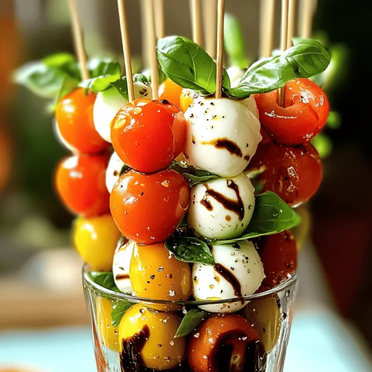 - 1 pint cherry tomatoes, halved - 8 ounces fresh mozzarella balls (bocconcini) - 1 bunch fresh basil leaves - 2 tablespoons balsamic glaze - 1 tablespoon extra virgin olive oil - Salt and freshly cracked black pepper to taste - 12-15 wooden skewers The ingredients for Caprese Salad Skewers are simple yet fresh. Cherry tomatoes bring a sweet burst of flavor. Fresh mozzarella adds a creamy texture that pairs well with the tomatoes. The basil leaves give a fragrant aroma and a hint of peppery taste. Balsamic glaze is a must-have. It adds a tangy sweetness that enhances the dish. Extra virgin olive oil offers a rich, fruity flavor. Salt and black pepper bring out the natural tastes of the other ingredients. For a fun twist, you can add optional ingredients. Try avocado chunks for creaminess. Prosciutto slices add a salty, savory kick. Roasted red peppers give a smoky depth to every bite. You can mix and match these items to create your perfect skewer. For the full experience, check out the full recipe. Enjoy creating these vibrant and tasty appetizers! - Rinse and slice the cherry tomatoes - Drain mozzarella if packed in liquid - Prepare fresh basil leaves Start by rinsing your cherry tomatoes under cool water. Slice each tomato in half. This helps the flavors blend better. Next, if your mozzarella balls are in liquid, drain them well. This keeps the skewers from getting soggy. Finally, grab fresh basil leaves. You want them whole and vibrant for a pop of flavor. - Step-by-step assembly of cherry tomatoes, basil, and mozzarella - Tips for achieving a beautiful presentation Now, grab a wooden skewer. Begin by placing a cherry tomato half on it, cut side facing up. This shows off its juicy inside. Next, add a basil leaf. For best results, fold it in half. Then, slide on a mozzarella ball. Repeat this until you have 3-4 sets of each ingredient on one skewer. Make sure it looks colorful! For presentation, arrange them nicely on a platter. You can even stand them upright in a glass for extra flair. - Drizzling with balsamic glaze and olive oil - Seasoning with salt and pepper Once your skewers are ready, it's time for the final touches. Drizzle them with extra virgin olive oil and balsamic glaze. This adds a lovely shine and flavor. Lastly, sprinkle a pinch of salt and freshly cracked black pepper on top. These small steps elevate the taste. Serve your skewers right away for the best experience. If you want to chill them, let them sit in the fridge for 15-20 minutes. Enjoy your fresh and tasty Caprese salad skewers! For the complete recipe, check out the Full Recipe. To keep your ingredients fresh before assembly, store them separately. Keep the tomatoes in a cool spot and the mozzarella in the fridge. Basil should stay in water or wrapped in a damp cloth. This way, everything stays bright and tasty. Avoid soggy skewers by draining the mozzarella well. If it sits in liquid, it will make your skewers wet. Also, assemble the skewers just before serving. This keeps all the flavors fresh and bright. For an attractive presentation, use a tall glass or vase to stand the skewers upright. This makes a fun display. You can also add extra basil leaves around the base for a pop of color. When it comes to drinks, pair these skewers with a crisp white wine or sparkling water. The light flavors of the skewers work well with these beverages. You can store prepared skewers in the refrigerator. Wrap them in plastic wrap to keep them fresh. They can last for 1 to 2 hours before serving. If you want to make them ahead of time, assemble and chill them. Just drizzle with balsamic glaze and olive oil right before serving. This keeps the flavors fresh and bright. For the full recipe, check out the detailed steps above. {{image_4}} You can play with flavors in Caprese salad skewers. One fun way is to add different cheeses. Try feta for a salty kick, or goat cheese for creaminess. Both will change the taste and add a new layer of flavor. You can also switch up the herbs. Instead of basil, use fresh mint for a refreshing touch, or arugula for a spicy bite. Each choice makes the dish unique and exciting. A twist in this recipe can mean adding bold flavors. For instance, pair your skewers with unique sauces like pesto or a spicy garlic dip. These sauces make the skewers pop with flavor. You can also marinate the mozzarella in olive oil with herbs. This adds depth and richness before you assemble the skewers. Make your Caprese skewers shine in any season. In summer, add fresh peaches or watermelon for sweetness. These fruits complement the salty cheese and tangy tomatoes. For holidays, use red and green ingredients to match the theme. Cherry tomatoes and basil are perfect, but you can also add roasted red peppers. They bring a warm flavor and vibrant color to the plate. Use seasonal produce for the best taste and freshness. Check out the Full Recipe to explore all these ideas! To keep your Caprese salad skewers fresh, place them in an airtight container. Use plastic wrap for extra protection. Store the skewers in the fridge. This helps maintain their taste. They stay fresh for about 2 days. After that, the basil may wilt, and the flavors fade. You don’t need to reheat Caprese skewers. They taste best cold or at room temperature. If you want to refresh them, take them out of the fridge. Let them sit for about 10 minutes. This helps bring back their flavor. You can drizzle a bit more olive oil or balsamic glaze for added taste. I don’t recommend freezing these skewers. Freezing changes the texture of tomatoes and mozzarella. If you must freeze, wrap each skewer well in plastic wrap. Use a freezer bag to prevent freezer burn. When ready to eat, thaw in the fridge overnight. Use them right away for the best taste. For the complete recipe, check the Full Recipe. To make Caprese Salad Skewers, follow these simple steps: - Rinse and slice 1 pint of cherry tomatoes in half. - Drain 8 ounces of fresh mozzarella balls if packed in liquid. - Take a wooden skewer and add a cherry tomato half, cut side up. - Place a fresh basil leaf on the skewer. - Add a mozzarella ball next, then another basil leaf. - Top with another cherry tomato half. - Repeat until the skewer is full. - Drizzle with 2 tablespoons of balsamic glaze and 1 tablespoon of olive oil. - Sprinkle with salt and pepper to taste. The Full Recipe provides more details for perfecting this dish. Yes, you can prepare Caprese Salad Skewers a day in advance. Assemble the skewers and store them in the fridge. Keep them covered with plastic wrap or in a sealed container. This helps maintain freshness and flavor. Just remember to drizzle the balsamic glaze right before serving. This way, the skewers will remain vibrant and delicious. If you need a substitute for balsamic glaze, try these options: - Use a simple mixture of olive oil and lemon juice. - Try a red wine vinaigrette for a tangy twist. - A honey mustard dressing can add a sweet touch. - You might also use a pesto for extra flavor. These alternatives can give your skewers a unique taste. Yes, Caprese Salad Skewers are naturally gluten-free. The main ingredients include tomatoes, mozzarella, basil, and olive oil. None of these contain gluten, making them safe for those with gluten sensitivities. This dish is also vegetarian-friendly, adding to its appeal. You can serve these skewers at events to accommodate different diets. They make a great appetizer for everyone to enjoy. In this blog post, we explored how to make delicious Caprese salad skewers. You learned about essential ingredients, from cherry tomatoes to mozzarella, and even some fun variations. I shared tips for assembly, presentation, and storage. Remember, these skewers are easy to prepare ahead of time and perfect for gatherings. Try adding your own twist to keep it fresh. Enjoy making these tasty treats, and let your creativity shine!
