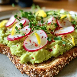 To make this fresh avocado toast with radish, you need simple and healthy ingredients. Here’s what you need: - 2 ripe avocados - 4 slices whole grain bread - 5-6 radishes, thinly sliced - 1 tablespoon lemon juice - 1 tablespoon olive oil - Sea salt and black pepper - Red pepper flakes (optional) - Microgreens or arugula for garnish Each ingredient plays a role in creating a balanced and tasty meal. Avocados bring creaminess and healthy fats. Whole grain bread adds fiber and crunch. Radishes give a nice peppery bite. Lemon juice brightens the flavor. Olive oil adds richness. Salt and pepper enhance all the tastes. If you like heat, red pepper flakes can spice things up. Lastly, microgreens or arugula add freshness and color. Using fresh ingredients makes a big difference. Choose ripe avocados for the best texture. Look for firm bread that can hold the toppings well. Fresh radishes have the best crunch. Gather these ingredients, and you are ready to make a delicious avocado toast! For the full recipe, check out the Avocado Radish Delight Toast. To start, you need to toast your bread. You can use a toaster or a grill. Both methods work well. If you use a grill, heat a dry pan on medium. Toast the bread until it is golden brown. You want it crispy on the outside but soft inside. The perfect texture makes every bite enjoyable. Next, it's time for the avocados. Cut each avocado in half lengthwise. Be careful when removing the pit. I like to use a spoon for this. Once you scoop out the flesh, place it in a bowl. Now, mash the avocado with a fork. Aim for a creamy texture. Add lemon juice and olive oil to the mix. Season with sea salt and black pepper to taste. If you want a spicy kick, add red pepper flakes. Now comes the fun part: assembling your toast. Take your crispy bread and spread a generous layer of the avocado mixture on each slice. Make sure to cover every inch for the best flavor. Next, arrange the thinly sliced radishes on top. This adds a nice crunch and a pop of color. For the final touch, sprinkle some microgreens or arugula. A little extra salt and pepper can enhance the taste. For the full recipe and more details, check out the [Full Recipe]. To make a great avocado toast, you need ripe avocados. Look for avocados that yield to gentle pressure. This means they are soft but not mushy. A dark green to almost black skin usually indicates ripeness. If they are hard, give them a few days to ripen at room temperature. Once ripe, store them in the fridge to slow down ripening. Use them within a few days for the best taste. Getting the perfect toast is key to this dish. You can use a toaster or grill your bread. For toaster use, set it to medium and toast until golden brown. If grilling, preheat a dry pan and toast each side for a few minutes. Aim for a crispy texture that holds the avocado well. This helps balance the creamy avocado and crunchy radish. Garnishes can elevate your avocado toast. Consider adding sliced cherry tomatoes, crumbled feta, or a drizzle of balsamic glaze. Microgreens and arugula add a fresh touch and color. For a beautiful plate, arrange the toast on a rustic board. You can sprinkle a bit of red pepper flakes for flair. This makes your dish not only tasty but also pleasing to the eye! {{image_4}} You can spice up your avocado toast in many ways. Adding red pepper flakes gives it a kick. You can also try smoked paprika or cayenne pepper for more heat. If you like crunch, add sliced jalapeños on top. For the bread, think outside the box! Try sourdough, rye, or even a gluten-free option. Each choice adds its own unique flavor. For a vegan twist, skip the olive oil. Use avocado oil instead for a different taste. You can also add nut-based cheese for creaminess. Blend the avocado with fresh herbs like basil or cilantro. This adds a bright flavor. You can make a unique avocado dip as well. Just mix in some garlic or sun-dried tomatoes. Seasonal ingredients can make your toast shine. In spring, add fresh peas or microgreens for a pop of color. In summer, top with juicy cherry tomatoes or corn. Fall is great for roasted pumpkin or squash slices. In winter, try adding pomegranate seeds for a sweet crunch. Always look for local produce to keep it fresh and tasty. For more ideas and details, check out the Full Recipe. To keep your leftover avocado fresh, store it with care. Here are my top tips: - Use lemon juice: Squeeze some lemon juice on the cut side. This helps slow browning. - Cover tightly: Wrap it in plastic wrap, pushing out air. An airtight container also works well. - Use onion: Place the avocado in a container with a slice of onion. It prevents browning too! When it comes to toast, it's best to eat it fresh. If you have leftovers, keep them for later. Here’s how: - Store separately: Keep the avocado spread and toast apart. This prevents sogginess. - Use foil: Wrap the toast in foil to keep it from drying out. To store prepared toast, follow these steps: - Cool completely: Let your toast cool at room temperature before storing. This keeps it crisp. - Use a paper towel: Place a paper towel in the container. It absorbs extra moisture. - Refrigerate: Store the toast in the fridge if you plan to eat it within a day. When you want to enjoy your toast again: - Reheat in a toaster: This restores its crispy texture. - Skip the microwave: Microwaving makes the toast chewy and soggy. Knowing how long each ingredient lasts helps in planning. Here’s the average shelf life: - Avocados: About 3-5 days ripe. Buy unripe ones to last longer. - Whole grain bread: Lasts about 5-7 days in the pantry. Freeze for longer storage. - Radishes: About 1-2 weeks in the fridge. Look for firm ones with no soft spots. - Lemon juice: Fresh juice lasts 3-4 days in the fridge. Bottled juice lasts longer. - Olive oil: Lasts up to 2 years if stored in a cool, dark place. For buying in bulk: - Check dates: Always check the expiration dates when buying. - Store properly: Keep items in airtight containers for freshness. Yes, you can prep parts ahead. Here are some tips: - Toast your bread: Toast bread slices and store them in a sealed bag. - Prepare avocado: Mash avocados and store them in an airtight container. - Lemon juice: Add lemon juice to mashed avocado to keep it fresh. - Assemble just before serving: Wait to top with radishes and greens until ready to eat. Avocados are rich in healthy fats. They offer many nutrients like: - Fiber: Good for digestion. - Potassium: Helps control blood pressure. - Vitamins E and C: Boost skin health and immunity. Eating avocados can support heart health and weight management. They help you feel full longer. Try adding them to your meals for a nutritious boost. To keep your avocado fresh, use these storage tricks: - Lemon juice: Brush the surface with lemon juice. - Airtight container: Store mashed avocado in one, pressing out air. - Pit in the container: Keep the pit with mashed avocado to slow browning. These methods help maintain color and flavor in your avocado dishes. In this post, I covered how to make delicious avocado toast. I shared a simple list of ingredients and step-by-step instructions. You learned about choosing ripe avocados and the best toasting methods. Variations and tips for storing leftovers were also discussed. Avocado toast is tasty and flexible. You can easily adapt it to your taste. Enjoy trying new toppings and flavors, and make this dish your own!