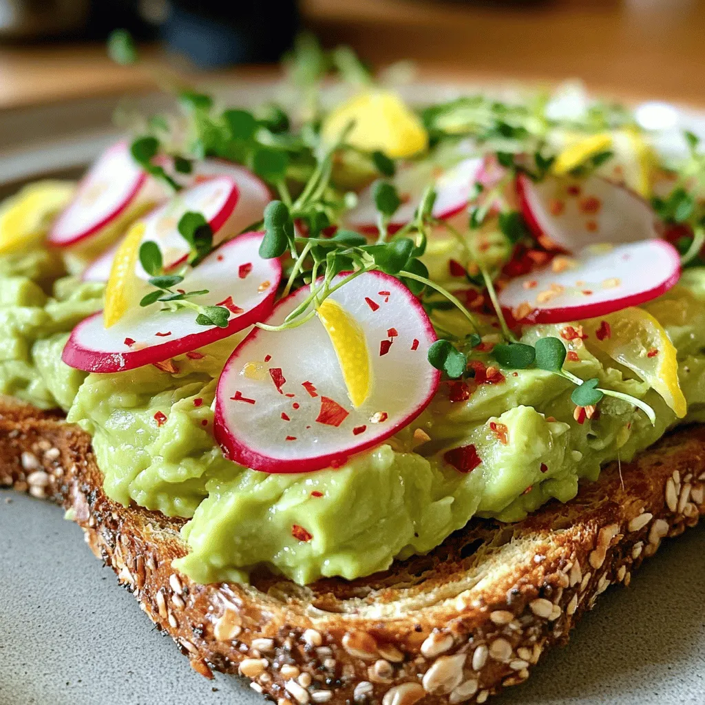 To make this fresh avocado toast with radish, you need simple and healthy ingredients. Here’s what you need: - 2 ripe avocados - 4 slices whole grain bread - 5-6 radishes, thinly sliced - 1 tablespoon lemon juice - 1 tablespoon olive oil - Sea salt and black pepper - Red pepper flakes (optional) - Microgreens or arugula for garnish Each ingredient plays a role in creating a balanced and tasty meal. Avocados bring creaminess and healthy fats. Whole grain bread adds fiber and crunch. Radishes give a nice peppery bite. Lemon juice brightens the flavor. Olive oil adds richness. Salt and pepper enhance all the tastes. If you like heat, red pepper flakes can spice things up. Lastly, microgreens or arugula add freshness and color. Using fresh ingredients makes a big difference. Choose ripe avocados for the best texture. Look for firm bread that can hold the toppings well. Fresh radishes have the best crunch. Gather these ingredients, and you are ready to make a delicious avocado toast! For the full recipe, check out the Avocado Radish Delight Toast. To start, you need to toast your bread. You can use a toaster or a grill. Both methods work well. If you use a grill, heat a dry pan on medium. Toast the bread until it is golden brown. You want it crispy on the outside but soft inside. The perfect texture makes every bite enjoyable. Next, it's time for the avocados. Cut each avocado in half lengthwise. Be careful when removing the pit. I like to use a spoon for this. Once you scoop out the flesh, place it in a bowl. Now, mash the avocado with a fork. Aim for a creamy texture. Add lemon juice and olive oil to the mix. Season with sea salt and black pepper to taste. If you want a spicy kick, add red pepper flakes. Now comes the fun part: assembling your toast. Take your crispy bread and spread a generous layer of the avocado mixture on each slice. Make sure to cover every inch for the best flavor. Next, arrange the thinly sliced radishes on top. This adds a nice crunch and a pop of color. For the final touch, sprinkle some microgreens or arugula. A little extra salt and pepper can enhance the taste. For the full recipe and more details, check out the [Full Recipe]. To make a great avocado toast, you need ripe avocados. Look for avocados that yield to gentle pressure. This means they are soft but not mushy. A dark green to almost black skin usually indicates ripeness. If they are hard, give them a few days to ripen at room temperature. Once ripe, store them in the fridge to slow down ripening. Use them within a few days for the best taste. Getting the perfect toast is key to this dish. You can use a toaster or grill your bread. For toaster use, set it to medium and toast until golden brown. If grilling, preheat a dry pan and toast each side for a few minutes. Aim for a crispy texture that holds the avocado well. This helps balance the creamy avocado and crunchy radish. Garnishes can elevate your avocado toast. Consider adding sliced cherry tomatoes, crumbled feta, or a drizzle of balsamic glaze. Microgreens and arugula add a fresh touch and color. For a beautiful plate, arrange the toast on a rustic board. You can sprinkle a bit of red pepper flakes for flair. This makes your dish not only tasty but also pleasing to the eye! {{image_4}} You can spice up your avocado toast in many ways. Adding red pepper flakes gives it a kick. You can also try smoked paprika or cayenne pepper for more heat. If you like crunch, add sliced jalapeños on top. For the bread, think outside the box! Try sourdough, rye, or even a gluten-free option. Each choice adds its own unique flavor. For a vegan twist, skip the olive oil. Use avocado oil instead for a different taste. You can also add nut-based cheese for creaminess. Blend the avocado with fresh herbs like basil or cilantro. This adds a bright flavor. You can make a unique avocado dip as well. Just mix in some garlic or sun-dried tomatoes. Seasonal ingredients can make your toast shine. In spring, add fresh peas or microgreens for a pop of color. In summer, top with juicy cherry tomatoes or corn. Fall is great for roasted pumpkin or squash slices. In winter, try adding pomegranate seeds for a sweet crunch. Always look for local produce to keep it fresh and tasty. For more ideas and details, check out the Full Recipe. To keep your leftover avocado fresh, store it with care. Here are my top tips: - Use lemon juice: Squeeze some lemon juice on the cut side. This helps slow browning. - Cover tightly: Wrap it in plastic wrap, pushing out air. An airtight container also works well. - Use onion: Place the avocado in a container with a slice of onion. It prevents browning too! When it comes to toast, it's best to eat it fresh. If you have leftovers, keep them for later. Here’s how: - Store separately: Keep the avocado spread and toast apart. This prevents sogginess. - Use foil: Wrap the toast in foil to keep it from drying out. To store prepared toast, follow these steps: - Cool completely: Let your toast cool at room temperature before storing. This keeps it crisp. - Use a paper towel: Place a paper towel in the container. It absorbs extra moisture. - Refrigerate: Store the toast in the fridge if you plan to eat it within a day. When you want to enjoy your toast again: - Reheat in a toaster: This restores its crispy texture. - Skip the microwave: Microwaving makes the toast chewy and soggy. Knowing how long each ingredient lasts helps in planning. Here’s the average shelf life: - Avocados: About 3-5 days ripe. Buy unripe ones to last longer. - Whole grain bread: Lasts about 5-7 days in the pantry. Freeze for longer storage. - Radishes: About 1-2 weeks in the fridge. Look for firm ones with no soft spots. - Lemon juice: Fresh juice lasts 3-4 days in the fridge. Bottled juice lasts longer. - Olive oil: Lasts up to 2 years if stored in a cool, dark place. For buying in bulk: - Check dates: Always check the expiration dates when buying. - Store properly: Keep items in airtight containers for freshness. Yes, you can prep parts ahead. Here are some tips: - Toast your bread: Toast bread slices and store them in a sealed bag. - Prepare avocado: Mash avocados and store them in an airtight container. - Lemon juice: Add lemon juice to mashed avocado to keep it fresh. - Assemble just before serving: Wait to top with radishes and greens until ready to eat. Avocados are rich in healthy fats. They offer many nutrients like: - Fiber: Good for digestion. - Potassium: Helps control blood pressure. - Vitamins E and C: Boost skin health and immunity. Eating avocados can support heart health and weight management. They help you feel full longer. Try adding them to your meals for a nutritious boost. To keep your avocado fresh, use these storage tricks: - Lemon juice: Brush the surface with lemon juice. - Airtight container: Store mashed avocado in one, pressing out air. - Pit in the container: Keep the pit with mashed avocado to slow browning. These methods help maintain color and flavor in your avocado dishes. In this post, I covered how to make delicious avocado toast. I shared a simple list of ingredients and step-by-step instructions. You learned about choosing ripe avocados and the best toasting methods. Variations and tips for storing leftovers were also discussed. Avocado toast is tasty and flexible. You can easily adapt it to your taste. Enjoy trying new toppings and flavors, and make this dish your own!