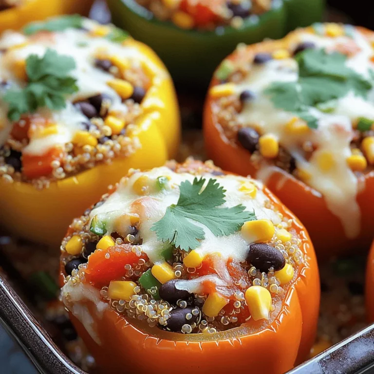 To make stuffed bell peppers with quinoa, gather these tasty ingredients: - 4 large bell peppers (any color) - 1 cup quinoa - 2 cups vegetable broth or water - 1 can black beans (15 oz) - 1 cup corn (fresh, frozen, or canned) - 1 cup diced tomatoes - 1 teaspoon ground cumin - 1 teaspoon smoked paprika - Salt and black pepper to taste - 1 cup shredded cheese - Fresh cilantro or parsley for garnish These ingredients come together to create a colorful and flavorful dish. The quinoa provides a nutty base, while the black beans add protein. Corn and tomatoes bring sweetness and freshness. Cumin and smoked paprika give a warm, earthy flavor that makes each bite exciting. Finally, cheese adds a creamy touch that ties everything together. If you want to dive deeper into the cooking process, check out the Full Recipe. It offers all the steps you need to create this delightful dish. 1. First, rinse the quinoa thoroughly in a fine mesh strainer. This step removes the bitter coating called saponin. 2. In a medium saucepan, combine the rinsed quinoa with vegetable broth. Bring the mixture to a boil over medium-high heat. 3. Once it boils, reduce the heat to low. Cover and let it simmer for about 15 minutes. The quinoa should be fluffy, and all the liquid will be absorbed. 1. While the quinoa cooks, prepare the bell peppers. Slice the tops off and remove the seeds carefully. 2. Place the cleaned bell peppers upright in a baking dish. Ensure they stand steady. 1. In a large mixing bowl, mix the cooked quinoa with black beans, corn, diced tomatoes, cumin, and a pinch of salt and black pepper. 2. Stir everything until it is well combined. This mixture is packed with flavors! 3. Using a spoon, fill each bell pepper with the quinoa mixture. Pack it gently but don’t overflow the tops. 1. Sprinkle a generous amount of shredded cheese on top of each filled pepper. This adds a lovely, cheesy touch. 2. Add a small splash of water to the bottom of the baking dish. Cover it tightly with aluminum foil to help steam them. 3. Bake in your preheated oven for 25 minutes. After that, remove the foil and bake for an extra 10-15 minutes. The peppers should be tender, and the cheese should be bubbly and golden brown. Once you follow these steps, you will have a delightful dish ready to enjoy. For the complete details, refer to the Full Recipe. To avoid mushy peppers, choose firm bell peppers. When you cook them, don’t overbake. Bake just until they are tender but still hold their shape. This keeps a nice crunch. You can also pre-roast them for 10 minutes before stuffing. This helps their texture. For the best flavor, use a mix of cheeses. I recommend cheddar for its sharpness. Mozzarella adds a creamy touch. Try pepper jack for a spicy kick. Mixing these gives a delicious taste and meltiness that everyone loves. Stuffed peppers pair well with many sides. A simple green salad freshens the meal. Serve with rice or quinoa for extra carbs. You can also add a side of roasted veggies for more color and flavor. For presentation, serve the peppers on a bright platter. Drizzle a bit of olive oil around the edges. You can also add extra diced tomatoes for a pop of color. This makes your dish look inviting and ready to eat. For the full recipe, check the previous section. {{image_4}} You can easily change this recipe to fit your needs. To add meat, try ground turkey or beef. Simply cook the meat in a pan before adding it to your filling mix. This gives a rich flavor and protein boost. If you want a vegan option, leave out the cheese and use a plant-based substitute. You can also add extra veggies like mushrooms or spinach for more texture and nutrients. Switching up the spices can change the whole dish. Try using chili powder for heat or oregano for an Italian twist. Fresh herbs like basil or parsley can brighten the dish. You can also swap quinoa for other grains like brown rice or farro. These options provide unique flavors and textures, making the stuffed peppers fun to explore. For a Mediterranean flair, add olives or feta cheese. These simple changes let you customize your stuffed peppers with quinoa to fit any meal or taste preference. You can find the full recipe in the main article for a complete guide. To keep your stuffed bell peppers fresh, use airtight containers. Glass containers work well for storage. You can also use heavy-duty plastic containers. Make sure the peppers cool down before sealing them. This prevents moisture build-up. Store them in the fridge for up to four days. If you want to keep them longer, freeze them. Put them in freezer-safe bags or containers. They can last up to three months in the freezer. You can reheat your stuffed peppers in the microwave or the oven. For the microwave, place one pepper on a plate. Heat it for two to three minutes. Check to see if it’s warm all the way through. If it’s not, add more time in short bursts. For the oven, preheat it to 350°F (175°C). Place the peppers in a baking dish and cover them with foil. Heat for about 15-20 minutes. To keep the texture nice, add a splash of water to the dish. This helps steam the peppers. Always check the filling to ensure it's hot. No one wants cold quinoa! Yes, you can make stuffed peppers ahead of time. Prepare the filling and stuff the peppers. Cover them and store in the fridge for up to a day. This saves time on busy nights. When ready to eat, bake them straight from the fridge. If they are cold, add a few extra minutes to the cooking time. This way, you enjoy a warm meal without much fuss. To avoid overcooked peppers, keep an eye on the cooking time. Bake them at 375°F for about 25 minutes covered. After that, uncover and bake for 10-15 more minutes. This ensures they become tender but not mushy. Check for doneness with a fork. The peppers should be soft but still hold their shape. If you want to swap quinoa, there are great options. You can use brown rice, farro, or even lentils. Each option gives a different taste and texture. Brown rice works well and is easy to find. Farro adds a nutty flavor, while lentils boost protein. Feel free to mix grains for a fun twist on the recipe. This blog post showed you how to make delicious stuffed peppers. We covered the key ingredients needed, like quinoa, beans, and spices. You learned step-by-step instructions for cooking and baking. I also shared tips for perfect texture and ways to add variety. Storing leftovers and reheating them properly will keep your dish fresh. Cooking is fun, so don’t be afraid to experiment. Follow these guidelines, and your stuffed peppers will shine at any meal. Enjoy your cooking journey!