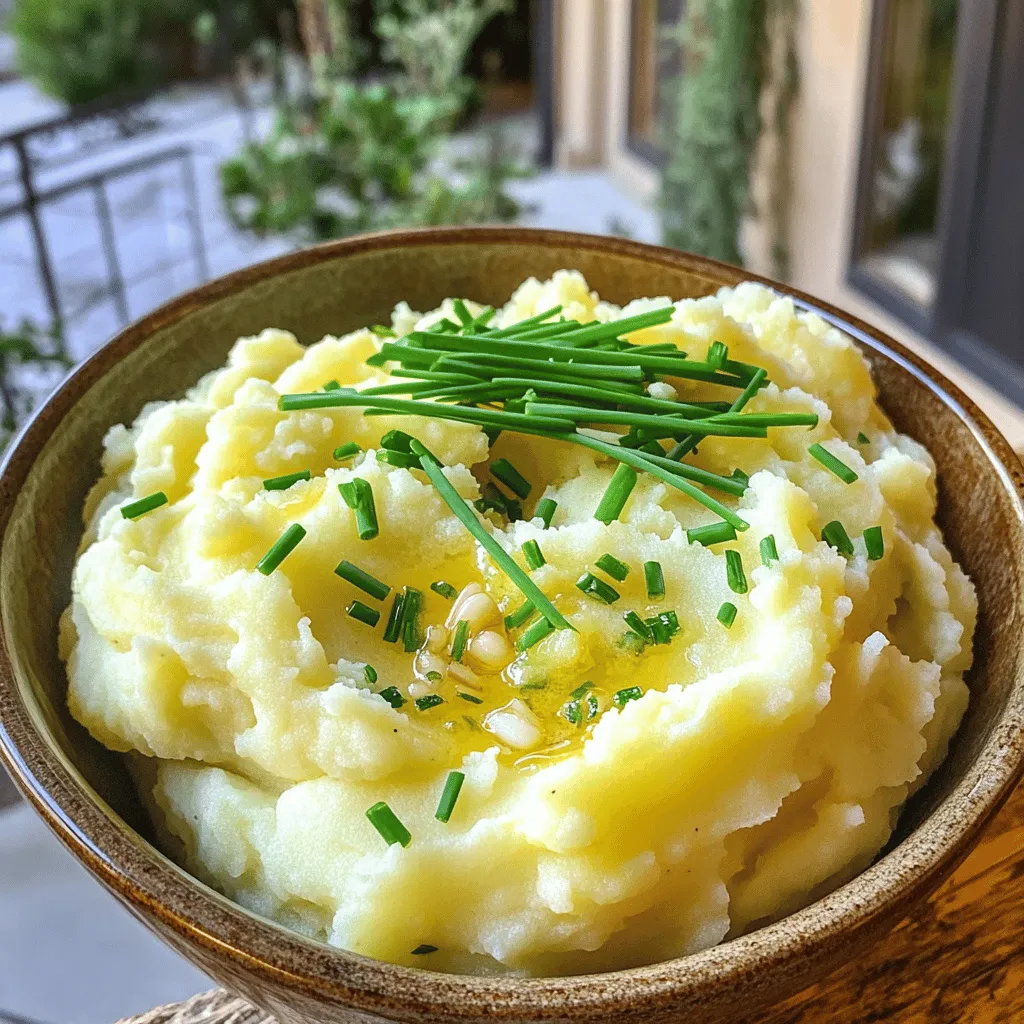To make creamy garlic mashed potatoes, you need simple, fresh ingredients. Here’s what you will need: - 2 pounds Yukon Gold potatoes, peeled and cubed - 4 cloves of fresh garlic, minced - 1 cup rich heavy cream - 4 tablespoons unsalted butter - 1/2 cup smooth sour cream - Salt and freshly cracked pepper, to taste - Fresh chives or parsley, finely chopped, for garnish These ingredients form the base of the dish, giving it a rich and savory flavor. Yukon Gold potatoes are perfect for mashing. Their smooth texture makes them ideal for creamy dishes. Fresh garlic adds a wonderful aroma and taste. If you want to take your creamy garlic mashed potatoes up a notch, consider these optional add-ins: - Cheese (like grated Parmesan or cheddar) - Cream cheese for extra creaminess - Roasted garlic for a sweeter flavor - Herbs like thyme or rosemary for a fresh twist These add-ins can enhance the depth of flavor and make your dish even more special. Don't worry if you have dietary needs; there are easy swaps you can make: - Use olive oil instead of butter for a vegan option. - Substitute coconut cream for heavy cream for a dairy-free version. - Swap sour cream with Greek yogurt for a lighter choice. These substitutions ensure everyone can enjoy creamy garlic mashed potatoes, no matter their diet. For the full recipe, check out the details above. Start with 2 pounds of Yukon Gold potatoes. Peel them and cut them into cubes. Make sure the pieces are about the same size for even cooking. Place the cubed potatoes in a large pot. Add cold water until the potatoes are fully submerged. Don’t forget to add a generous pinch of salt for flavor. Set the pot over medium-high heat. Bring the water to a rolling boil. Once it boils, reduce the heat to a gentle simmer. Cook the potatoes for about 15-20 minutes. You want them fork-tender but not falling apart. This texture is key to creamy mashed potatoes. While the potatoes cook, melt 4 tablespoons of unsalted butter in a small saucepan over medium heat. Add 4 cloves of minced garlic to the butter. Sauté for about 2 minutes. Stir often until the garlic smells great but does not turn brown. This step adds lovely depth to your mashed potatoes. When the potatoes are ready, drain them well in a colander. Return them to the pot. Use a potato masher or ricer to mash the potatoes. Mash until you reach your desired smoothness. Don’t overdo it, or they may turn gummy. Now, pour in 1 cup of heavy cream and 1/2 cup of smooth sour cream. Add in the sautéed garlic butter, too. Stir everything together until the mixture is creamy and smooth. This is where your mashed potatoes get their rich and velvety texture. Taste your creamy garlic mashed potatoes. Season with salt and freshly cracked pepper to your liking. Mix well to ensure the seasoning is even. For a great finish, scoop them into a serving bowl. Top with finely chopped fresh chives or parsley for a pop of color. For the full recipe, check out the [Full Recipe]. To get the creamiest mashed potatoes, start with Yukon Gold potatoes. They have a buttery texture that blends well. Always cook your potatoes in salted water for better flavor. Drain them well, so your mash doesn’t turn out watery. Use a potato masher or ricer to achieve that perfect smoothness. Incorporate heavy cream and butter while hot to help everything blend nicely. Finally, add sour cream for extra creaminess and tang. For the best results, use a few key tools. A potato masher gives you control over texture. If you want a super smooth mash, a potato ricer is your best friend. A large pot helps cook the potatoes evenly. A sturdy colander is essential for draining. Lastly, a wooden spoon or spatula will help mix in all those creamy ingredients perfectly. One common mistake is overcooking the potatoes. This can make them watery and gluey. Be careful not to skimp on the salt in the water; it enhances flavor. Avoid mashing cold potatoes, as they won’t blend well with the cream and butter. Don’t forget to taste as you go! Seasoning at the end may leave your potatoes bland. Follow these tips to make your creamy garlic mashed potatoes shine. For the complete recipe, check the Full Recipe. {{image_4}} You can add herbs to your creamy garlic mashed potatoes for a fresh twist. Chopped rosemary, thyme, or basil works well. Just mix in about one tablespoon of these herbs when mashing. This will give your dish a lovely aroma and taste. You can also infuse the butter with herbs before adding it to the potatoes. Simply heat the butter with a few sprigs of your chosen herb. Strain the butter before mixing it in for a subtle flavor boost. Cheese brings an extra layer of flavor to mashed potatoes. You can stir in grated Parmesan or sharp Cheddar for a rich taste. About one cup of cheese will do the trick. Add it after mashing the potatoes but before adding the cream. The heat of the potatoes will melt the cheese, making them deliciously gooey. For an extra kick, try adding a bit of blue cheese or goat cheese. If you want a plant-based option, you can replace dairy with vegan ingredients. Use almond milk or oat milk instead of heavy cream. For a creamy texture, try adding vegan sour cream or coconut cream. Use vegan butter or olive oil to sauté the garlic. This way, you can enjoy rich garlic mashed potatoes without dairy. These vegan alternatives still give you that velvety texture and rich taste. For the full recipe, check out the delicious details in the previous section. Store leftover creamy garlic mashed potatoes in an airtight container. Make sure the container is tightly sealed to keep out air. This helps the potatoes stay fresh. Place them in the fridge. They will last for about three to five days. If you want to keep them longer, consider freezing. When reheating your mashed potatoes, add a splash of heavy cream or milk. This helps bring back the creamy texture. Microwave them in short bursts, stirring in between. You can also reheat them on the stove. Use low heat and stir gently to avoid burning. To freeze mashed potatoes, let them cool completely first. Scoop the potatoes into freezer-safe bags or containers. Remove as much air as possible. Label the bags with the date. They can last for up to a month in the freezer. When you're ready to eat, thaw them in the fridge overnight. Reheat, adding cream to restore the creamy texture. For the full recipe, refer to the earlier sections. To make your mashed potatoes fluffier, use Yukon Gold potatoes. They are creamy and smooth. After boiling, drain them well. Then, mash them while they are hot. Adding warm milk or cream also helps. Whipping them with a hand mixer creates extra fluffiness. Yes, you can prepare creamy garlic mashed potatoes in advance. Make the dish up to a day ahead. Store it in the fridge in a sealed container. When ready to serve, reheat it gently on the stove. Add a splash of cream to restore creaminess. Creamy garlic mashed potatoes pair well with many dishes. Serve them with roasted chicken or beef. They also complement grilled vegetables and fish. For a cozy meal, enjoy them with a rich beef stew. To fix runny mashed potatoes, add more starch. You can mix in a little instant potato flakes. Another option is to cook them on low heat to evaporate excess moisture. Stir them gently until they reach the right texture. Creamy garlic mashed potatoes are a simple dish that can shine in any meal. We discussed key ingredients that give them flavor, like garlic and potatoes. I shared step-by-step instructions to ensure the best texture and creaminess. You learned helpful tips, variations, and storage info to keep your potatoes fresh. With this knowledge, you can create mashed potatoes that impress your family and friends. Enjoy experimenting with flavors and techniques to make it your own!
