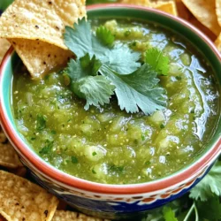 - 6 medium tomatillos, husked and rinsed - 1 small onion, quartered - 2 cloves garlic, unpeeled - 1-2 jalapeño peppers (adjust for spice level) - 1 cup fresh cilantro, finely chopped - Juice of 2 limes - Salt, to taste - 1 tablespoon olive oil How do you measure fresh ingredients accurately? To get the best flavor, use a kitchen scale or measuring cups. For tomatillos, choose firm ones that feel heavy for their size. You can replace tomatillos with green tomatoes if needed. They won't taste the same but will work in a pinch. If you can't find jalapeños, try using serrano peppers for extra heat. You can also skip them if you prefer no spice. First, I preheat my oven to 425°F (220°C). This heat helps roast the veggies well. Next, I prepare my baking sheet by arranging the tomatillos, quartered onion, and unpeeled garlic cloves. I also add the jalapeños, making sure they are spaced out. This prevents them from steaming. After that, I drizzle the veggies with olive oil and sprinkle salt over them. This step makes them flavorful. I roast the veggies for about 15-20 minutes. They should become tender and start to char a bit. You’ll know they are ready when the tomatillos turn a deeper green. Once roasted, I carefully take the baking sheet out of the oven and let the veggies cool for a few minutes. This cooling time is key before blending. Now it’s time to blend! I transfer the roasted tomatillos, onion, garlic, and jalapeños into my blender. I add the finely chopped cilantro and the lime juice next. For a smooth salsa, I blend on high speed until it reaches the right texture. If you want a chunkier salsa, I pulse it a few times instead. After blending, I taste it. If it needs more salt, I add some and blend again briefly. This final touch makes the flavor pop. For the full recipe, check out the complete guide to making this zesty green delight! To make your salsa verde shine, balance the acidity and spiciness. Start with the right amount of lime juice. Too much can overpower the flavors. If you want it spicy, add more jalapeños. Taste as you go to find your perfect mix. Consider adding herbs like oregano or spices like cumin. These can give your salsa a unique twist. Experiment with different amounts to see what you like best. You might find a new favorite! Serve your salsa verde in a bright bowl. This makes it pop on the table. Pair it with crispy tortilla chips for a fun snack. You can also add fresh veggies like cucumber sticks or radishes for dipping. For garnishing, sprinkle some chopped cilantro on top. This adds color and a fresh aroma. You can even place whole cilantro leaves for a rustic look. A slice of lime on the side can make it more inviting too. Watch out for over-roasting your veggies. They should be soft with some char but not burnt. If they look too dark, they may taste bitter. Under-roasting leads to bland flavors, so keep an eye on them. When blending, be mindful of consistency. If you want it smooth, blend long enough, but don’t forget to scrape the sides. For a chunkier salsa, pulse the blender a few times. This gives you control over how it turns out. {{image_4}} You can make salsa verde more exciting by adding fruits or veggies. One great choice is avocado. Adding avocado gives a creamy texture that balances the spice. You can mash it into the salsa or blend it for a smooth mix. Another option is roasted bell peppers. They add a sweet flavor that pairs well with the tomatillos. Just roast them alongside your other veggies. This extra step brings a new layer of taste to your salsa. To change the heat in your salsa, swap out jalapeños for other chili peppers. Try serrano peppers for more spice or poblano peppers for mild heat. Each pepper will change the salsa's flavor and heat level. If you want a milder salsa, you can skip the jalapeños. You can still enjoy the fresh taste of tomatillos and herbs without the heat. This makes it great for kids or anyone sensitive to spice. Adding different herbs can change the flavor of your salsa. Try using fresh mint or oregano for a new twist. Both herbs can brighten the taste and give your salsa a unique touch. You can also add spices like cumin. Just a pinch can enhance the taste and add warmth. Experimenting with these elements can make your salsa verde truly your own. For the full recipe, check the complete details above. To keep your homemade salsa verde fresh, use airtight containers. Glass jars work great. You can also use plastic containers, but make sure they close tightly. Homemade salsa verde lasts about one week in the fridge. After that, it may lose flavor and freshness. If you want to save salsa verde for later, freezing is a smart choice. To freeze, pour the salsa into freezer-safe bags or containers. Leave some space at the top, as the salsa will expand when frozen. Label the bags with the date. This way, you know how old it is. To thaw, place the salsa in the fridge overnight. This slow method keeps the flavor. If you're in a hurry, you can use the microwave. Just defrost in short bursts to avoid cooking it. Once thawed, stir well before using to mix any separated liquid. This salsa is perfect for tacos or as a dip! Salsa verde has fresh and vibrant flavors. The main ingredients are: - 6 medium tomatillos, husked and rinsed - 1 small onion, quartered - 2 cloves garlic, unpeeled - 1-2 jalapeño peppers, stems removed - 1 cup fresh cilantro, finely chopped - Juice of 2 limes - Salt, to taste - 1 tablespoon olive oil You can change the heat by using different peppers. For a milder version, skip the jalapeños. You could add fruits like mango for a twist or mix in roasted bell peppers for sweetness. The combinations are endless! Yes, you can make salsa verde ahead of time. It tastes even better after sitting for a few hours. Store it in a glass jar or airtight container. Keep it in the fridge for up to a week. To make it easier, roast the ingredients the day before. Once cooled, blend and store. Just remember to taste and adjust the salt before serving. Salsa verde is great with many foods. Here are some ideas: - Tacos: Use it to top beef, pork, or chicken tacos. - Grilled meats: Drizzle over grilled chicken or steak for a fresh kick. - Quesadillas: Spread it inside for extra flavor. You can also use salsa verde in creative ways. Mix it into pasta for a zesty sauce. Use it as a dressing for salads or grain bowls. The bright taste can make any dish shine! For the full recipe, check out the detailed steps and tips above. Making homemade Salsa Verde is simple and rewarding. You start with fresh tomatillos, jalapeños, and cilantro. Roasting the ingredients brings out their best flavors. You also learned useful tips for storage and ways to tweak the taste. Try different ingredients to create your perfect blend. Salsa Verde enhances any meal or snack. Enjoy experimenting with flavors and share your creations with friends. Your homemade salsa can impress anyone. Happy cooking!