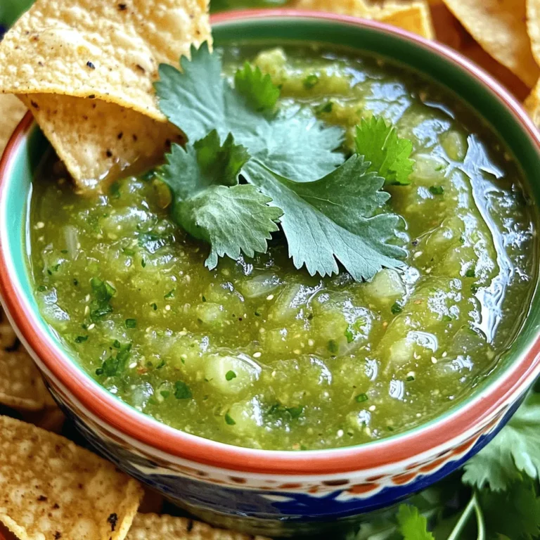 - 6 medium tomatillos, husked and rinsed - 1 small onion, quartered - 2 cloves garlic, unpeeled - 1-2 jalapeño peppers (adjust for spice level) - 1 cup fresh cilantro, finely chopped - Juice of 2 limes - Salt, to taste - 1 tablespoon olive oil How do you measure fresh ingredients accurately? To get the best flavor, use a kitchen scale or measuring cups. For tomatillos, choose firm ones that feel heavy for their size. You can replace tomatillos with green tomatoes if needed. They won't taste the same but will work in a pinch. If you can't find jalapeños, try using serrano peppers for extra heat. You can also skip them if you prefer no spice. First, I preheat my oven to 425°F (220°C). This heat helps roast the veggies well. Next, I prepare my baking sheet by arranging the tomatillos, quartered onion, and unpeeled garlic cloves. I also add the jalapeños, making sure they are spaced out. This prevents them from steaming. After that, I drizzle the veggies with olive oil and sprinkle salt over them. This step makes them flavorful. I roast the veggies for about 15-20 minutes. They should become tender and start to char a bit. You’ll know they are ready when the tomatillos turn a deeper green. Once roasted, I carefully take the baking sheet out of the oven and let the veggies cool for a few minutes. This cooling time is key before blending. Now it’s time to blend! I transfer the roasted tomatillos, onion, garlic, and jalapeños into my blender. I add the finely chopped cilantro and the lime juice next. For a smooth salsa, I blend on high speed until it reaches the right texture. If you want a chunkier salsa, I pulse it a few times instead. After blending, I taste it. If it needs more salt, I add some and blend again briefly. This final touch makes the flavor pop. For the full recipe, check out the complete guide to making this zesty green delight! To make your salsa verde shine, balance the acidity and spiciness. Start with the right amount of lime juice. Too much can overpower the flavors. If you want it spicy, add more jalapeños. Taste as you go to find your perfect mix. Consider adding herbs like oregano or spices like cumin. These can give your salsa a unique twist. Experiment with different amounts to see what you like best. You might find a new favorite! Serve your salsa verde in a bright bowl. This makes it pop on the table. Pair it with crispy tortilla chips for a fun snack. You can also add fresh veggies like cucumber sticks or radishes for dipping. For garnishing, sprinkle some chopped cilantro on top. This adds color and a fresh aroma. You can even place whole cilantro leaves for a rustic look. A slice of lime on the side can make it more inviting too. Watch out for over-roasting your veggies. They should be soft with some char but not burnt. If they look too dark, they may taste bitter. Under-roasting leads to bland flavors, so keep an eye on them. When blending, be mindful of consistency. If you want it smooth, blend long enough, but don’t forget to scrape the sides. For a chunkier salsa, pulse the blender a few times. This gives you control over how it turns out. {{image_4}} You can make salsa verde more exciting by adding fruits or veggies. One great choice is avocado. Adding avocado gives a creamy texture that balances the spice. You can mash it into the salsa or blend it for a smooth mix. Another option is roasted bell peppers. They add a sweet flavor that pairs well with the tomatillos. Just roast them alongside your other veggies. This extra step brings a new layer of taste to your salsa. To change the heat in your salsa, swap out jalapeños for other chili peppers. Try serrano peppers for more spice or poblano peppers for mild heat. Each pepper will change the salsa's flavor and heat level. If you want a milder salsa, you can skip the jalapeños. You can still enjoy the fresh taste of tomatillos and herbs without the heat. This makes it great for kids or anyone sensitive to spice. Adding different herbs can change the flavor of your salsa. Try using fresh mint or oregano for a new twist. Both herbs can brighten the taste and give your salsa a unique touch. You can also add spices like cumin. Just a pinch can enhance the taste and add warmth. Experimenting with these elements can make your salsa verde truly your own. For the full recipe, check the complete details above. To keep your homemade salsa verde fresh, use airtight containers. Glass jars work great. You can also use plastic containers, but make sure they close tightly. Homemade salsa verde lasts about one week in the fridge. After that, it may lose flavor and freshness. If you want to save salsa verde for later, freezing is a smart choice. To freeze, pour the salsa into freezer-safe bags or containers. Leave some space at the top, as the salsa will expand when frozen. Label the bags with the date. This way, you know how old it is. To thaw, place the salsa in the fridge overnight. This slow method keeps the flavor. If you're in a hurry, you can use the microwave. Just defrost in short bursts to avoid cooking it. Once thawed, stir well before using to mix any separated liquid. This salsa is perfect for tacos or as a dip! Salsa verde has fresh and vibrant flavors. The main ingredients are: - 6 medium tomatillos, husked and rinsed - 1 small onion, quartered - 2 cloves garlic, unpeeled - 1-2 jalapeño peppers, stems removed - 1 cup fresh cilantro, finely chopped - Juice of 2 limes - Salt, to taste - 1 tablespoon olive oil You can change the heat by using different peppers. For a milder version, skip the jalapeños. You could add fruits like mango for a twist or mix in roasted bell peppers for sweetness. The combinations are endless! Yes, you can make salsa verde ahead of time. It tastes even better after sitting for a few hours. Store it in a glass jar or airtight container. Keep it in the fridge for up to a week. To make it easier, roast the ingredients the day before. Once cooled, blend and store. Just remember to taste and adjust the salt before serving. Salsa verde is great with many foods. Here are some ideas: - Tacos: Use it to top beef, pork, or chicken tacos. - Grilled meats: Drizzle over grilled chicken or steak for a fresh kick. - Quesadillas: Spread it inside for extra flavor. You can also use salsa verde in creative ways. Mix it into pasta for a zesty sauce. Use it as a dressing for salads or grain bowls. The bright taste can make any dish shine! For the full recipe, check out the detailed steps and tips above. Making homemade Salsa Verde is simple and rewarding. You start with fresh tomatillos, jalapeños, and cilantro. Roasting the ingredients brings out their best flavors. You also learned useful tips for storage and ways to tweak the taste. Try different ingredients to create your perfect blend. Salsa Verde enhances any meal or snack. Enjoy experimenting with flavors and share your creations with friends. Your homemade salsa can impress anyone. Happy cooking!