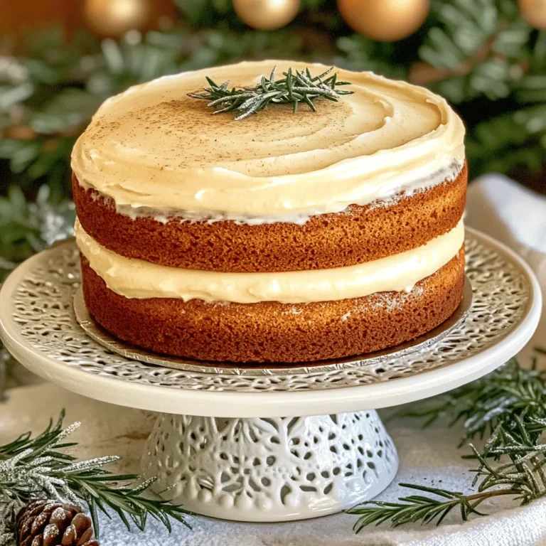- 2 cups all-purpose flour - 1 ½ teaspoons baking powder - ½ teaspoon baking soda - ½ teaspoon salt - 1 teaspoon ground nutmeg - ½ teaspoon ground cinnamon - 1 cup unsalted butter, softened to room temperature - 1 ½ cups granulated sugar - 4 large eggs, at room temperature - 1 cup eggnog (store-bought or homemade) - 1 teaspoon pure vanilla extract - 1 cup powdered sugar - 2 tablespoons milk - Extra ground nutmeg and cinnamon for garnish When making this eggnog cake, start with the dry ingredients. Whisk them well to combine. This step helps the baking powder and soda work evenly when baking. Next, let’s move to the wet ingredients. Cream the butter and sugar until light and fluffy. This adds air to your cake, making it soft. Then, add the eggs, one by one. Mix well after each. This helps your cake rise nicely. Now, pour in the eggnog and vanilla. The eggnog is the star! It gives the cake that rich, festive flavor. Mix until combined, but don’t overmix. Combine the dry and wet ingredients slowly. This careful mixing keeps your cake fluffy. For the frosting, whisk sugar and milk until it’s smooth. Adjust the milk if needed. Remember, this cake shines with a sprinkle of nutmeg and cinnamon on top. It adds a touch of warmth and cheer to your festive table. For the complete steps, check the Full Recipe. Enjoy this delightful treat! - Preheat the oven to 350°F (175°C) - Grease and flour two 9-inch round cake pans First, preheat your oven. This helps the cake bake evenly. Next, grease and flour your pans. This step is key to keeping the cakes from sticking. - Whisk together dry ingredients in a bowl and set aside In a medium bowl, mix the dry ingredients. Add the flour, baking powder, baking soda, salt, nutmeg, and cinnamon. Whisk them well and set this bowl aside for now. - Beat butter and sugar until light and fluffy In a large bowl, cream the butter and sugar together. Use an electric mixer on medium speed. Beat for about 3-4 minutes. You want the mix to be light and fluffy. - Add eggs one at a time, then mix in eggnog and vanilla Now, add the eggs to your butter and sugar mix. Do this one at a time. Mix well after each egg. Next, pour in the eggnog and vanilla. Mix until just combined. - Gradually add dry ingredients to wet ingredients Take your dry mix and slowly add it to the wet mix. Do this while mixing on low speed. Be careful not to overmix. This keeps the cake light and fluffy. - Divide the batter into prepared pans and bake for 25-30 minutes Now, divide the batter evenly between your pans. Smooth the tops with a spatula. Place the pans in the oven and bake for 25-30 minutes. The cakes are done when a toothpick comes out clean. - Let cakes cool in pans for 10 minutes, then transfer to wire racks Once baked, remove the cakes from the oven. Let them cool in the pans for 10 minutes. After that, turn them out onto wire racks to cool completely. - Make frosting and assemble the cake, then garnish For the frosting, mix powdered sugar and milk until smooth. If it's too thick, add a bit more milk. Once your cakes are cool, place one layer on a plate. Spread frosting on top, then add the second layer. Frost the top and sides. Finally, dust with extra nutmeg and cinnamon. Enjoy making this eggnog cake! For the complete recipe, refer to the Full Recipe section. To make your eggnog cake truly special, focus on texture. Here are two key tips: - Avoid overmixing: Mix the batter just until combined. Too much mixing can make the cake tough. - Use room temperature ingredients: This helps the butter and eggs blend well. It leads to a smoother batter and a lighter cake. Baking is a science, and small details matter. Follow these tips for best results: - Test for doneness with a toothpick: Insert a toothpick into the center of the cake. If it comes out clean, your cake is ready. - Rotate pans halfway through baking: This ensures even cooking. Ovens can have hot spots, and turning the pans helps the cakes bake evenly. Frosting makes your cake shine! Here’s how to adjust it: - How to adjust frosting consistency: If your frosting is too thick, add a bit more milk. Mix until you reach a smooth texture. - Adding flavors like rum or almond extract: A splash of rum can boost flavor. Almond extract adds a nice twist too. Just be careful not to overpower the cake. For the full recipe of this delightful treat, check out the [Full Recipe]. {{image_4}} You can make your eggnog cake even more exciting! Try adding chocolate chips or nuts to the batter. Chocolate chips add sweetness and richness. Nuts bring a nice crunch and flavor. You can use walnuts or pecans for a tasty twist. Using different spices can change the flavor too! Along with nutmeg and cinnamon, try adding ginger or allspice. These spices give the cake warmth and depth. Experiment to find your favorite mix! Want a layered cake? Just bake three 8-inch rounds instead of two 9-inch rounds. Stack the layers with frosting in between for a stunning look. This adds height and impresses your guests. You can also convert this recipe into cupcakes! Pour the batter into lined muffin tins. Bake for about 18–20 minutes. This is perfect for smaller servings and easy sharing. If you need a gluten-free option, use gluten-free flour. Many blends work well in baking. This keeps the cake fluffy and delicious without wheat. For a vegan version, substitute eggs and butter. Use flax eggs or applesauce in place of eggs. Coconut oil or vegan butter can replace the butter. These swaps keep the cake moist and tasty. Feel free to explore these variations! You can create your own delightful eggnog cake. For the full recipe, check the earlier sections. To keep your eggnog cake fresh at room temperature, wrap it in plastic wrap. Place it in an airtight container. This helps keep moisture in, which is key for a soft texture. Make sure the cake cools completely before wrapping. If you want to refrigerate, put it in the fridge. It lasts longer that way but may dry out. So, use a tight container to avoid this. Freezing the cake is easy! First, let the cake cool completely. Wrap each layer in plastic wrap tightly. Then, place the wrapped layers in a freezer bag or container. This keeps out air and prevents freezer burn. For frosting, store it in a separate airtight container. When ready to use, thaw the cake layers in the fridge overnight. You can also let them sit at room temperature. This way, they taste fresh. When stored well, the cake can stay fresh for about 3 days at room temperature. In the fridge, it lasts up to a week. If you freeze it, the cake can be good for about 3 months. Always check for any off smells or dry spots before serving. Enjoy this festive treat when it’s at its best! Eggnog cake has a warm and cozy flavor. You will taste hints of nutmeg and cinnamon. The cake feels rich and moist, thanks to the eggnog. The sweetness is balanced, making it perfect for the holidays. Each bite tastes like the festive season wrapped in cake. Yes, you can use homemade eggnog! Homemade eggnog often tastes fresher and richer. It allows you to control the spices and sweetness. Plus, you can adjust the thickness to your liking. This makes your eggnog cake even more special. To reduce sweetness, cut back on sugar in the batter. Try using one cup of sugar instead of one and a half cups. You can also add a pinch of salt to balance flavors. If the cake still tastes sweet, pair it with less sweet frosting. This helps create a well-rounded dessert. If you need a substitute, use milk or cream. You can add spices like nutmeg and cinnamon for flavor. Another option is to mix milk with vanilla extract and a bit of sugar. This gives a similar taste without eggnog. Yes, you can add alcohol for extra flavor! Try dark rum, bourbon, or brandy. Add about one to two tablespoons to the batter. This adds a nice warmth and depth to the cake. Just be sure to adjust the liquid ingredients slightly. Grease and flour the pans very well. Use butter or non-stick spray to coat the pans. Then, add a light dusting of flour. You can also use parchment paper for extra security. This will help your cake come out clean and perfect every time. To make a delicious eggnog cake, gather your dry and wet ingredients, and mix them wisely. Follow the step-by-step instructions to bake and cool the cakes. Don’t forget the frosting; it adds the perfect touch. Use the tips to make a perfect cake texture. You can try variations like adding spices or nuts. Store your cake properly for lasting freshness. This eggnog cake is a festive treat that brings joy. Enjoy baking, and savor each bite of your creation!