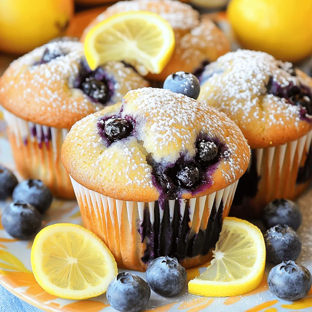 To make the best lemon blueberry muffins, you need these ingredients: - 2 cups all-purpose flour - 1 cup granulated sugar - 2 teaspoons baking powder - 1/2 teaspoon baking soda - 1/2 teaspoon salt - 1/2 cup unsalted butter, melted - 2 large eggs - 1/2 cup plain Greek yogurt - 1/4 cup lemon juice - 1 teaspoon vanilla extract - Zest of 1 medium lemon - 1 1/2 cups fresh blueberries Gather these items before you start. Each ingredient plays a key role. The flour gives structure. The sugar adds sweetness. Baking powder and soda help the muffins rise. Salt enhances flavor. Butter makes them rich and moist. Eggs bind the mix. Greek yogurt adds a nice texture and tang. Fresh lemon juice and zest give that bright, fresh flavor. Finally, blueberries burst with sweetness in every bite. For the full recipe, check out the detailed instructions in the [Full Recipe]. Enjoy baking! Preheat your oven to 375°F (190°C). I like to use paper liners in my muffin tin. They keep the muffins from sticking and make cleanup easy. If you prefer, you can lightly grease each muffin cup with butter or oil. In a large bowl, mix the dry ingredients. Combine 2 cups of all-purpose flour, 1 cup of granulated sugar, 2 teaspoons of baking powder, 1/2 teaspoon of baking soda, and 1/2 teaspoon of salt. Whisk these together well. This step is key to making sure your muffins rise nicely. In a separate bowl, whisk together the wet ingredients. Use 1/2 cup of melted butter, 2 large eggs, 1/2 cup of plain Greek yogurt, 1/4 cup of freshly squeezed lemon juice, and the zest of 1 lemon. Lastly, add 1 teaspoon of vanilla extract. Mix until it’s smooth. Make sure the butter is not too hot to avoid cooking the eggs. Gently pour the wet mixture into the bowl with the dry ingredients. Use a spatula or wooden spoon to stir. Make sure you mix until just combined. It’s okay if the batter is a bit lumpy. Overmixing can make your muffins tough. Now for the star of the show! Carefully fold in 1 1/2 cups of fresh blueberries. Use a spatula and be gentle. You want to keep the blueberries whole. This adds great flavor and color to your muffins. Spoon the muffin batter into your prepared muffin cups. Fill each cup about two-thirds full. This allows room for rising. Place the muffin tin in your preheated oven. Bake for 18 to 20 minutes. The muffins will be golden brown. A toothpick should come out clean when inserted in the center. After baking, remove the muffins from the oven. Let them cool in the tin for about 5 minutes. Then, transfer them to a wire rack to cool completely. For a nice touch, you can dust them with powdered sugar before serving. Place them on a colorful platter. This makes your muffins look even more inviting. For more details, check out the Full Recipe. To get soft and fluffy muffins, mix the dry and wet ingredients gently. Overmixing makes muffins dense. You want a lumpy batter. This keeps them light. Use room temperature eggs and yogurt. They help the muffins rise better. Lastly, fill each muffin cup about two-thirds full. This allows space for them to grow. Sinking blueberries can spoil your muffin look. To stop this, toss the blueberries in a bit of flour before adding them to the batter. This helps them stay suspended. Fold them in gently. This way, they keep their shape and flavor. You want bursts of blueberry goodness in each bite! To keep your lemon blueberry muffins fresh, store them in an airtight container. Place a piece of paper towel inside. This absorbs excess moisture. They stay tasty for up to 3 days at room temperature. You can also freeze them. Wrap each muffin in plastic wrap and place in a freezer bag. They last for 2 to 3 months. Just thaw them overnight before enjoying! You can find the full recipe above for more details. {{image_4}} Want to make your muffins even more special? You can add nuts or seeds. Chopped walnuts or pecans work great. They add a nice crunch and flavor. Sunflower seeds or chia seeds are also good choices. Add about 1/2 cup of your chosen nuts or seeds to the batter. Mix them in gently with the blueberries. This makes your lemon blueberry muffins even more delicious and nutritious. You can easily swap some ingredients in this recipe. If you want a bit less sugar, use 3/4 cup of honey instead of the granulated sugar. For a dairy-free option, try almond milk instead of Greek yogurt. You can use coconut oil instead of butter. These changes keep the muffins tasty while catering to your needs. Just remember, the texture might change a little. If you want gluten-free muffins, it’s simple! Just replace the all-purpose flour with a gluten-free blend. Make sure the blend includes xanthan gum. This helps the muffins rise and stay fluffy. Follow the same steps in the [Full Recipe]. Your gluten-free lemon blueberry muffins will still taste amazing, with that zesty lemon flavor and juicy blueberries. Enjoy your baking! Each Lemon Blueberry Muffin has about 180 calories. This number can change based on how you make them. For example, using less sugar or butter can lower the calories. These muffins are packed with nutrients. Here are some important ones: - Carbohydrates: About 28 grams, great for energy. - Protein: Around 4 grams, good for muscle health. - Fat: About 7 grams, mostly from butter and yogurt. - Fiber: Roughly 1 gram, which helps digestion. - Vitamin C: Thanks to the lemon, these muffins boost your immune system. Each ingredient in these muffins brings health perks: - Blueberries: These tiny fruits are full of antioxidants. They help fight free radicals. - Lemon Juice: This adds flavor and vitamin C. It may support skin health and hydration. - Greek Yogurt: It has probiotics, which aid gut health and digestion. - Whole Wheat Flour (if used): This adds fiber, which can help you feel full. Enjoy these muffins as a tasty treat that also offers good nutrition. For the full recipe, check out the [Full Recipe]. To make these muffins vegan, replace the eggs with flax eggs. Mix 1 tablespoon of ground flaxseed with 2.5 tablespoons of water for each egg. Use a plant-based yogurt in place of Greek yogurt. You can also swap melted butter for coconut oil or vegan butter. Yes, you can freeze these muffins. Allow them to cool completely, then wrap each muffin in plastic wrap. Place them in a freezer bag or container. They can stay fresh in the freezer for up to three months. When you want one, just thaw it at room temperature. If you don't have Greek yogurt, you can use regular yogurt or a dairy-free yogurt. Sour cream also works well. If you need a non-dairy option, try silken tofu blended until smooth. This keeps the muffins moist and fluffy. These muffins stay fresh for about three days at room temperature. Store them in an airtight container. If you want them to last longer, keep them in the fridge for up to a week. Just be sure to warm them in the microwave before serving. Yes, frozen blueberries work great in this recipe. They can add a nice burst of flavor. Just make sure to fold them in gently to avoid smashing them. You can use frozen blueberries without thawing them. This keeps the batter cool and helps the muffins rise better. For the full recipe, check the detailed instructions above. To make these delightful lemon blueberry muffins, gather the following ingredients: - 2 cups all-purpose flour - 1 cup granulated sugar - 2 teaspoons baking powder - 1/2 teaspoon baking soda - 1/2 teaspoon salt - 1/2 cup unsalted butter, melted and slightly cooled - 2 large eggs, at room temperature - 1/2 cup plain Greek yogurt - 1/4 cup freshly squeezed lemon juice - Zest of 1 medium lemon - 1 teaspoon pure vanilla extract - 1 1/2 cups fresh blueberries These simple ingredients make a big difference in flavor. The mix of lemon and blueberries brings a fresh taste. When you use fresh blueberries, you'll get juicy bursts in every muffin. The Greek yogurt adds moisture and a nice texture. Don't forget the lemon zest! It packs in that bright flavor. If you want to see how to use these ingredients, check out the [Full Recipe]. Now you have all the steps to make Lemon Blueberry Muffins. You learned the ingredients, how to mix them, and tips for the best texture. Plus, I shared fun ways to change the recipe. Remember, these muffins are tasty, fun, and full of healthy benefits. Enjoy baking them for yourself or to share. Your loved ones will love this treat! Happy baking!